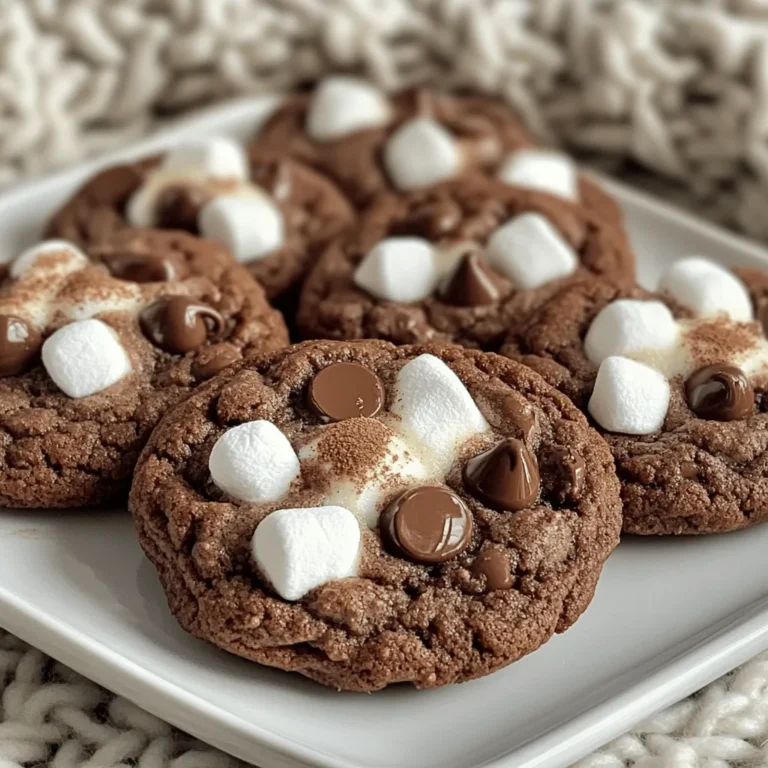 For these hot chocolate cookies, you need a few simple yet essential ingredients. Each one plays a key role in making these cookies chewy and delicious. Here’s what you’ll need: - 1 cup unsalted butter, softened - 1 cup brown sugar, packed - 1/2 cup granulated sugar - 2 large eggs - 2 teaspoons vanilla extract - 2 cups all-purpose flour - 1/2 cup cocoa powder - 1 teaspoon baking soda - 1/2 teaspoon salt - 1 cup semi-sweet chocolate chips - 1 cup mini marshmallows - 1/2 teaspoon ground cinnamon (optional) These ingredients create a rich, chocolatey flavor that makes every bite feel like a warm hug. The butter gives the cookies their rich texture, while brown sugar adds that lovely depth of flavor. The mini marshmallows? They melt slightly in the oven, giving you sweet pockets of gooey goodness. If you want to mix it up, you can add the optional ground cinnamon for a spicy touch. It pairs well with the chocolate, adding warmth and a little twist. This list covers everything you need for the full recipe. Happy baking! 1. Preheat the oven and line the baking sheets: Start by setting your oven to 350°F (175°C). While it heats up, grab two baking sheets and line them with parchment paper. This helps the cookies not stick. 2. Creaming the butter and sugars: In a large bowl, add 1 cup of softened unsalted butter, 1 cup of packed brown sugar, and 1/2 cup of granulated sugar. Use a mixer or a wooden spoon to beat them together until the mixture is smooth and fluffy. This should take about 3 minutes. 3. Adding eggs and vanilla extract: Next, crack in 2 large eggs, one at a time. Mix well after adding each egg. Then, stir in 2 teaspoons of vanilla extract. This step adds a lovely flavor to your cookies. 1. Whisking flour, cocoa powder, and leavening agents: In another bowl, whisk together 2 cups of all-purpose flour, 1/2 cup of cocoa powder, and 1 teaspoon of baking soda. This mix gives your cookies structure and that rich chocolate taste. 2. Incorporating salt and optional spices: Add 1/2 teaspoon of salt to the dry mix. If you like, sprinkle in 1/2 teaspoon of ground cinnamon. It adds warmth to the flavor. 1. Combining wet and dry ingredients: Slowly add the dry mix to the wet mixture. Stir gently until a dough forms. Be careful not to overmix; we want those cookies chewy! 2. Folding in chocolate chips and marshmallows: Now, fold in 1 cup of semi-sweet chocolate chips and 1 cup of mini marshmallows. This step is where the magic happens, making your cookies extra sweet and gooey. 3. Scooping dough onto baking sheets: Use a tablespoon or cookie scoop to drop rounded balls of dough onto the lined baking sheets. Leave about 2 inches between each cookie to allow them to spread. 1. Baking instructions (temperature and time): Place the baking sheets in the preheated oven and bake for 10-12 minutes. The edges should be set, but the centers can stay a bit soft. 2. Cooling tips before serving: After baking, let the cookies cool on the sheets for 5 minutes. Then, transfer them to wire racks to cool completely. This helps them firm up while keeping that chewy center. For the full recipe, check out the previous section. To make your hot chocolate cookies chewy and delicious, follow these tips: - Ensuring the right dough consistency: Your cookie dough should be thick but not dry. If it’s too wet, add a little flour. If it’s too dry, a touch of milk can help. The right mix will give you soft centers. - Adjusting baking times for soft centers: Bake your cookies for about 10 to 12 minutes. The edges should look set, but the center should still look soft. This will ensure a gooey, melted chocolate experience. Sometimes you might not have all the ingredients. Here are some easy swaps: - Finding alternatives for butter and sugar: You can use coconut oil instead of butter. For sugar, try using maple syrup or honey. Adjust the amount since liquids will change the dough’s consistency. - Dairy-free or gluten-free options: For a dairy-free version, use almond milk and dairy-free chocolate chips. To make it gluten-free, substitute regular flour with a 1:1 gluten-free flour blend. Want to take your cookies to the next level? Here are some ideas: - Adjusting cocoa powder for richer flavor: Use high-quality cocoa powder for a deeper chocolate taste. You can add an extra tablespoon of cocoa powder for a richer flavor. - Adding nuts or other mix-ins for variation: Mix in chopped nuts, like walnuts or pecans, for a crunchy texture. You can also add white chocolate chips or dried fruit for a fun twist. {{image_2}} I love how simple it is to switch up flavors in hot chocolate cookies. Two of my favorite variations are: - Peppermint Hot Chocolate Cookies: Add 1 teaspoon of peppermint extract to the dough. This gives a refreshing zing that pairs perfectly with chocolate. You can also add crushed candy canes on top for a festive crunch. - Salted Caramel Hot Chocolate Cookies: Mix in 1 cup of caramel bits into the dough. After baking, sprinkle a little sea salt on top. This salty-sweet combo takes your cookies to the next level. Toppings make hot chocolate cookies even more fun. Here are some ideas: - Decorative chocolate drizzle or sprinkles: Melt some chocolate and drizzle it over the cookies once they cool. Use colorful sprinkles to add a pop of color. - Adding flavored extracts for a twist: Besides vanilla, try almond or orange extract. A little goes a long way in enhancing the flavor. Make these cookies fit the season with some easy changes: - Fall flavors: pumpkin spice: Add 1 teaspoon of pumpkin spice to the dough for a warm autumn flavor. This makes the cookies cozy and perfect for chilly days. - Holiday-themed cookies with festive sprinkles: Use red and green sprinkles during the holidays. You can also add mini marshmallows on top right before baking for a cute touch. These variations keep the recipe fresh and exciting. For the full recipe, check out the earlier section. To keep your hot chocolate cookies fresh, use airtight containers. This helps seal in flavor and moisture. Avoid leaving cookies exposed to air and moisture. This exposure can make them hard and dry. You can freeze cookie dough for later baking. Scoop the dough into balls and place them on a baking sheet. Freeze them for about an hour, then transfer them to a zip-top bag. When you want to bake them, take out the dough and thaw it in the fridge overnight. Bake as usual after thawing. Hot chocolate cookies stay fresh for about one week at room temperature. Store them in an airtight container for best results. You’ll know the cookies have gone bad if they become hard or develop an off smell. Enjoy these cookies while they are still soft and chewy for the best taste! For the complete recipe, check out the Full Recipe section. Store hot chocolate cookies in an airtight container. This keeps them fresh for days. You can separate layers with parchment paper to avoid sticking. Keep them in a cool, dry place. For longer storage, you can freeze them. They last about three months in the freezer. Yes, you can make the dough ahead of time. Prepare the dough and shape it into balls. Place the balls on a baking sheet and freeze them. Once frozen, transfer the dough balls to a zip-top bag. When you want fresh cookies, bake them straight from the freezer. Just add a couple of extra minutes to the baking time. Check the cookies after ten minutes. The edges should look set, while the center remains soft. If the edges are golden brown, it’s time to take them out. Remember, cookies firm up as they cool. Avoid overbaking for that chewy texture. Yes, you can mix it up! Try using white chocolate chips, butterscotch chips, or peanut butter chips. You could even add nuts or dried fruit for a twist. Each option adds its own flavor and texture to the cookies. You can easily make these cookies gluten-free. Use a gluten-free flour blend instead of all-purpose flour. Make sure the blend contains xanthan gum for better texture. Check labels on chocolate chips and marshmallows, as some may contain gluten. Enjoy a delicious gluten-free treat! You now have the full guide to making delicious hot chocolate cookies. We covered the essential ingredients, step-by-step instructions, and helpful tips. You can also explore fun variations and storage methods. Remember, baking is a joy. Don’t be afraid to make changes and try new flavors. With practice, you'll perfect these treats and make others happy. Enjoy your baking adventure and share your creations!