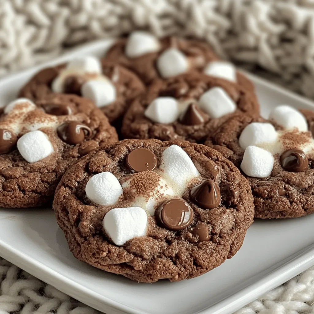 For these hot chocolate cookies, you need a few simple yet essential ingredients. Each one plays a key role in making these cookies chewy and delicious. Here’s what you’ll need: - 1 cup unsalted butter, softened - 1 cup brown sugar, packed - 1/2 cup granulated sugar - 2 large eggs - 2 teaspoons vanilla extract - 2 cups all-purpose flour - 1/2 cup cocoa powder - 1 teaspoon baking soda - 1/2 teaspoon salt - 1 cup semi-sweet chocolate chips - 1 cup mini marshmallows - 1/2 teaspoon ground cinnamon (optional) These ingredients create a rich, chocolatey flavor that makes every bite feel like a warm hug. The butter gives the cookies their rich texture, while brown sugar adds that lovely depth of flavor. The mini marshmallows? They melt slightly in the oven, giving you sweet pockets of gooey goodness. If you want to mix it up, you can add the optional ground cinnamon for a spicy touch. It pairs well with the chocolate, adding warmth and a little twist. This list covers everything you need for the full recipe. Happy baking! 1. Preheat the oven and line the baking sheets: Start by setting your oven to 350°F (175°C). While it heats up, grab two baking sheets and line them with parchment paper. This helps the cookies not stick. 2. Creaming the butter and sugars: In a large bowl, add 1 cup of softened unsalted butter, 1 cup of packed brown sugar, and 1/2 cup of granulated sugar. Use a mixer or a wooden spoon to beat them together until the mixture is smooth and fluffy. This should take about 3 minutes. 3. Adding eggs and vanilla extract: Next, crack in 2 large eggs, one at a time. Mix well after adding each egg. Then, stir in 2 teaspoons of vanilla extract. This step adds a lovely flavor to your cookies. 1. Whisking flour, cocoa powder, and leavening agents: In another bowl, whisk together 2 cups of all-purpose flour, 1/2 cup of cocoa powder, and 1 teaspoon of baking soda. This mix gives your cookies structure and that rich chocolate taste. 2. Incorporating salt and optional spices: Add 1/2 teaspoon of salt to the dry mix. If you like, sprinkle in 1/2 teaspoon of ground cinnamon. It adds warmth to the flavor. 1. Combining wet and dry ingredients: Slowly add the dry mix to the wet mixture. Stir gently until a dough forms. Be careful not to overmix; we want those cookies chewy! 2. Folding in chocolate chips and marshmallows: Now, fold in 1 cup of semi-sweet chocolate chips and 1 cup of mini marshmallows. This step is where the magic happens, making your cookies extra sweet and gooey. 3. Scooping dough onto baking sheets: Use a tablespoon or cookie scoop to drop rounded balls of dough onto the lined baking sheets. Leave about 2 inches between each cookie to allow them to spread. 1. Baking instructions (temperature and time): Place the baking sheets in the preheated oven and bake for 10-12 minutes. The edges should be set, but the centers can stay a bit soft. 2. Cooling tips before serving: After baking, let the cookies cool on the sheets for 5 minutes. Then, transfer them to wire racks to cool completely. This helps them firm up while keeping that chewy center. For the full recipe, check out the previous section. To make your hot chocolate cookies chewy and delicious, follow these tips: - Ensuring the right dough consistency: Your cookie dough should be thick but not dry. If it’s too wet, add a little flour. If it’s too dry, a touch of milk can help. The right mix will give you soft centers. - Adjusting baking times for soft centers: Bake your cookies for about 10 to 12 minutes. The edges should look set, but the center should still look soft. This will ensure a gooey, melted chocolate experience. Sometimes you might not have all the ingredients. Here are some easy swaps: - Finding alternatives for butter and sugar: You can use coconut oil instead of butter. For sugar, try using maple syrup or honey. Adjust the amount since liquids will change the dough’s consistency. - Dairy-free or gluten-free options: For a dairy-free version, use almond milk and dairy-free chocolate chips. To make it gluten-free, substitute regular flour with a 1:1 gluten-free flour blend. Want to take your cookies to the next level? Here are some ideas: - Adjusting cocoa powder for richer flavor: Use high-quality cocoa powder for a deeper chocolate taste. You can add an extra tablespoon of cocoa powder for a richer flavor. - Adding nuts or other mix-ins for variation: Mix in chopped nuts, like walnuts or pecans, for a crunchy texture. You can also add white chocolate chips or dried fruit for a fun twist. {{image_2}} I love how simple it is to switch up flavors in hot chocolate cookies. Two of my favorite variations are: - Peppermint Hot Chocolate Cookies: Add 1 teaspoon of peppermint extract to the dough. This gives a refreshing zing that pairs perfectly with chocolate. You can also add crushed candy canes on top for a festive crunch. - Salted Caramel Hot Chocolate Cookies: Mix in 1 cup of caramel bits into the dough. After baking, sprinkle a little sea salt on top. This salty-sweet combo takes your cookies to the next level. Toppings make hot chocolate cookies even more fun. Here are some ideas: - Decorative chocolate drizzle or sprinkles: Melt some chocolate and drizzle it over the cookies once they cool. Use colorful sprinkles to add a pop of color. - Adding flavored extracts for a twist: Besides vanilla, try almond or orange extract. A little goes a long way in enhancing the flavor. Make these cookies fit the season with some easy changes: - Fall flavors: pumpkin spice: Add 1 teaspoon of pumpkin spice to the dough for a warm autumn flavor. This makes the cookies cozy and perfect for chilly days. - Holiday-themed cookies with festive sprinkles: Use red and green sprinkles during the holidays. You can also add mini marshmallows on top right before baking for a cute touch. These variations keep the recipe fresh and exciting. For the full recipe, check out the earlier section. To keep your hot chocolate cookies fresh, use airtight containers. This helps seal in flavor and moisture. Avoid leaving cookies exposed to air and moisture. This exposure can make them hard and dry. You can freeze cookie dough for later baking. Scoop the dough into balls and place them on a baking sheet. Freeze them for about an hour, then transfer them to a zip-top bag. When you want to bake them, take out the dough and thaw it in the fridge overnight. Bake as usual after thawing. Hot chocolate cookies stay fresh for about one week at room temperature. Store them in an airtight container for best results. You’ll know the cookies have gone bad if they become hard or develop an off smell. Enjoy these cookies while they are still soft and chewy for the best taste! For the complete recipe, check out the Full Recipe section. Store hot chocolate cookies in an airtight container. This keeps them fresh for days. You can separate layers with parchment paper to avoid sticking. Keep them in a cool, dry place. For longer storage, you can freeze them. They last about three months in the freezer. Yes, you can make the dough ahead of time. Prepare the dough and shape it into balls. Place the balls on a baking sheet and freeze them. Once frozen, transfer the dough balls to a zip-top bag. When you want fresh cookies, bake them straight from the freezer. Just add a couple of extra minutes to the baking time. Check the cookies after ten minutes. The edges should look set, while the center remains soft. If the edges are golden brown, it’s time to take them out. Remember, cookies firm up as they cool. Avoid overbaking for that chewy texture. Yes, you can mix it up! Try using white chocolate chips, butterscotch chips, or peanut butter chips. You could even add nuts or dried fruit for a twist. Each option adds its own flavor and texture to the cookies. You can easily make these cookies gluten-free. Use a gluten-free flour blend instead of all-purpose flour. Make sure the blend contains xanthan gum for better texture. Check labels on chocolate chips and marshmallows, as some may contain gluten. Enjoy a delicious gluten-free treat! You now have the full guide to making delicious hot chocolate cookies. We covered the essential ingredients, step-by-step instructions, and helpful tips. You can also explore fun variations and storage methods. Remember, baking is a joy. Don’t be afraid to make changes and try new flavors. With practice, you'll perfect these treats and make others happy. Enjoy your baking adventure and share your creations!