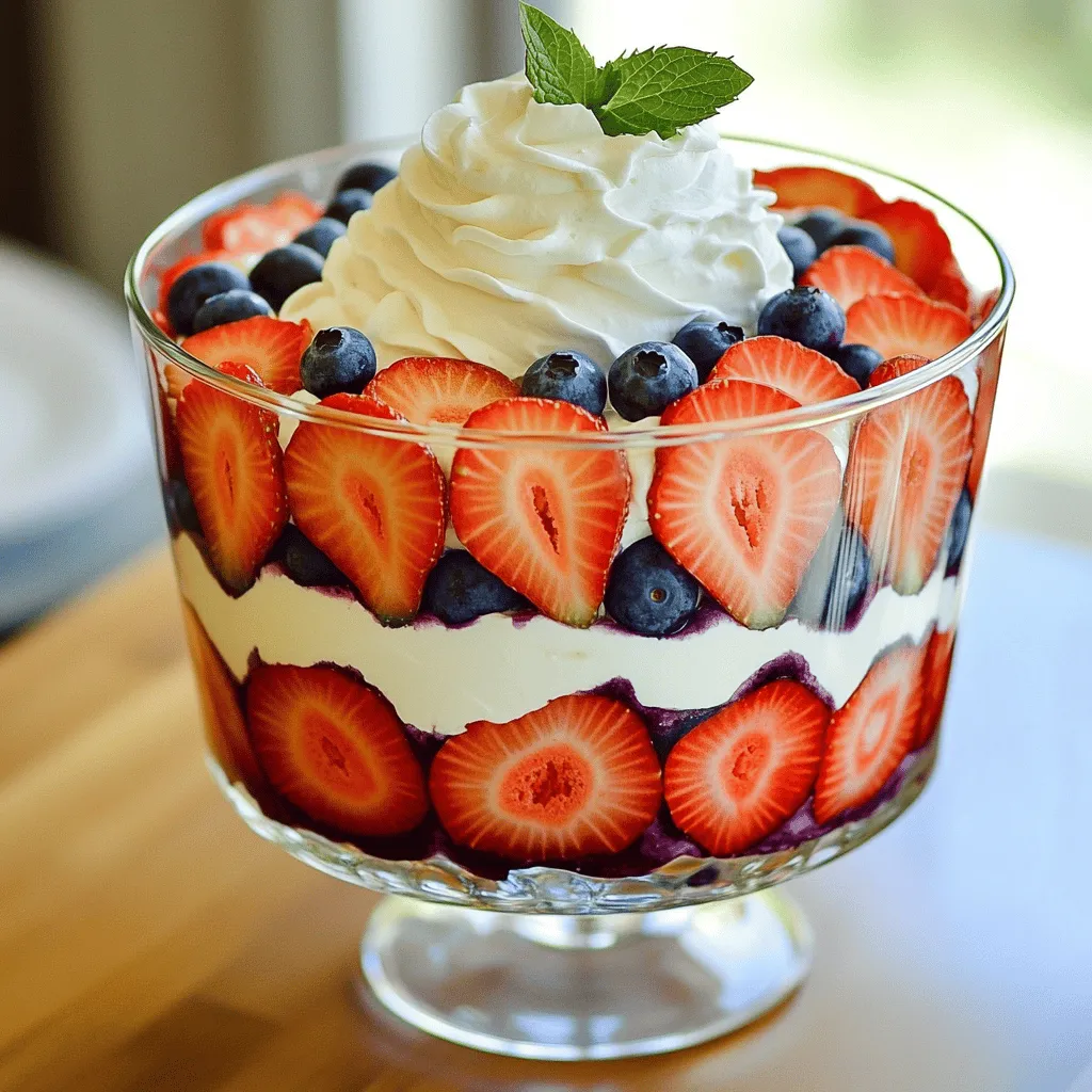 - 2 cups fresh strawberries, hulled and sliced - 2 cups fresh blueberries - 1 cup vanilla Greek yogurt - 1 cup heavy whipping cream - 1/4 cup powdered sugar - 1 teaspoon pure vanilla extract - 1 package ladyfinger cookies or pound cake, cut into cubes - Fresh mint leaves for garnish Gathering fresh fruits is key for this trifle. Strawberries and blueberries not only look great but taste amazing. You want ripe berries, so choose ones that smell sweet and feel firm. For the cream mixture, I recommend using vanilla Greek yogurt. It adds creaminess and a rich flavor. The heavy whipping cream makes the trifle light and fluffy. When you add powdered sugar, it sweetens the cream just right. A splash of pure vanilla extract gives it a lovely aroma. The base can be ladyfinger cookies or pound cake, depending on your taste. Ladyfingers are light and soak up the flavors well. Pound cake adds a nice density. For garnish, fresh mint leaves give a pop of color and freshness. They also enhance the dessert's flavor. When you layer the trifle, these ingredients create a beautiful presentation. You can find the full recipe to guide you through the entire process. - Whip heavy cream until soft peaks form. - Add powdered sugar and vanilla extract. This step is key for a rich taste. The whipped cream adds a light texture. - Start with strawberries, then add cookies. - Spoon yogurt, followed by blueberries. Layering is fun and lets you create a colorful dish. The berries provide both flavor and color. - Repeat layers and finish with whipped cream. - Chill for 1 hour before serving. Chilling allows the flavors to blend well. This dessert looks beautiful and tastes even better! You can find the Full Recipe for more details. - Use a clear glass trifle bowl for visual appeal. This shows off the lovely layers. - Serve in individual dessert cups for portion control. This makes it easy for guests. - For a fluffier texture, chill the mixing bowl and beaters before you start. - Avoid overbeating to prevent a grainy texture. Stop when stiff peaks form. - Consider adding a splash of lemon juice for brightness. This adds a fresh twist. - Experiment with flavored yogurts for a twist. Try berry or vanilla yogurt for fun. For more details, check the Full Recipe. {{image_2}} You can switch up the fruits in this trifle. Try using raspberries or blackberries instead of strawberries. These berries add a tart flavor and a lovely color. You can also add layers of peaches or kiwi for a fun twist. Peaches bring a sweet and juicy taste, while kiwi adds a bright pop of green. Mixing different fruits can make your trifle even more colorful and tasty. If you need gluten-free options, don’t worry! You can use gluten-free ladyfinger cookies or gluten-free pound cake. These will still provide that great texture. You can also try gluten-free granola instead of cookies. The granola adds a nice crunch and flavor. This way, everyone can enjoy the trifle without worries. For a dairy-free version, swap heavy cream with coconut cream. Coconut cream gives a rich and creamy texture. You can also use dairy-free yogurt in place of Greek yogurt. This will keep your trifle delicious and light. These simple changes make it easy for anyone to enjoy this treat. For the full recipe, check out the detailed instructions and ingredients list. Keep the trifle refrigerated for up to 2 days. This dessert tastes best when fresh, but it can last a bit longer. Cover the trifle with plastic wrap to maintain its freshness. This helps keep the whipped cream light and fluffy. Freezing the trifle is not recommended. The flavors and textures may be compromised when thawed. The cream can separate, and the fruit may become mushy. It’s best to enjoy this dessert fresh. While best enjoyed fresh, you can serve leftovers the next day. If the trifle has settled, stir it lightly before serving. This helps mix the layers again and keeps it delicious. Serve it chilled for a refreshing treat. For the full recipe, check out the Red, White and Blueberry Trifle instructions. Yes, you can prepare it a day in advance and chill it overnight. This helps the flavors blend well. Just be sure to cover it tightly with plastic wrap. Pound cake or even sponge cake can work well as alternatives. Both options add a soft texture that pairs nicely with the cream and fruit layers. It should form stiff peaks and hold its shape without collapsing. This means it will stay fluffy on top of your trifle. If you overbeat it, it may turn grainy, so watch closely! This article showed how to create a tasty fruit trifle. You learned about the fresh fruits and creamy mixture needed. I provided easy steps to layer the dessert and tips for a beautiful presentation. You also discovered fun variations and storage tips to keep it fresh. In the end, this trifle is a versatile treat. Whether you follow the recipe exactly or make it your own, enjoy the process and have fun!