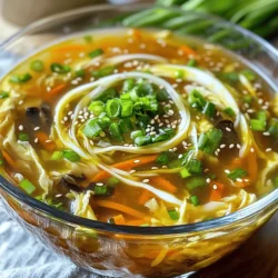 - 1 tablespoon vegetable oil - 1 medium onion, diced - 2 cloves garlic, minced - 1 inch piece of ginger, grated - 2 cups shredded cabbage (green and/or red) - 1 cup shredded carrots - 1 cup sliced shiitake mushrooms (or any mushrooms of your choice) These essential ingredients form the heart of your Egg Roll Soup. The vegetable oil gives a nice base when you sauté the aromatics. Onions, garlic, and ginger add depth and warmth. The cabbage, carrots, and mushrooms bring color and crunch, making every bite delightful. - 4 cups chicken or vegetable broth - 2 tablespoons soy sauce (low-sodium preferred) - 1 tablespoon sesame oil - 1 teaspoon rice vinegar The broth is the soul of the soup. Chicken broth gives a rich flavor, while vegetable broth suits those who prefer plant-based meals. Soy sauce adds saltiness and umami, while sesame oil lends a nutty aroma. Rice vinegar adds a subtle tang, balancing all the flavors. - 2 green onions, sliced (for garnish) - Sesame seeds (for garnish) - Salt and pepper to taste Garnishes elevate your soup. Green onions add a fresh, crisp note. Sesame seeds provide a nutty crunch. A sprinkle of salt and pepper ties everything together, enhancing each flavor. For the full recipe, check out the details earlier. Sautéing the aromatics First, grab a large pot and heat the vegetable oil over medium heat. Add the diced onion. Sauté it until it turns translucent, which takes about 3 to 4 minutes. Next, stir in the minced garlic and grated ginger. Cook them for about 1 minute until they smell great. Cooking the vegetables Now, add the shredded cabbage, carrots, and sliced mushrooms to the pot. Cook these for about 5 to 7 minutes. Stir often so they soften but still stay crisp. Adding the broth and simmering Pour in the chicken or vegetable broth. Bring the mixture to a boil. Once it boils, lower the heat and let it simmer for 10 minutes. This step helps all the flavors blend together. Incorporating seasonings Stir in the soy sauce, sesame oil, and rice vinegar. Taste it and add salt and pepper as needed. Adjust these to your liking. Drizzling in the eggs Beat the eggs in a bowl. Slowly drizzle them into the hot soup while stirring gently. This creates lovely egg ribbons. Cook for another 2 to 3 minutes until the eggs are cooked through. Serving suggestions Once ready, remove the pot from the heat. Serve the soup hot in clear bowls. Garnish with sliced green onions and a sprinkle of sesame seeds. For a fun twist, provide chopsticks and a spoon for your guests. Enjoy this easy and warm dish, perfect for any day! For the full recipe, check out the details above. Using homemade broth makes a big difference. It tastes fresh and rich. Store-bought broth is quick and easy. Look for low-sodium options to control salt. You can always add more salt later, but you can’t take it away. To boost flavor, add spices like garlic powder or crushed red pepper. These spices add warmth and depth. Always taste as you go. Adjust seasoning to suit your taste. You may want more soy sauce or a splash of rice vinegar. Trust your palate! Eggs must be added carefully. Pour them slowly while stirring the soup. This helps create lovely egg ribbons. Overcooking them makes them rubbery. Keep the heat gentle after adding eggs. For veggies, aim for a slight crunch. Cook them just until they soften, but not mushy. This keeps your soup bright and colorful. For more details, check out the Full Recipe. {{image_2}} You can easily change the protein in your egg roll soup. Try adding chicken for a hearty twist. Cook it until golden and tender before adding it to the soup. Shrimp is another great option. It cooks quickly and adds a nice flavor. If you're looking for a plant-based choice, tofu works well. Use firm tofu and cube it before adding. This way, you get protein without meat. Want to make this soup vegan or vegetarian? Just swap the chicken broth for vegetable broth. You can also skip the eggs or replace them with a silken tofu blend. This gives you a similar texture without using eggs. For those needing gluten-free options, use tamari instead of soy sauce. This will keep the flavor while making it safe for gluten-free diets. If you like a kick, add sriracha to your soup. Just a spoonful can spice things up. You can also play with mushrooms. Try using different types like oyster or portobello. Each type brings its own flavor. This flexibility lets you customize your egg roll soup to your liking. You can find the full recipe [here](#). To keep your Egg Roll Soup fresh, store it in the fridge. Use an airtight container. It will stay good for about 3 to 4 days. When reheating, use a pot on medium heat. Stir often to warm it evenly. You can also use a microwave. Heat in short bursts and stir in between. If you want to keep Egg Roll Soup longer, freeze it. Let the soup cool down first. Then, pour it into freezer-safe containers. Leave some space at the top for expansion. It can last up to 3 months in the freezer. To thaw, place it in the fridge overnight. Reheat it in a pot or microwave until hot. Egg Roll Soup can last up to 4 days in the fridge. If frozen, it can last about 3 months. Always check for changes in smell or color before eating. Fresh ingredients make the best soup. For the full recipe, check the earlier section. Egg Roll Soup is a warm and comforting dish inspired by the classic egg roll. It blends rich broth with fresh vegetables and eggs. This soup comes from Chinese cuisine, where egg rolls are popular. The main elements include cabbage, carrots, and mushrooms, all sautéed to enhance their flavors. The broth ties everything together, creating a cozy meal. To add heat to your Egg Roll Soup, consider using a few spices. You can add red pepper flakes for a mild kick. Sriracha or chili oil works well for more heat. If you prefer fresh ingredients, jalapeños or Thai bird’s eye chilis can spice things up nicely. Just add them in small amounts, tasting as you go. Yes, you can substitute many vegetables in Egg Roll Soup. If you don’t have cabbage, try bok choy or spinach. For carrots, you can use bell peppers or snap peas. Broccoli and zucchini also add a great crunch. Feel free to mix and match based on what you have or prefer. To thicken your Egg Roll Soup, you have a few options. Cornstarch mixed with water can create a nice thickness. Simply mix one tablespoon of cornstarch with two tablespoons of water. Add this mixture to the soup and simmer until it thickens. You can also use a few pureed vegetables for a natural thickening method without losing flavor. Egg Roll Soup is a tasty dish packed with fresh veggies and rich flavors. We explored essential ingredients like broth, vegetables, and garnishes that make it shine. The step-by-step guide showed how to prepare and combine these elements to create a delicious soup. I shared tips to perfect your stock, enhance flavors, and how to adjust for dietary needs. Don't forget storage tips to keep your soup fresh. Experiment with protein and spices to make it your own! Enjoy this fun and flexible soup as a meal or a starter.