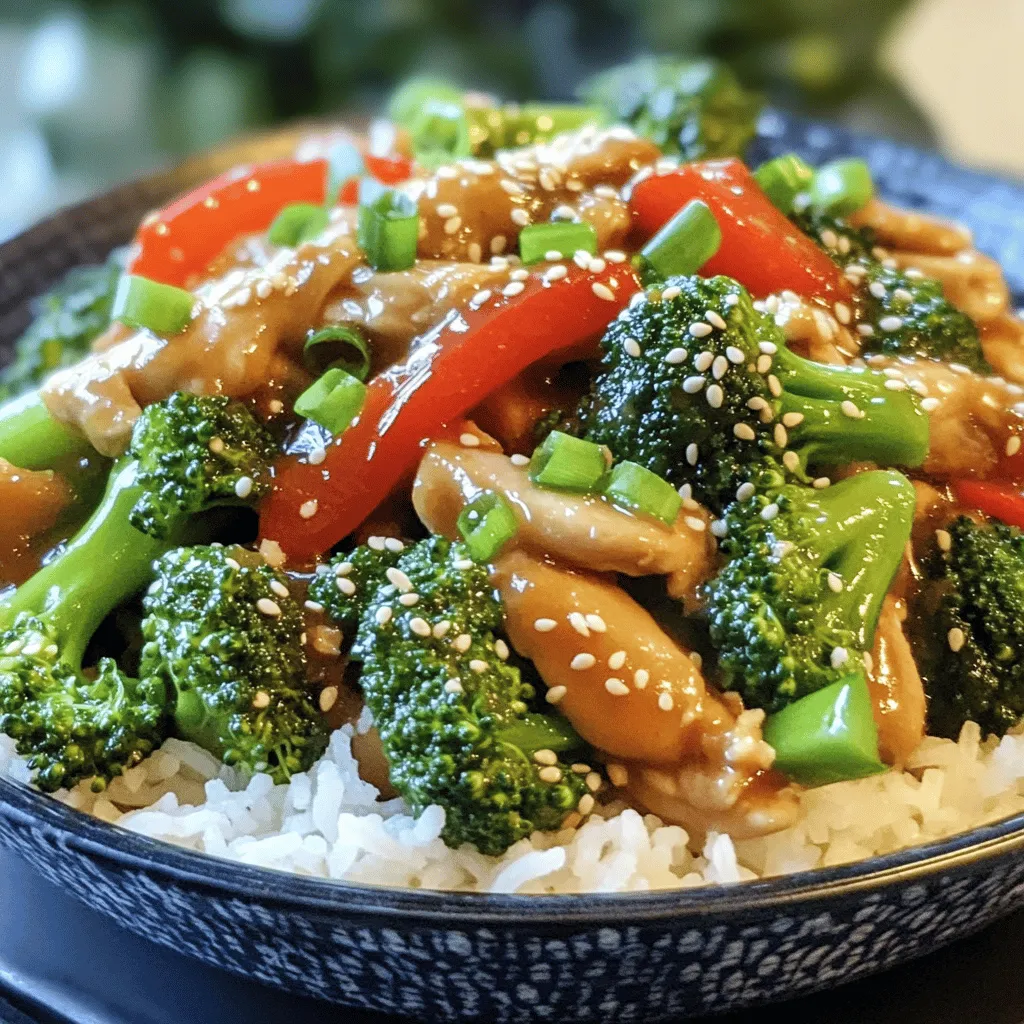 For a tasty Chinese Chicken & Broccoli Stir-Fry, gather these main ingredients: - 2 chicken breasts, thinly sliced - 2 cups broccoli florets - 1 red bell pepper, sliced - 2 cloves garlic, minced - 1 inch ginger, grated - 3 tablespoons soy sauce - 1 tablespoon oyster sauce (or hoisin sauce for vegetarian) - 1 tablespoon cornstarch - 1 tablespoon sesame oil - 1 tablespoon vegetable oil - Salt and pepper to taste - Cooked rice or noodles for serving I always like to use fresh produce. It really enhances the flavor. Here are my top picks: - Broccoli florets add crunch and nutrients. - Red bell pepper brings sweetness and color. - Fresh garlic and ginger provide a bold taste. The right sauces and seasonings make this dish shine. Consider these: - Soy sauce gives a savory umami flavor. - Oyster sauce adds depth and richness. - Sesame oil adds a nice nutty aroma. For more details, check the Full Recipe. This ensures you have all the steps and tips for a successful stir-fry. First, take your chicken breasts and slice them thinly. This helps them cook fast and evenly. In a bowl, mix the chicken with cornstarch, half of the soy sauce, and a pinch of salt and pepper. This step adds flavor and keeps the chicken tender. Let this marinate for about 15 minutes. This is a simple way to infuse flavor. Heat the vegetable oil in a large skillet or wok over medium-high heat. Once the oil is hot, add the marinated chicken. Stir-fry for about 5-7 minutes until the chicken turns golden and is cooked through. It’s important to stir often to avoid burning. Remove the chicken from the skillet and set it aside. In the same skillet, add sesame oil. This oil gives a great taste. Next, add minced garlic and grated ginger. Sauté them for about 30 seconds. When they smell good, you know it’s time to add the veggies. Add the broccoli and sliced red bell pepper to the skillet. Stir-fry these for 3-4 minutes until they are tender-crisp. Now, return the cooked chicken to the skillet. Pour in the rest of the soy sauce and the oyster sauce. Toss everything together so it's well coated. Stir-fry for another 2 minutes until it’s all heated through. Once done, take the skillet off the heat. Taste the stir-fry and adjust the seasoning if needed. Serve this hot over cooked rice or noodles. For a nice presentation, use a large bowl. Garnish with sesame seeds and sliced green onions. This adds color and crunch. Enjoy your meal with chopsticks for a fun touch. For the full recipe, check out the detailed instructions above. To get the best texture, start with dry chicken. Pat it with a paper towel. This helps it brown well. Cut the chicken into thin slices. Thin pieces cook fast and stay juicy. Use high heat when you cook. This keeps the chicken and veggies crisp. Avoid overcrowding the pan. Cook in batches if needed. This allows even cooking and nice color. You can change the flavor to fit your taste. Add more garlic for a stronger kick. You can also use different sauces. Try adding a splash of rice vinegar for tang. If you like heat, add chili paste or flakes. For a sweeter touch, mix in a bit of honey. Experiment with these options to find your favorite combo. To save time, prep your ingredients first. Chop all veggies and chicken before cooking. You can even marinate the chicken ahead of time. It can sit in the fridge for hours or overnight. Use pre-cooked rice or noodles to cut down on cooking time. These tips help you make a quick and tasty meal. For the detailed steps, check out the Full Recipe. {{image_2}} You can make a tasty vegetarian version easily. Swap the chicken for tofu. Use firm tofu and press it to remove extra water. Cut it into cubes and marinate it like you would the chicken. For a vegan option, replace oyster sauce with hoisin sauce. This change keeps it rich and savory without animal products. If you want to change up the protein, there are many choices. Shrimp and beef work well in this stir-fry. Simply adjust the cooking time. Shrimp cooks fast, while beef needs a bit longer. You can also use tempeh for a nutty flavor that fits a vegetarian diet. Each option brings a unique taste to your dish. Seasonal vegetables can enhance your stir-fry. In spring, try snap peas or asparagus for crunch. Summer is great for bell peppers and zucchini. Fall can bring in carrots or butternut squash for sweetness. In winter, use hearty greens like kale or bok choy. These veggies not only add color but also boost nutrition. Mix and match for fun flavors and textures. Explore the Full Recipe for more ways to enjoy this dish! To keep your Chinese Chicken & Broccoli Stir-Fry fresh, let it cool first. Place it in an airtight container. It can stay in the fridge for about three to four days. Make sure to store it away from heat and light. When you're ready to eat leftovers, use the stovetop for the best taste. Heat a little oil in a pan over medium heat. Add your stir-fry and cook for about 5 minutes. Stir it often until it's hot. You can also use a microwave. Just cover it and heat for 1-2 minutes or until hot. If you want to keep your stir-fry longer, freezing works well. Use a freezer-safe container. Let the dish cool, then pack it tight. It can stay frozen for up to three months. When ready to eat, thaw it overnight in the fridge before reheating. You can make this dish gluten-free by choosing gluten-free soy sauce. Look for brands that are specifically labeled as gluten-free. You can also replace oyster sauce with a gluten-free version or use hoisin sauce, which is often gluten-free. Always check the labels to be sure. Yes, you can use frozen broccoli. Just make sure to thaw it first. Drain any excess water to avoid a soggy stir-fry. Frozen broccoli cooks faster than fresh, so stir-fry it for about 2-3 minutes instead of 3-4 minutes. Great side dishes include steamed rice, fried rice, or noodles. You can also serve a simple cucumber salad for a fresh touch. If you want, add egg rolls or spring rolls for extra crunch. You can find the full recipe [here](#). The detailed steps and ingredient amounts will help you create this tasty dish at home. In this blog post, we explored the key ingredients for a great stir-fry. You learned about chicken prep and cooking steps. I shared tips to achieve the perfect texture and ways to customize flavors. We also discussed tasty alternatives like vegetarian options and how to store leftovers properly. Remember, with simple changes, you can make this dish your own. Get creative in the kitchen, and enjoy every bite!