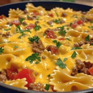 - 12 oz bowtie pasta - 1 lb ground beef - 1 medium onion, diced - 2 cloves garlic, minced - 1 can (14.5 oz) diced tomatoes with green chilies - 1 cup beef broth - 2 cups shredded cheddar cheese - 1 teaspoon Italian seasoning - 1 teaspoon paprika - Salt and pepper to taste - 1 tablespoon olive oil - Fresh parsley for garnish (optional) Each ingredient plays a key role in flavor. The bowtie pasta adds fun shape and texture. Ground beef gives richness, while onion and garlic create a savory base. Diced tomatoes add brightness and spice. You can swap ground beef for ground turkey or chicken for a lighter option. For a vegetarian version, use lentils or mushrooms. Cheddar cheese is classic, but feel free to try mozzarella or pepper jack for a twist. If you like heat, use diced tomatoes with jalapeños. Beef broth can be replaced with vegetable broth for a veggie-friendly dish. Choose high-quality ground beef for the best taste. Look for 80/20 lean-to-fat ratio for flavor. Fresh onions and garlic will enhance the dish, so avoid pre-diced options. Always check the expiration date on canned goods, especially tomatoes. For cheese, buy block cheese and shred it at home for better melting. Fresh parsley adds a nice touch; opt for it if you can! For more recipes and cooking tips, check out the Full Recipe. To make cheesy beef and bowtie pasta, you need to gather your ingredients. The key items include bowtie pasta, ground beef, onion, garlic, diced tomatoes, beef broth, and cheddar cheese. You will also need some spices like Italian seasoning and paprika. Having everything ready makes cooking easier. This dish takes about 30 minutes to prepare and cook. 1. Cook the Pasta: Start by boiling water in a large pot. Add salt to the water. Once boiling, add 12 oz of bowtie pasta. Cook it until it's al dente, according to the package instructions. Drain the pasta and set it aside. 2. Sauté the Onion and Garlic: In a large skillet, heat 1 tablespoon of olive oil over medium heat. Add 1 medium diced onion and 2 minced garlic cloves. Cook them for about 3-4 minutes until the onion turns clear. 3. Brown the Beef: Add 1 lb of ground beef to the skillet. Break it apart with a spatula. Cook it until it turns brown and is no longer pink. This should take about 5-7 minutes. If there is extra fat, drain it off. 4. Mix in Tomatoes and Spices: Stir in 1 can of diced tomatoes (14.5 oz) with green chilies, 1 cup of beef broth, 1 teaspoon of Italian seasoning, 1 teaspoon of paprika, and salt and pepper to taste. Bring this to a simmer and let it cook for about 5 minutes. 5. Combine Pasta and Sauce: Lower the heat and add your cooked bowtie pasta to the skillet. Stir everything together well. 6. Add Cheese: Gradually sprinkle in 2 cups of shredded cheddar cheese. Stir until the cheese melts and the sauce becomes creamy. If the sauce is too thick, add a bit more beef broth until it's just right. 7. Season to Taste: Taste your cheesy beef and bowtie pasta. Adjust the seasoning with more salt and pepper if you like. 8. Serve and Enjoy: Serve hot, with fresh parsley on top if desired. This dish is a warm, family-friendly meal that everyone will love! - Pasta Too Sticky: If the pasta clumps together, it may have been overcooked or not drained well. Make sure to cook it al dente and rinse it lightly after draining. - Sauce Too Thick: If the sauce seems too thick, just add a little more beef broth. Stir until you reach your desired consistency. - Beef Not Browning: Ensure your skillet is hot enough. If it's not, the beef will steam instead of brown. Increase the heat slightly if needed. For more details, check the full recipe. Enjoy your cooking adventure! To make the best cheesy beef and bowtie pasta, start with fresh ingredients. Fresh vegetables and quality beef give your dish great flavor. Always read the recipe first. This helps you gather all your ingredients. Measure everything before cooking. This saves time and makes cooking easier. For a creamy sauce, slowly add the cheese. Stir the mixture constantly as you add cheese. This helps it melt evenly. If your sauce is too thick, add a splash of beef broth. This will make it creamier and easier to mix. Taste your sauce as you go. Adjust the seasoning to your liking. You will need a large pot for the pasta. A skillet is key for cooking the beef. Use a spatula to break up the meat easily. A measuring cup helps with broth and cheese. A sharp knife and cutting board are great for chopping onions and garlic. These tools ensure a smooth cooking process. For the Full Recipe, refer to the earlier section in this article. {{image_2}} You can switch up the cheese in this dish. While cheddar is a favorite, mozzarella gives a nice stretch. Try using pepper jack for a spicy kick. Gouda adds a smoky taste. Mix them for a fun blend. Each cheese brings its own flavor and texture. Adding veggies can enhance both flavor and nutrition. Spinach, bell peppers, or zucchini work great. You can sauté them with the onion. If you want extra protein, try adding cooked chicken or sausage. This makes the meal more filling and colorful. You can even add beans for a different twist. For spice lovers, chili peppers are a must. Add chopped jalapeños or crushed red pepper flakes to the beef. This will give your meal a nice heat. You can also use spicy diced tomatoes instead of regular ones. Don’t forget to taste as you go, so you get the heat just right! For the full recipe, check out the detailed steps in the [Full Recipe]. After enjoying your cheesy beef and bowtie pasta, store leftovers in an airtight container. Make sure to cool the dish to room temperature first. This keeps the flavors fresh and prevents spoilage. Keep the leftovers in the fridge for up to three days. Label the container with the date for easy tracking. To reheat, place your pasta in a skillet over medium heat. Add a splash of beef broth or water to help keep it creamy. Stir frequently to ensure even heating. You can also use the microwave. Cover the dish and heat it in short bursts, stirring in between. This keeps the cheese smooth and delicious. If you want to save some for later, freezing is a great option. Place the cooled pasta in a freezer-safe container or bag. Remove as much air as possible to prevent freezer burn. You can freeze it for up to three months. When ready to eat, thaw it overnight in the fridge. Reheat it in a skillet, adding a bit of broth for creaminess. Enjoy your cheesy beef and bowtie pasta even when time is tight! Yes, you can! Bowtie pasta works well for this dish, but you can swap it with others. Try penne, fusilli, or even elbow macaroni. Each will give a unique twist. Just ensure you cook them according to the package instructions. This keeps the pasta tender and tasty. To make Cheesy Beef and Bowtie Pasta gluten-free, simply replace the bowtie pasta. Use gluten-free pasta instead. Many brands offer great options that taste good. Check the ingredients on the package to confirm they fit your diet. The rest of the ingredients are naturally gluten-free, so you're all set! Absolutely! You can cook the pasta and prepare the beef mixture in advance. Store them separately in the fridge. When you're ready to eat, just combine them and heat through. This saves time on busy nights and still gives you a tasty meal. For the best results, eat within two days for freshness. For the full recipe, check out the main article! In this post, we explored how to make Cheesy Beef and Bowtie Pasta successfully. We covered key ingredients, cooking steps, and helpful tips to enhance your dish. You learned about ingredient swaps and variations to suit your taste. Proper storage and reheating techniques ensure delicious leftovers. With these insights, you can create a creamy, cheesy meal that delights every time. Enjoy cooking and feel free to try new flavors!