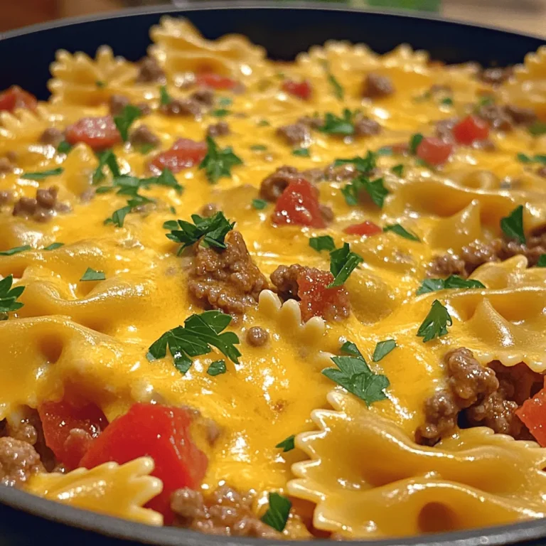 - 12 oz bowtie pasta - 1 lb ground beef - 1 medium onion, diced - 2 cloves garlic, minced - 1 can (14.5 oz) diced tomatoes with green chilies - 1 cup beef broth - 2 cups shredded cheddar cheese - 1 teaspoon Italian seasoning - 1 teaspoon paprika - Salt and pepper to taste - 1 tablespoon olive oil - Fresh parsley for garnish (optional) Each ingredient plays a key role in flavor. The bowtie pasta adds fun shape and texture. Ground beef gives richness, while onion and garlic create a savory base. Diced tomatoes add brightness and spice. You can swap ground beef for ground turkey or chicken for a lighter option. For a vegetarian version, use lentils or mushrooms. Cheddar cheese is classic, but feel free to try mozzarella or pepper jack for a twist. If you like heat, use diced tomatoes with jalapeños. Beef broth can be replaced with vegetable broth for a veggie-friendly dish. Choose high-quality ground beef for the best taste. Look for 80/20 lean-to-fat ratio for flavor. Fresh onions and garlic will enhance the dish, so avoid pre-diced options. Always check the expiration date on canned goods, especially tomatoes. For cheese, buy block cheese and shred it at home for better melting. Fresh parsley adds a nice touch; opt for it if you can! For more recipes and cooking tips, check out the Full Recipe. To make cheesy beef and bowtie pasta, you need to gather your ingredients. The key items include bowtie pasta, ground beef, onion, garlic, diced tomatoes, beef broth, and cheddar cheese. You will also need some spices like Italian seasoning and paprika. Having everything ready makes cooking easier. This dish takes about 30 minutes to prepare and cook. 1. Cook the Pasta: Start by boiling water in a large pot. Add salt to the water. Once boiling, add 12 oz of bowtie pasta. Cook it until it's al dente, according to the package instructions. Drain the pasta and set it aside. 2. Sauté the Onion and Garlic: In a large skillet, heat 1 tablespoon of olive oil over medium heat. Add 1 medium diced onion and 2 minced garlic cloves. Cook them for about 3-4 minutes until the onion turns clear. 3. Brown the Beef: Add 1 lb of ground beef to the skillet. Break it apart with a spatula. Cook it until it turns brown and is no longer pink. This should take about 5-7 minutes. If there is extra fat, drain it off. 4. Mix in Tomatoes and Spices: Stir in 1 can of diced tomatoes (14.5 oz) with green chilies, 1 cup of beef broth, 1 teaspoon of Italian seasoning, 1 teaspoon of paprika, and salt and pepper to taste. Bring this to a simmer and let it cook for about 5 minutes. 5. Combine Pasta and Sauce: Lower the heat and add your cooked bowtie pasta to the skillet. Stir everything together well. 6. Add Cheese: Gradually sprinkle in 2 cups of shredded cheddar cheese. Stir until the cheese melts and the sauce becomes creamy. If the sauce is too thick, add a bit more beef broth until it's just right. 7. Season to Taste: Taste your cheesy beef and bowtie pasta. Adjust the seasoning with more salt and pepper if you like. 8. Serve and Enjoy: Serve hot, with fresh parsley on top if desired. This dish is a warm, family-friendly meal that everyone will love! - Pasta Too Sticky: If the pasta clumps together, it may have been overcooked or not drained well. Make sure to cook it al dente and rinse it lightly after draining. - Sauce Too Thick: If the sauce seems too thick, just add a little more beef broth. Stir until you reach your desired consistency. - Beef Not Browning: Ensure your skillet is hot enough. If it's not, the beef will steam instead of brown. Increase the heat slightly if needed. For more details, check the full recipe. Enjoy your cooking adventure! To make the best cheesy beef and bowtie pasta, start with fresh ingredients. Fresh vegetables and quality beef give your dish great flavor. Always read the recipe first. This helps you gather all your ingredients. Measure everything before cooking. This saves time and makes cooking easier. For a creamy sauce, slowly add the cheese. Stir the mixture constantly as you add cheese. This helps it melt evenly. If your sauce is too thick, add a splash of beef broth. This will make it creamier and easier to mix. Taste your sauce as you go. Adjust the seasoning to your liking. You will need a large pot for the pasta. A skillet is key for cooking the beef. Use a spatula to break up the meat easily. A measuring cup helps with broth and cheese. A sharp knife and cutting board are great for chopping onions and garlic. These tools ensure a smooth cooking process. For the Full Recipe, refer to the earlier section in this article. {{image_2}} You can switch up the cheese in this dish. While cheddar is a favorite, mozzarella gives a nice stretch. Try using pepper jack for a spicy kick. Gouda adds a smoky taste. Mix them for a fun blend. Each cheese brings its own flavor and texture. Adding veggies can enhance both flavor and nutrition. Spinach, bell peppers, or zucchini work great. You can sauté them with the onion. If you want extra protein, try adding cooked chicken or sausage. This makes the meal more filling and colorful. You can even add beans for a different twist. For spice lovers, chili peppers are a must. Add chopped jalapeños or crushed red pepper flakes to the beef. This will give your meal a nice heat. You can also use spicy diced tomatoes instead of regular ones. Don’t forget to taste as you go, so you get the heat just right! For the full recipe, check out the detailed steps in the [Full Recipe]. After enjoying your cheesy beef and bowtie pasta, store leftovers in an airtight container. Make sure to cool the dish to room temperature first. This keeps the flavors fresh and prevents spoilage. Keep the leftovers in the fridge for up to three days. Label the container with the date for easy tracking. To reheat, place your pasta in a skillet over medium heat. Add a splash of beef broth or water to help keep it creamy. Stir frequently to ensure even heating. You can also use the microwave. Cover the dish and heat it in short bursts, stirring in between. This keeps the cheese smooth and delicious. If you want to save some for later, freezing is a great option. Place the cooled pasta in a freezer-safe container or bag. Remove as much air as possible to prevent freezer burn. You can freeze it for up to three months. When ready to eat, thaw it overnight in the fridge. Reheat it in a skillet, adding a bit of broth for creaminess. Enjoy your cheesy beef and bowtie pasta even when time is tight! Yes, you can! Bowtie pasta works well for this dish, but you can swap it with others. Try penne, fusilli, or even elbow macaroni. Each will give a unique twist. Just ensure you cook them according to the package instructions. This keeps the pasta tender and tasty. To make Cheesy Beef and Bowtie Pasta gluten-free, simply replace the bowtie pasta. Use gluten-free pasta instead. Many brands offer great options that taste good. Check the ingredients on the package to confirm they fit your diet. The rest of the ingredients are naturally gluten-free, so you're all set! Absolutely! You can cook the pasta and prepare the beef mixture in advance. Store them separately in the fridge. When you're ready to eat, just combine them and heat through. This saves time on busy nights and still gives you a tasty meal. For the best results, eat within two days for freshness. For the full recipe, check out the main article! In this post, we explored how to make Cheesy Beef and Bowtie Pasta successfully. We covered key ingredients, cooking steps, and helpful tips to enhance your dish. You learned about ingredient swaps and variations to suit your taste. Proper storage and reheating techniques ensure delicious leftovers. With these insights, you can create a creamy, cheesy meal that delights every time. Enjoy cooking and feel free to try new flavors!