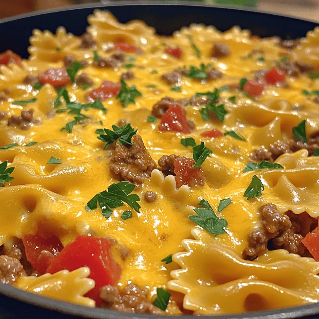 - 12 oz bowtie pasta - 1 lb ground beef - 1 medium onion, diced - 2 cloves garlic, minced - 1 can (14.5 oz) diced tomatoes with green chilies - 1 cup beef broth - 2 cups shredded cheddar cheese - 1 teaspoon Italian seasoning - 1 teaspoon paprika - Salt and pepper to taste - 1 tablespoon olive oil - Fresh parsley for garnish (optional) Each ingredient plays a key role in flavor. The bowtie pasta adds fun shape and texture. Ground beef gives richness, while onion and garlic create a savory base. Diced tomatoes add brightness and spice. You can swap ground beef for ground turkey or chicken for a lighter option. For a vegetarian version, use lentils or mushrooms. Cheddar cheese is classic, but feel free to try mozzarella or pepper jack for a twist. If you like heat, use diced tomatoes with jalapeños. Beef broth can be replaced with vegetable broth for a veggie-friendly dish. Choose high-quality ground beef for the best taste. Look for 80/20 lean-to-fat ratio for flavor. Fresh onions and garlic will enhance the dish, so avoid pre-diced options. Always check the expiration date on canned goods, especially tomatoes. For cheese, buy block cheese and shred it at home for better melting. Fresh parsley adds a nice touch; opt for it if you can! For more recipes and cooking tips, check out the Full Recipe. To make cheesy beef and bowtie pasta, you need to gather your ingredients. The key items include bowtie pasta, ground beef, onion, garlic, diced tomatoes, beef broth, and cheddar cheese. You will also need some spices like Italian seasoning and paprika. Having everything ready makes cooking easier. This dish takes about 30 minutes to prepare and cook. 1. Cook the Pasta: Start by boiling water in a large pot. Add salt to the water. Once boiling, add 12 oz of bowtie pasta. Cook it until it's al dente, according to the package instructions. Drain the pasta and set it aside. 2. Sauté the Onion and Garlic: In a large skillet, heat 1 tablespoon of olive oil over medium heat. Add 1 medium diced onion and 2 minced garlic cloves. Cook them for about 3-4 minutes until the onion turns clear. 3. Brown the Beef: Add 1 lb of ground beef to the skillet. Break it apart with a spatula. Cook it until it turns brown and is no longer pink. This should take about 5-7 minutes. If there is extra fat, drain it off. 4. Mix in Tomatoes and Spices: Stir in 1 can of diced tomatoes (14.5 oz) with green chilies, 1 cup of beef broth, 1 teaspoon of Italian seasoning, 1 teaspoon of paprika, and salt and pepper to taste. Bring this to a simmer and let it cook for about 5 minutes. 5. Combine Pasta and Sauce: Lower the heat and add your cooked bowtie pasta to the skillet. Stir everything together well. 6. Add Cheese: Gradually sprinkle in 2 cups of shredded cheddar cheese. Stir until the cheese melts and the sauce becomes creamy. If the sauce is too thick, add a bit more beef broth until it's just right. 7. Season to Taste: Taste your cheesy beef and bowtie pasta. Adjust the seasoning with more salt and pepper if you like. 8. Serve and Enjoy: Serve hot, with fresh parsley on top if desired. This dish is a warm, family-friendly meal that everyone will love! - Pasta Too Sticky: If the pasta clumps together, it may have been overcooked or not drained well. Make sure to cook it al dente and rinse it lightly after draining. - Sauce Too Thick: If the sauce seems too thick, just add a little more beef broth. Stir until you reach your desired consistency. - Beef Not Browning: Ensure your skillet is hot enough. If it's not, the beef will steam instead of brown. Increase the heat slightly if needed. For more details, check the full recipe. Enjoy your cooking adventure! To make the best cheesy beef and bowtie pasta, start with fresh ingredients. Fresh vegetables and quality beef give your dish great flavor. Always read the recipe first. This helps you gather all your ingredients. Measure everything before cooking. This saves time and makes cooking easier. For a creamy sauce, slowly add the cheese. Stir the mixture constantly as you add cheese. This helps it melt evenly. If your sauce is too thick, add a splash of beef broth. This will make it creamier and easier to mix. Taste your sauce as you go. Adjust the seasoning to your liking. You will need a large pot for the pasta. A skillet is key for cooking the beef. Use a spatula to break up the meat easily. A measuring cup helps with broth and cheese. A sharp knife and cutting board are great for chopping onions and garlic. These tools ensure a smooth cooking process. For the Full Recipe, refer to the earlier section in this article. {{image_2}} You can switch up the cheese in this dish. While cheddar is a favorite, mozzarella gives a nice stretch. Try using pepper jack for a spicy kick. Gouda adds a smoky taste. Mix them for a fun blend. Each cheese brings its own flavor and texture. Adding veggies can enhance both flavor and nutrition. Spinach, bell peppers, or zucchini work great. You can sauté them with the onion. If you want extra protein, try adding cooked chicken or sausage. This makes the meal more filling and colorful. You can even add beans for a different twist. For spice lovers, chili peppers are a must. Add chopped jalapeños or crushed red pepper flakes to the beef. This will give your meal a nice heat. You can also use spicy diced tomatoes instead of regular ones. Don’t forget to taste as you go, so you get the heat just right! For the full recipe, check out the detailed steps in the [Full Recipe]. After enjoying your cheesy beef and bowtie pasta, store leftovers in an airtight container. Make sure to cool the dish to room temperature first. This keeps the flavors fresh and prevents spoilage. Keep the leftovers in the fridge for up to three days. Label the container with the date for easy tracking. To reheat, place your pasta in a skillet over medium heat. Add a splash of beef broth or water to help keep it creamy. Stir frequently to ensure even heating. You can also use the microwave. Cover the dish and heat it in short bursts, stirring in between. This keeps the cheese smooth and delicious. If you want to save some for later, freezing is a great option. Place the cooled pasta in a freezer-safe container or bag. Remove as much air as possible to prevent freezer burn. You can freeze it for up to three months. When ready to eat, thaw it overnight in the fridge. Reheat it in a skillet, adding a bit of broth for creaminess. Enjoy your cheesy beef and bowtie pasta even when time is tight! Yes, you can! Bowtie pasta works well for this dish, but you can swap it with others. Try penne, fusilli, or even elbow macaroni. Each will give a unique twist. Just ensure you cook them according to the package instructions. This keeps the pasta tender and tasty. To make Cheesy Beef and Bowtie Pasta gluten-free, simply replace the bowtie pasta. Use gluten-free pasta instead. Many brands offer great options that taste good. Check the ingredients on the package to confirm they fit your diet. The rest of the ingredients are naturally gluten-free, so you're all set! Absolutely! You can cook the pasta and prepare the beef mixture in advance. Store them separately in the fridge. When you're ready to eat, just combine them and heat through. This saves time on busy nights and still gives you a tasty meal. For the best results, eat within two days for freshness. For the full recipe, check out the main article! In this post, we explored how to make Cheesy Beef and Bowtie Pasta successfully. We covered key ingredients, cooking steps, and helpful tips to enhance your dish. You learned about ingredient swaps and variations to suit your taste. Proper storage and reheating techniques ensure delicious leftovers. With these insights, you can create a creamy, cheesy meal that delights every time. Enjoy cooking and feel free to try new flavors!