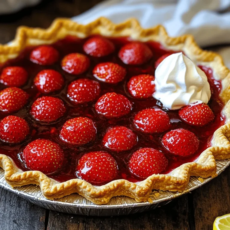 Here’s what you need for the best strawberry pie. Gather these fresh ingredients: - 2 cups fresh strawberries, hulled and sliced - 1 ½ cups strawberry preserves or jam - 1 tablespoon lemon juice - 2 tablespoons cornstarch - 1 tablespoon sugar - 1 teaspoon vanilla extract - 1 pre-made pie crust (store-bought or homemade) - Whipped cream for serving (optional) Using fresh strawberries makes a big difference in flavor. Choose bright red ones. They should feel firm. For the preserves, look for a brand with real fruit. This adds sweetness and depth. Lemon juice brightens the pie and balances the sweetness. Cornstarch helps thicken the filling. Sugar adds a touch of sweetness, and vanilla gives a warm flavor. You can use a store-bought pie crust for ease or make your own. If you make your own, roll it out to fit a 9-inch pie plate. The whipped cream is optional but adds a nice touch when serving. For the full recipe, check out the Best Strawberry Pie section. - Preheat oven to 425°F (220°C). - Roll out the pie crust into a 9-inch pie plate. Starting with the crust is key. If you use a store-bought crust, just unroll it. If you make your own, roll it out evenly. Place it in the pie plate and crimp the edges. This gives your pie a nice look. - Combine strawberry preserves, lemon juice, cornstarch, sugar, and vanilla extract in a saucepan. - Fold sliced strawberries into the thickened mixture and pour into the pie crust. Next, grab a medium saucepan. Mix strawberry preserves, lemon juice, cornstarch, sugar, and vanilla extract. Heat it over medium heat. Stir until it bubbles and thickens. This takes about 5 to 7 minutes. Then, gently fold in your sliced strawberries. Make sure they get coated well. Pour this mixture into your pie crust. Spread it evenly for the best taste. - Bake for 20-25 minutes until golden brown. - Let cool on a wire rack for 1 hour before serving. Now it's time to bake! Place your pie in the oven and bake for 20 to 25 minutes. You want the crust to be golden brown. The filling should be bubbling. Once it’s done, take it out and let it cool on a wire rack for at least 1 hour. This helps it set up nicely. After that, it’s ready to slice and serve! Enjoy this best strawberry pie with a scoop of whipped cream if you like. For the full details on how to make this pie, check out the Full Recipe! To make the best strawberry pie, you need great strawberries. Look for bright red and firm strawberries. These will give your pie a nice color and texture. Avoid strawberries with blemishes or soft spots. These can spoil your pie and ruin the flavor. To bring out the sweet taste of strawberries, add a pinch of salt to your filling. This small step makes a big difference. Also, consider adjusting sugar based on how ripe your strawberries are. Ripe strawberries taste sweeter, so you might need less sugar. Taste the mixture as you go to find the right balance. Getting a flaky crust is key to a great pie. Use cold ingredients when making your crust. Cold butter and water help create layers in the dough. Blind baking the crust is another trick for extra crispiness. This means baking the crust alone for a short time before adding the filling. It helps keep the crust from getting soggy. For the full recipe, check the details provided earlier. {{image_2}} You can switch things up with the fruit in this pie. Consider using peaches or blueberries instead of strawberries. This change gives a new taste while keeping the pie sweet and juicy. Another fun idea is to mix strawberries with rhubarb. The tartness of rhubarb adds a nice balance to the sweetness of strawberries. This combo makes for a refreshing twist. If you want a healthier pie, you can try using honey or agave syrup instead of regular sugar. These natural sweeteners add flavor without as many calories. You can also use a whole grain crust. This crust adds fiber and nutrients, making the pie a bit more nutritious without losing taste. To add a new layer of taste, consider a splash of balsamic vinegar. This may sound odd, but it deepens the sweet strawberry flavors. You can also play with fresh herbs like basil or mint. A small amount of these herbs can brighten the pie and make it stand out. These unique touches can impress your family and friends while keeping the recipe fun. For the full recipe, check out the Best Strawberry Pie section. You should store your strawberry pie in the fridge. Cover it well. It will stay fresh for up to 3 days. If you want to keep it longer, freeze it. Wrap the pie tightly in plastic wrap. It can last in the freezer for up to 2 months. To reheat slices, use your oven. Set it to a low temperature. Heat for a few minutes until warm. You can also enjoy the pie cold from the fridge. Both ways are delicious! A: Pre-bake the pie crust before adding the filling. This step helps keep the crust crisp. When you bake the crust alone for a short time, it forms a barrier. This barrier stops moisture from the filling from soaking into the crust. I recommend baking it for about 10 minutes at 425°F (220°C). Keep an eye on it to prevent burning. A: Yes, but thaw and drain excess moisture before using them. Frozen strawberries can work well when fresh ones are not available. After thawing, press the strawberries gently to remove extra liquid. This step is important. Too much liquid can make your pie runny. A: Whipped cream, vanilla ice cream, or fresh mint make great accompaniments. Whipped cream adds a light touch. Vanilla ice cream pairs well with the pie's sweetness. Fresh mint gives a nice contrast and enhances the flavor. You can serve all three for a delightful treat. You can make a delicious strawberry pie with simple steps and fresh ingredients. Start with ripe strawberries and a pre-made crust. Follow the easy cooking and baking instructions to achieve a perfect golden pie. Don't forget to try variations like adding peaches or herbs for more flavor. Store leftovers well, and you'll have tasty treats for days. I hope you enjoy making this pie as much as I do! It’s a fun and rewarding process, and you’ll impress your friends and family with your baking skills.