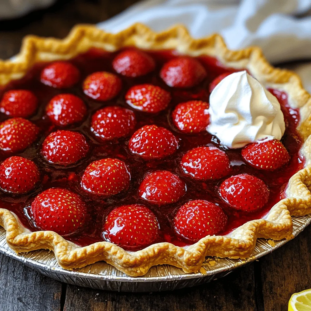 Here’s what you need for the best strawberry pie. Gather these fresh ingredients: - 2 cups fresh strawberries, hulled and sliced - 1 ½ cups strawberry preserves or jam - 1 tablespoon lemon juice - 2 tablespoons cornstarch - 1 tablespoon sugar - 1 teaspoon vanilla extract - 1 pre-made pie crust (store-bought or homemade) - Whipped cream for serving (optional) Using fresh strawberries makes a big difference in flavor. Choose bright red ones. They should feel firm. For the preserves, look for a brand with real fruit. This adds sweetness and depth. Lemon juice brightens the pie and balances the sweetness. Cornstarch helps thicken the filling. Sugar adds a touch of sweetness, and vanilla gives a warm flavor. You can use a store-bought pie crust for ease or make your own. If you make your own, roll it out to fit a 9-inch pie plate. The whipped cream is optional but adds a nice touch when serving. For the full recipe, check out the Best Strawberry Pie section. - Preheat oven to 425°F (220°C). - Roll out the pie crust into a 9-inch pie plate. Starting with the crust is key. If you use a store-bought crust, just unroll it. If you make your own, roll it out evenly. Place it in the pie plate and crimp the edges. This gives your pie a nice look. - Combine strawberry preserves, lemon juice, cornstarch, sugar, and vanilla extract in a saucepan. - Fold sliced strawberries into the thickened mixture and pour into the pie crust. Next, grab a medium saucepan. Mix strawberry preserves, lemon juice, cornstarch, sugar, and vanilla extract. Heat it over medium heat. Stir until it bubbles and thickens. This takes about 5 to 7 minutes. Then, gently fold in your sliced strawberries. Make sure they get coated well. Pour this mixture into your pie crust. Spread it evenly for the best taste. - Bake for 20-25 minutes until golden brown. - Let cool on a wire rack for 1 hour before serving. Now it's time to bake! Place your pie in the oven and bake for 20 to 25 minutes. You want the crust to be golden brown. The filling should be bubbling. Once it’s done, take it out and let it cool on a wire rack for at least 1 hour. This helps it set up nicely. After that, it’s ready to slice and serve! Enjoy this best strawberry pie with a scoop of whipped cream if you like. For the full details on how to make this pie, check out the Full Recipe! To make the best strawberry pie, you need great strawberries. Look for bright red and firm strawberries. These will give your pie a nice color and texture. Avoid strawberries with blemishes or soft spots. These can spoil your pie and ruin the flavor. To bring out the sweet taste of strawberries, add a pinch of salt to your filling. This small step makes a big difference. Also, consider adjusting sugar based on how ripe your strawberries are. Ripe strawberries taste sweeter, so you might need less sugar. Taste the mixture as you go to find the right balance. Getting a flaky crust is key to a great pie. Use cold ingredients when making your crust. Cold butter and water help create layers in the dough. Blind baking the crust is another trick for extra crispiness. This means baking the crust alone for a short time before adding the filling. It helps keep the crust from getting soggy. For the full recipe, check the details provided earlier. {{image_2}} You can switch things up with the fruit in this pie. Consider using peaches or blueberries instead of strawberries. This change gives a new taste while keeping the pie sweet and juicy. Another fun idea is to mix strawberries with rhubarb. The tartness of rhubarb adds a nice balance to the sweetness of strawberries. This combo makes for a refreshing twist. If you want a healthier pie, you can try using honey or agave syrup instead of regular sugar. These natural sweeteners add flavor without as many calories. You can also use a whole grain crust. This crust adds fiber and nutrients, making the pie a bit more nutritious without losing taste. To add a new layer of taste, consider a splash of balsamic vinegar. This may sound odd, but it deepens the sweet strawberry flavors. You can also play with fresh herbs like basil or mint. A small amount of these herbs can brighten the pie and make it stand out. These unique touches can impress your family and friends while keeping the recipe fun. For the full recipe, check out the Best Strawberry Pie section. You should store your strawberry pie in the fridge. Cover it well. It will stay fresh for up to 3 days. If you want to keep it longer, freeze it. Wrap the pie tightly in plastic wrap. It can last in the freezer for up to 2 months. To reheat slices, use your oven. Set it to a low temperature. Heat for a few minutes until warm. You can also enjoy the pie cold from the fridge. Both ways are delicious! A: Pre-bake the pie crust before adding the filling. This step helps keep the crust crisp. When you bake the crust alone for a short time, it forms a barrier. This barrier stops moisture from the filling from soaking into the crust. I recommend baking it for about 10 minutes at 425°F (220°C). Keep an eye on it to prevent burning. A: Yes, but thaw and drain excess moisture before using them. Frozen strawberries can work well when fresh ones are not available. After thawing, press the strawberries gently to remove extra liquid. This step is important. Too much liquid can make your pie runny. A: Whipped cream, vanilla ice cream, or fresh mint make great accompaniments. Whipped cream adds a light touch. Vanilla ice cream pairs well with the pie's sweetness. Fresh mint gives a nice contrast and enhances the flavor. You can serve all three for a delightful treat. You can make a delicious strawberry pie with simple steps and fresh ingredients. Start with ripe strawberries and a pre-made crust. Follow the easy cooking and baking instructions to achieve a perfect golden pie. Don't forget to try variations like adding peaches or herbs for more flavor. Store leftovers well, and you'll have tasty treats for days. I hope you enjoy making this pie as much as I do! It’s a fun and rewarding process, and you’ll impress your friends and family with your baking skills.