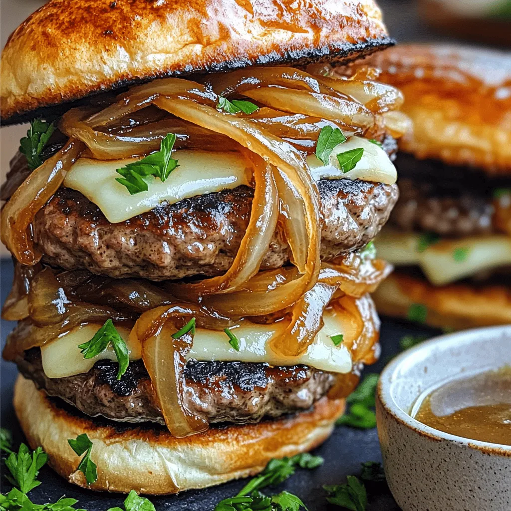 - 1 lb ground beef (80/20 blend for juiciness) - 1 large onion, thinly sliced - 4 slices Swiss cheese - 2 tablespoons unsalted butter - 1 tablespoon olive oil - 1 cup beef broth - 1 teaspoon sugar - 1 teaspoon salt - Fresh parsley, chopped (for garnish) The heart of the French Onion Soup Burgers lies in its main ingredients. The ground beef should be an 80/20 blend. This mix offers the right fat content, ensuring your burger stays juicy and flavorful. A large onion, when sliced thin, transforms into sweet, caramelized goodness during cooking. Four slices of Swiss cheese melt beautifully on top, adding creaminess and depth. Cooking essentials include two tablespoons of unsalted butter and one tablespoon of olive oil. This combo starts the onion caramelization process. The beef broth is crucial, adding a rich flavor that ties all the elements together. For seasoning, you need just a teaspoon of sugar and salt. Sugar helps with caramelization, while salt enhances the flavors. Finally, don’t forget the fresh parsley for a pop of color and freshness when serving. You can find the full recipe for French Onion Soup Burgers, which details how to bring all these ingredients together, creating a dish that is both tasty and satisfying. To start, I melt butter and olive oil in a skillet over medium heat. The mix gives a nice base for the onions. Next, I add sliced onions, sugar, and salt. I cook them for about 15-20 minutes. I stir often until they turn golden brown. This step adds sweet and rich flavor to the burgers. While the onions cook, I form the ground beef into patties. I make them about 3/4 inch thick. Then, I season each patty with thyme, salt, and pepper. This blend makes the beef taste great. I find that seasoning is key to juicy, flavorful burgers. Once the patties are ready, I preheat my grill or griddle over medium-high heat. I cook the burgers for 4-5 minutes on each side. I check for my desired doneness. During the last minute, I add a slice of Swiss cheese on top of each patty. I cover the grill to melt the cheese. This step creates a delicious, gooey topping for the burgers. For the full recipe, check out the details provided earlier. To make great caramelized onions, you need patience. Stir the onions often for even cooking. This way, they will brown nicely. Keep the heat at medium. This helps control the caramelization. If the heat is too high, the onions may burn. This is not what we want. Use a meat thermometer to check your burger's doneness. This tool helps you avoid overcooking. I like my burgers medium, around 160°F. After cooking, let the burgers rest for a few minutes. This keeps them juicy and tasty. To make your burgers shine, serve with extra caramelized onions on top. Add a small bowl of broth for dipping. This adds to the fun of eating. Finally, garnish with fresh parsley. It gives a nice pop of color and freshness to your dish. For the complete recipe, check the Full Recipe section. {{image_2}} You can change the flavor of your French onion soup burgers easily. Try using blue cheese or cheddar instead of Swiss cheese. Both give a tasty twist. If you want more depth, add sautéed mushrooms. They bring a rich umami flavor that pairs well with the sweet onions. Looking for a lighter meal? Use ground turkey or chicken instead of beef. This switch keeps the burger juicy but cuts down on fat. You can also serve the burger on lettuce wraps. This option is fresh and low-carb, making it perfect for anyone watching their diet. French onion soup burgers shine when paired with yummy sides. Serve them with crispy French fries for a classic combo. A simple side salad also works well, adding freshness. If you're hosting a party, these burgers can be perfect sliders. Just cut them smaller, and watch guests enjoy them! For the full recipe, refer to the above section. To keep your French onion soup burgers fresh, store leftovers in an airtight container in the fridge. This helps keep the flavors locked in. It’s best to keep the caramelized onions separate. This way, they stay fresh and won't make the burgers soggy. When you're ready to enjoy your leftovers, reheat the burgers in the microwave or on the stovetop. If using the stovetop, place them in a skillet over low heat. This helps to warm them evenly. For the caramelized onions, warm them in a small saucepan. Stir gently until they are hot. If you want to save some burgers for later, you can freeze uncooked patties. They last up to 3 months in the freezer. Just wrap them tightly in plastic wrap or foil. When you're ready to cook, thaw the patties in the refrigerator overnight. This keeps them safe and tasty. Enjoy these burgers, even days later! French Onion Soup Burgers blend two classic dishes. French onion soup dates back to the 18th century. It comes from France, where cooks made it from simple ingredients. The burger, however, is American, with roots in the early 20th century. By combining these two, you get a juicy burger topped with sweet, caramelized onions and melty cheese. This dish honors both traditions, creating a new favorite. Yes, you can! For the best flavor, prepare the caramelized onions in advance. Cook them and store them in the fridge. They stay fresh for up to three days. You can also form the burger patties ahead of time. Wrap them in plastic and freeze. When you're ready to cook, simply thaw the patties and grill them. This saves time when you want to enjoy this tasty meal. Many sides go well with these burgers. Here are some great options: - French fries for a classic combination - A fresh side salad for a light touch - Onion rings for extra crunch - Roasted vegetables for a healthy choice These sides complete the meal, making it even more enjoyable. This blog post covers how to make delicious French Onion Soup Burgers. We explored key ingredients like ground beef, onions, and Swiss cheese. You learned how to caramelize onions and shape the patties. We highlighted tips for cooking, serving, and storage. In summary, enjoy experimenting with flavors and variations. Making these burgers can elevate your next meal or gathering. With practice, you'll master this tasty dish that combines comfort and creativity.