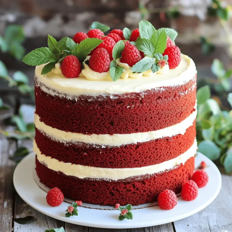 To create a perfect red velvet cake, you need these ingredients: - 2 ½ cups all-purpose flour - 1 ½ cups granulated sugar - 1 teaspoon baking soda - 1 teaspoon baking powder - 1 teaspoon salt - 1 teaspoon unsweetened cocoa powder - 1 ½ cups vegetable oil - 1 cup buttermilk, room temperature - 2 large eggs, room temperature - 2 tablespoons red food coloring - 1 teaspoon vanilla extract - 1 teaspoon white vinegar - 1 cup cream cheese, softened - ½ cup unsalted butter, softened - 4 cups powdered sugar - 1 teaspoon vanilla extract (for frosting) - Fresh raspberries and mint leaves for garnish You might need to swap some ingredients. Here are some ideas: - All-purpose flour: You can use cake flour for a lighter texture. - Buttermilk: If you don’t have buttermilk, mix milk with a bit of vinegar. - Vegetable oil: You can use canola oil or melted coconut oil. - Red food coloring: Natural beet juice offers a great color without artificial dyes. - Cream cheese: Greek yogurt can be a lower-fat option for frosting. Accurate measuring leads to great results. Here are some tips: - Use dry measuring cups for flour and sugar. Scoop and level off with a knife. - For liquid ingredients, use a clear measuring cup with markings. Check at eye level. - Room temperature items: Eggs and buttermilk mix better when they are at room temp. - Sift dry ingredients together for a light, fluffy cake. This helps to avoid lumps. Following these tips ensures your red velvet cake turns out perfectly every time! For the full recipe, check out the Red Velvet Dream Cake . 1. First, preheat your oven to 350°F (175°C). Grease and flour two 9-inch round cake pans. 2. In a big bowl, sift together: - 2 ½ cups all-purpose flour - 1 ½ cups granulated sugar - 1 teaspoon baking soda - 1 teaspoon baking powder - 1 teaspoon salt - 1 teaspoon unsweetened cocoa powder 3. In another bowl, whisk together: - 1 ½ cups vegetable oil - 1 cup buttermilk, room temperature - 2 large eggs, room temperature - 2 tablespoons red food coloring - 1 teaspoon vanilla extract - 1 teaspoon white vinegar 4. Gradually mix the wet ingredients into the dry ingredients. Blend until just combined. 5. Pour the batter evenly into the prepared pans and smooth the tops with a spatula. 6. Bake for 25-30 minutes. Check with a toothpick; it should come out clean. 7. Let the cakes cool in the pans for 10 minutes. Move them to wire racks to cool fully. - Use room temperature ingredients. This helps the batter mix well. - Do not over-mix the batter. This keeps the cake light and fluffy. - Check the cakes a few minutes before the timer goes off. Ovens can vary in heat. 1. In a bowl, beat together: - 1 cup cream cheese, softened - ½ cup unsalted butter, softened 2. Mix until smooth and creamy. 3. Gradually add: - 4 cups powdered sugar - 1 teaspoon vanilla extract 4. Beat until fluffy and well combined. 5. Once the cakes are cool, place one layer on a plate. Spread a thick layer of frosting on top. 6. Place the second layer on top and frost the entire cake. 7. For a beautiful touch, top with fresh raspberries and mint leaves. For the complete details and measurements, check the Full Recipe. Avoid these common mistakes to make your red velvet cake perfect. First, do not skip the buttermilk. It adds moisture and tang. Also, check your oven's temperature. An oven that is too hot can dry out the cake. Another mistake is over-mixing the batter. This can make the cake tough. Mix until just combined for the best texture. Lastly, be sure to cool your cakes completely before frosting. This helps the frosting stay thick and creamy. To keep your red velvet cake moist, use room temperature ingredients. This includes eggs and buttermilk. They mix better and help the cake rise. Adding vegetable oil instead of butter is another trick. Oil keeps the cake soft and moist longer. You can also use a simple syrup. Brush it on the cake layers before frosting to add extra moisture. When decorating your red velvet cake, start with a smooth base layer. Use a spatula to spread your cream cheese frosting evenly. For a fun touch, add fresh raspberries and mint leaves on top. This not only adds color but also flavor. You can also use a piping bag for fancy designs. Swirls and rosettes can make your cake look special. Don’t be afraid to get creative with your decoration! {{image_2}} You can play with flavors in your red velvet cake. Try adding orange zest for a citrus kick. Or, mix in some almond extract for a nutty twist. You can even swap out buttermilk for flavored yogurt. This can give your cake a fun taste and a new texture. While cream cheese frosting is classic, you have options! Try a chocolate ganache for a rich touch. A whipped cream frosting can lighten the cake. For something unique, consider a vanilla bean buttercream. Each frosting adds a different flair to your red velvet cake. Mix-ins can elevate your cake even more. Toss in some chocolate chips for sweetness. Walnuts or pecans add a nice crunch. Dried fruits, like cherries or cranberries, can bring a burst of flavor. Experiment with these add-ins to make your cake truly yours. For the full recipe, check out the detailed steps above! To keep your red velvet cake fresh, store it in an airtight container. If you slice the cake, wrap each piece in plastic wrap. This keeps the cake moist and tasty. Store the cake in the fridge if you won't eat it in two days. The cool air helps it stay fresh longer. You can freeze leftover red velvet cake for later. First, let it cool completely. Then, wrap it tightly in plastic wrap. After that, put it in a freezer bag or container. Label it with the date. It can last in the freezer for up to three months. When you're ready to eat it, thaw it overnight in the fridge. To reheat a slice of cake, place it in the microwave for about 10-15 seconds. This warms it up without drying it out. If you want to serve it cold, take it out of the fridge about 30 minutes before eating. This will soften the frosting and bring out its flavor. Enjoy it with some fresh raspberries or mint leaves for a lovely touch! Red velvet cake gets its red color primarily from the food coloring added to the batter. Traditionally, the cake also contains cocoa powder. This ingredient can react with acids in buttermilk and vinegar, giving it a slight reddish hue. However, modern recipes often rely on red food coloring to achieve that vibrant look. This striking color makes the cake stand out at any event. You can use different types of flour, but all-purpose flour works best. If you want a gluten-free version, consider using a gluten-free all-purpose blend. Just make sure the blend contains xanthan gum for structure. Avoid using cake flour, as it may make the cake too soft, affecting the texture. To check if your cake is done, insert a toothpick into the center. If it comes out clean or with a few crumbs, your cake is ready. The edges should also start to pull away from the pan slightly. Keep an eye on the clock, but always trust the toothpick test for accuracy. The best way to serve red velvet cake is chilled or at room temperature. A slice pairs well with a dollop of cream cheese frosting. You can also add fresh raspberries or mint leaves for a lovely touch. This cake is perfect for birthdays, anniversaries, or any celebration. For the complete recipe, you can refer to the Full Recipe section. It includes all the ingredients and steps needed to create this delicious red velvet cake. You now know how to make a great red velvet cake. We covered all the key ingredients and even discussed substitutes. I shared step-by-step instructions for baking and frosting. You learned common mistakes to avoid and tips for moistness. Remember, you can add your own flavors or mix-ins to personalize it. Store your cake properly to keep it fresh. I hope you feel ready to bake your own delicious red velvet cake. Enjoy every bite!