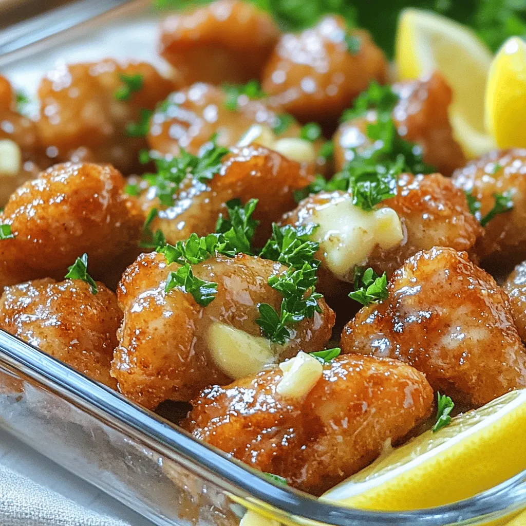 To make these tasty garlic butter chicken bites, you need a few key items: - 1 pound (450g) boneless, skinless chicken breasts, cut into bite-sized pieces - 4 tablespoons unsalted butter - 5 cloves garlic, minced These main ingredients form the base of the dish. The chicken provides protein, while the butter adds rich flavor. The garlic gives a wonderful aroma and taste. Adding the right seasonings makes this dish shine. You will need: - 1 teaspoon dried parsley - 1 teaspoon dried oregano - ½ teaspoon red pepper flakes (optional for heat) - Salt and pepper to taste - 1 tablespoon fresh lemon juice These seasonings blend well with the chicken. The dried herbs add depth. The red pepper flakes give a nice kick if you like heat. The salt and pepper bring out the natural flavors, while lemon juice adds brightness. To make your dish look even better, consider these garnishes: - 2 tablespoons chopped fresh parsley, for garnish - Lemon wedges, for serving Chopped parsley adds a fresh touch. Lemon wedges give an option for extra zing. These garnishes not only look good but also enhance the taste. For the full recipe, check out the [Full Recipe]. Start by cutting your chicken breasts into small, bite-sized pieces. This helps them cook evenly. In a medium bowl, sprinkle salt and pepper over the chicken. Toss it well until each piece is coated. This simple step ensures flavor in every bite. Next, heat a large skillet over medium heat. Add 2 tablespoons of unsalted butter. Wait until the butter starts to bubble but does not brown. Then, add the seasoned chicken in a single layer. Let it cook for about 5 to 6 minutes. Stir it occasionally so it browns nicely on all sides. Once done, the chicken should be golden brown and fully cooked. Now, reduce the heat to low and add the minced garlic to the pan. Stir it for 1 to 2 minutes. You want the garlic to become fragrant but not burnt. After that, mix in the dried parsley, oregano, and red pepper flakes if you like heat. Cook for another minute so the flavors blend well. Finally, remove the skillet from heat and drizzle fresh lemon juice over the chicken. Add the remaining butter and stir until it melts into a creamy sauce. For the full recipe, you can refer to the detailed instructions. Transfer your garlic butter chicken bites to a serving plate. Garnish with fresh parsley and serve with lemon wedges for a bright twist. To get that golden crust, start with dry chicken. Pat each piece with a paper towel. This helps the chicken sear well. Use medium heat and don’t overcrowd the pan. If you add too many pieces, the chicken will steam instead of sear. Cook in batches if needed. Let the chicken rest for a few minutes after cooking. This keeps it juicy inside. You can boost the taste in many ways. For a deeper flavor, use fresh herbs instead of dried ones. Fresh basil or thyme can add a nice twist. If you like heat, increase the red pepper flakes. A splash of soy sauce can also add a savory kick. Adjust the lemon juice for more tang. Taste as you go, and find the right balance for your palate. Make your dish look as good as it tastes. Serve the chicken bites in a shallow bowl. This highlights the buttery sauce. Sprinkle fresh parsley on top for a pop of color. Place lemon wedges around the dish for a fresh touch. Consider pairing this with rice or a green salad. It adds color and texture to your table. For a full experience, check out the Full Recipe for more tips. {{image_2}} You can change up the protein in this recipe easily. Try shrimp or scallops for a seafood twist. Both cook quickly and soak up the garlic butter flavor. If you want something heartier, use chicken thighs. They stay juicy and add a rich taste. You can even swap in firm tofu for a plant-based choice. Just make sure to press the tofu to remove excess water. Want to amp up the heat? Add more red pepper flakes or a dash of hot sauce. For a fresh taste, mix in herbs like basil or thyme. You can also use fresh garlic instead of dried. If you love lemon, add more juice or zest for a bright kick. This keeps the dish lively and vibrant. You can serve these chicken bites in many ways. For a fun twist, place them in soft tortillas for tacos. Serve with rice or pasta for a full meal. You can also make a salad by adding greens and veggies. Place the chicken bites on top for a hearty salad. For a crowd, skewer the bites for easy eating. You can store Garlic Butter Chicken Bites in the fridge for up to three days. Let the chicken cool down before putting it in a container. Use an airtight container to keep it fresh. This will help hold in the flavors and moisture. If you want to keep the chicken bites longer, you can freeze them. Place the cooled chicken in a freezer-safe bag or container. Remove as much air as possible to prevent freezer burn. You can freeze them for up to three months. Label the bag with the date for easy tracking. To reheat, you can use a skillet or the microwave. If you use a skillet, add a little butter over low heat. This helps to keep the chicken juicy. Stir occasionally until warm. If you use a microwave, cover it with a damp paper towel and heat in short bursts. Check often to avoid overcooking. Enjoy your meal again without losing the tasty flavors from the original recipe! Garlic Butter Chicken Bites last about 3 to 4 days in the fridge. Store them in an airtight container. This keeps them fresh and safe to eat. When you want to reheat, just warm them in a skillet. This helps keep the flavor and texture intact. Yes, you can use frozen chicken for this recipe. Make sure to thaw it first. You can do this in the fridge overnight or use the microwave. Pat the chicken dry before cooking. This step helps achieve a nice sear. Garlic Butter Chicken Bites pair well with many sides. Here are some tasty options: - Rice: White or brown rice soaks up the butter sauce well. - Vegetables: Steamed broccoli or green beans add color and nutrition. - Salad: A fresh green salad adds a crisp contrast. - Bread: Crusty bread is great for dipping in the garlic butter. For a full guide on making these bites, check the Full Recipe. In this post, we covered the tasty Garlic Butter Chicken Bites. You learned about the key ingredients and seasonings. I shared step-by-step instructions for making them juicy and flavorful. We also discussed handy tips for perfect cooking and clever variations to try. Lastly, I explained how to store and reheat your bites. With these insights, you can create a delightful dish that impresses. Enjoy cooking, tasting, and sharing this simple recipe with others!