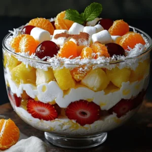 - Mini marshmallows - Shredded coconut (sweetened) - Canned mandarin oranges - Fresh pineapple - Strawberries - Grapes - Walnuts or pecans (optional) - Whipped cream or coconut whipped cream - Vanilla extract - Cinnamon (for garnish)