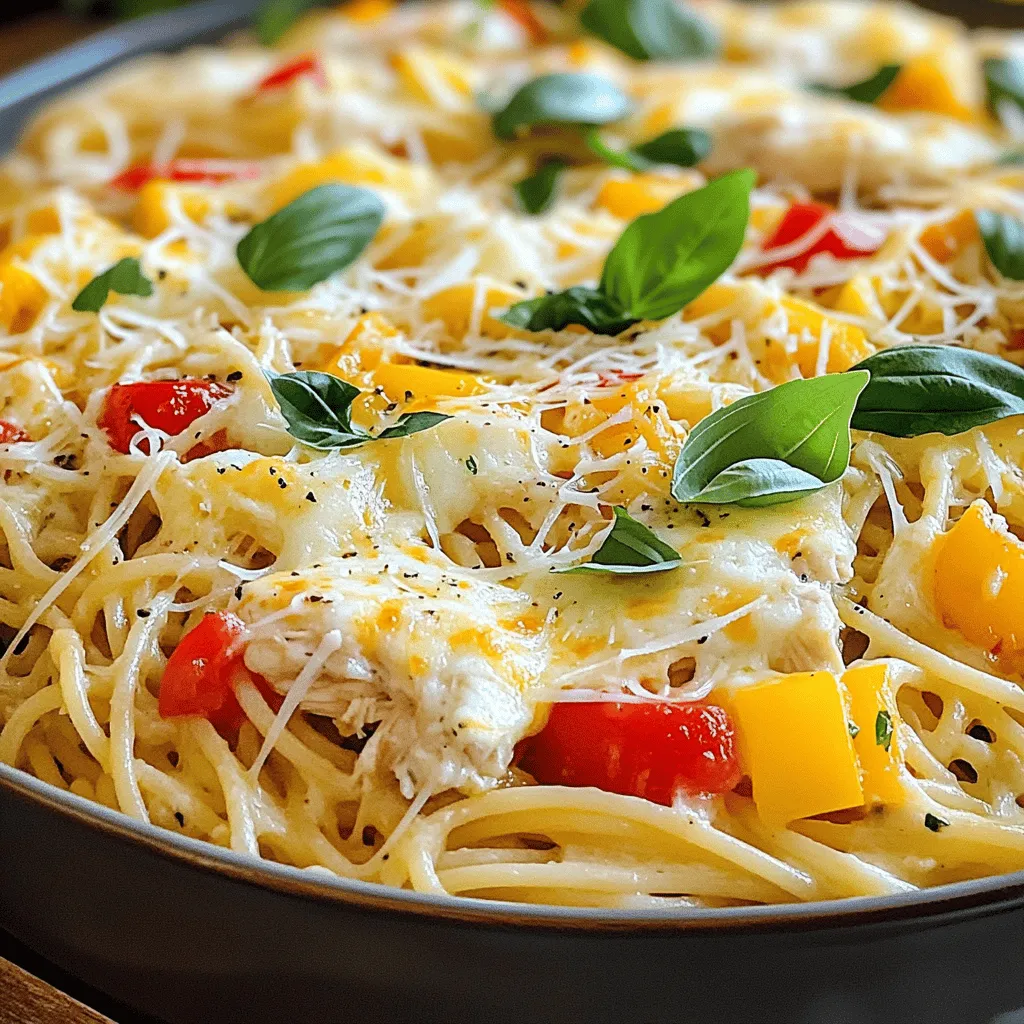 To make Chicken Spaghetti, gather these fresh ingredients: - 8 ounces spaghetti - 1 pound boneless, skinless chicken breasts, diced - 1 tablespoon olive oil - 1 small onion, finely chopped - 2 cloves garlic, minced - 1 bell pepper (red or yellow), diced - 1 can (14.5 ounces) diced tomatoes - 1 cup chicken broth - 1 teaspoon Italian seasoning - ½ teaspoon paprika - Salt and pepper to taste - 1 cup shredded mozzarella cheese - 1 cup grated Parmesan cheese - Fresh basil leaves for garnish These ingredients come together to create a dish that is both tasty and filling. You can swap out some ingredients if needed: - Spaghetti: Use any pasta shape you like, such as penne or fusilli. - Chicken: Rotisserie chicken or cooked turkey works well. - Olive oil: Canola oil or butter can replace olive oil. - Onion: Shallots or green onions can add a different flavor. - Bell pepper: Zucchini or mushrooms can add great taste. - Diced tomatoes: Fresh tomatoes can be used if you prefer. - Chicken broth: Vegetable broth is a good option for a lighter taste. - Cheese: Use cheddar or a dairy-free cheese for variety. These swaps can help you use what you have at home. Each serving of Chicken Spaghetti offers a balanced meal. Here’s what you can expect: - Calories: About 450 - Protein: 30 grams - Carbohydrates: 45 grams - Fat: 20 grams - Fiber: 3 grams This dish provides a good mix of protein and carbs. It can serve as a hearty meal for the whole family. Enjoy the flavors and the ease of making it! For the complete cooking steps, check out the Full Recipe. To start, fill a large pot with water and add salt. Bring it to a boil over high heat. Once boiling, add 8 ounces of spaghetti. Cook according to the package instructions until it's al dente. This usually takes about 8-10 minutes. After cooking, drain the spaghetti in a colander and set it aside. Now, take 1 tablespoon of olive oil and heat it in a large skillet over medium heat. Add 1 pound of diced chicken. Season this with salt, pepper, paprika, and Italian seasoning. Cook the chicken for about 5-7 minutes. You want it to be golden brown and fully cooked. Once done, remove the chicken from the skillet and set it aside. In the same skillet, add the finely chopped onion and diced bell pepper. Sauté these for 3-4 minutes until they soften. Then, add 2 cloves of minced garlic and cook for one more minute. This will make your kitchen smell amazing! Next, pour in 1 can of diced tomatoes and 1 cup of chicken broth. Stir to mix everything well and let it simmer for about 5 minutes. This step helps all the flavors blend together nicely. For the full recipe, be sure to check out the complete instructions to combine all the elements perfectly! To make a great sauce, focus on layering flavors. Start with fresh garlic and onions. Sauté them until they are soft and fragrant. This builds a rich base for your sauce. Use diced tomatoes with juices. They add moisture and flavor. Let the sauce simmer for a few minutes. This step helps all the flavors mix well. If you like spice, add a pinch of red pepper flakes. It gives the sauce a nice kick. For the best cheese melt, use fresh cheese. Shredded mozzarella works great. Add it when the heat is low. Cover the pan to trap the heat. This helps the cheese melt evenly. Let it sit for a few minutes after cooking. The cheese will become bubbly and golden. This adds a lovely texture to your dish. Don’t forget to sprinkle more Parmesan on top before serving. It adds flavor and looks nice! Cooking time can change based on your stove and pot. Always monitor your chicken closely. It should cook until golden brown and no longer pink inside. If you use thinner spaghetti, it may cook faster. Check the package for exact times. For the sauce, let it simmer longer if you want deeper flavors. Just be careful not to burn it! If you need to speed things up, cover the pot. This keeps the heat in and cooks food faster. {{image_2}} Adding vegetables to chicken spaghetti makes it even more delightful. You can toss in veggies like zucchini, mushrooms, or spinach. These add color and flavor. Simply chop them up and add them to the skillet when cooking the onions and bell peppers. This extra step boosts nutrition and taste. Feel free to swap the chicken for other proteins. You can use turkey, shrimp, or even tofu for a vegetarian option. If you choose shrimp, cook it until it turns pink. For turkey, follow the same steps as with chicken. Each protein brings its own unique flavor, making the dish your own. If you need a gluten-free meal, choose gluten-free pasta. Many brands offer great options that taste just like regular spaghetti. Cook it just like regular pasta. Also, double-check that the broth and other ingredients are gluten-free. This way, everyone can enjoy delicious chicken spaghetti without worry. For the full recipe, check out the details above! To keep your chicken spaghetti fresh, place it in an airtight container. Make sure to cool it first. Storing it this way helps prevent spoilage. You can keep leftovers in the fridge for 3 to 4 days. If you want to save it for longer, consider freezing it. When you're ready to enjoy your leftovers, reheat them gently. You can use a microwave or a stove. If using a microwave, place the spaghetti in a bowl. Add a splash of water to keep it moist. Cover the bowl and heat for 1-2 minutes. Stir halfway through to heat evenly. On the stove, warm it over low heat. Stir often to avoid burning. Freezing chicken spaghetti is easy. First, let it cool completely. Then, portion it into freezer-safe bags. Remove as much air as you can before sealing. Label the bags with the date and contents. You can freeze it for up to 3 months. When ready to eat, thaw it overnight in the fridge. Then, reheat as mentioned above. For the best taste, try to eat it within a month. To make Chicken Spaghetti from scratch, start by cooking the spaghetti. In a big pot, boil salted water and add the spaghetti. Cook it until it’s al dente, then drain it. Next, in a large skillet, heat olive oil. Add diced chicken, season it, and cook until golden brown. Remove the chicken and add onions and bell pepper to the skillet. Sauté for a few minutes, then add minced garlic. Pour in diced tomatoes and chicken broth, letting it simmer. Return the chicken to the skillet, add the spaghetti, and mix. Finally, sprinkle mozzarella and Parmesan cheese on top and cover until melted. For the full recipe, check the [Full Recipe]. Yes, using rotisserie chicken is great for this recipe. It saves time and adds flavor. Just shred the chicken and add it to the skillet after cooking the vegetables. This way, you can skip the step of cooking raw chicken. Chicken Spaghetti pairs well with a fresh green salad. You can also serve garlic bread or cheesy breadsticks on the side. For a light touch, consider a simple cucumber salad. These sides balance the richness of the dish and add freshness to your meal. This blog post covered how to make delicious chicken spaghetti. You learned about the key ingredients, their substitutions, and nutritional facts. I shared step-by-step cooking instructions and helpful tips for the perfect dish. We also discussed tasty variations and smart storage methods. Chicken spaghetti is easy to make and versatile. Feel free to experiment with your favorite veggies and proteins. Enjoy the comfort of this meal tonight!