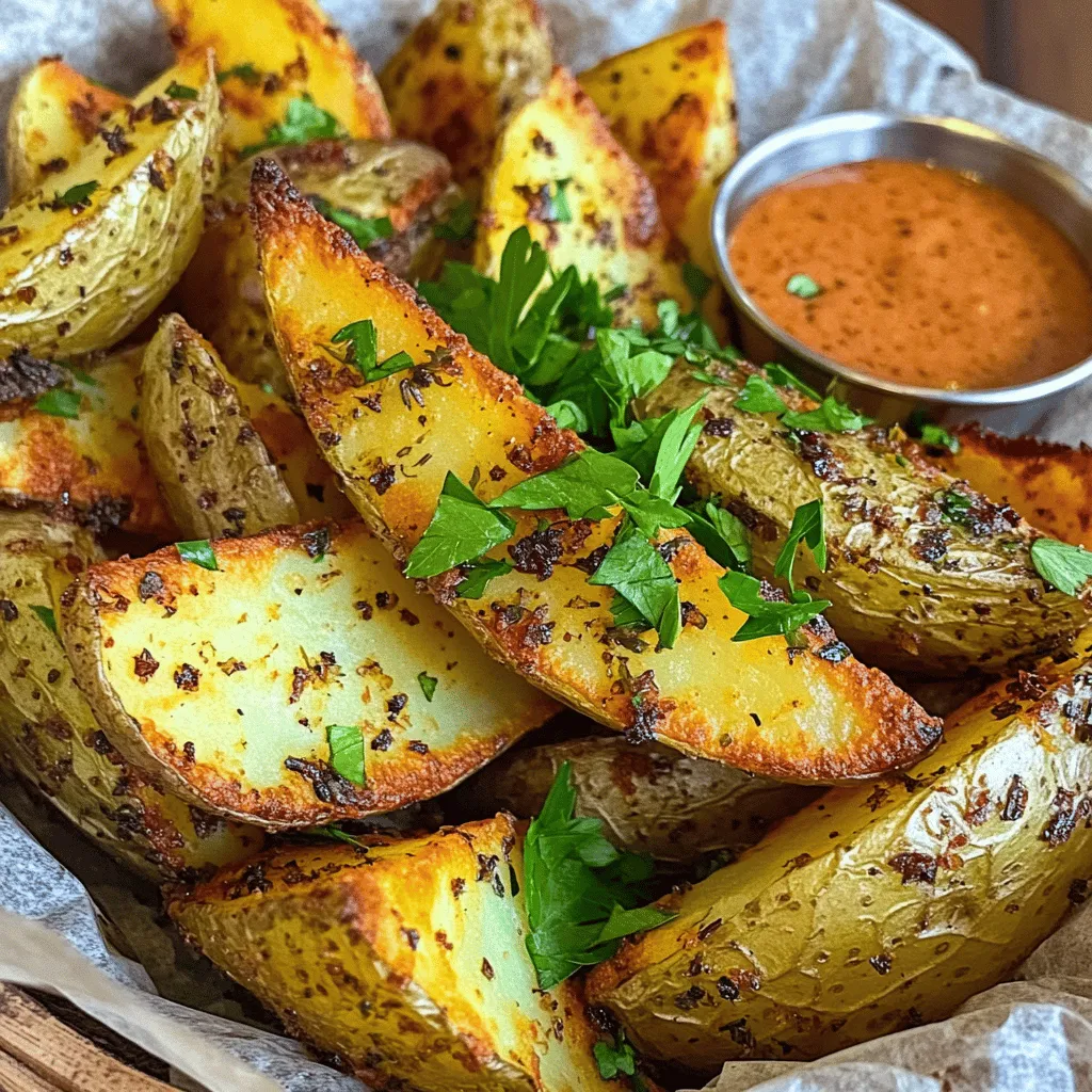 - 4 medium-sized russet potatoes - 3 tablespoons olive oil - 1 teaspoon garlic powder - 1 teaspoon onion powder - 1 teaspoon smoked paprika - 1 teaspoon dried rosemary - 1 teaspoon dried thyme - Salt and pepper to taste - Fresh parsley, chopped (for garnish) You can change the oil if you like. Avocado oil or vegetable oil works well. For spices, try oregano or cumin instead of the ones listed. These swaps can bring new flavors that you might enjoy. Russet potatoes are the best for crispy wedges. They have high starch content, making them fluffy inside and crispy outside. Organic potatoes can be better for taste and health, but regular ones work too. Always pick firm potatoes without bruises or soft spots for the best results. Prepping the Oven and Baking Sheet Start by preheating your oven to 425°F (220°C). This high temperature helps make the wedges crispy. Next, line a large baking sheet with parchment paper. This step is key for easy cleanup and prevents sticking. Washing and Cutting the Potatoes Take four medium-sized russet potatoes. Wash them under cold water to remove dirt. Scrubbing is important; you want clean skins for texture. After washing, cut each potato in half lengthwise. Then, slice each half into wedges, aiming for about six to eight wedges per potato. Keeping the skin on boosts flavor and nutrition. Mixing the Seasoning Blend In a large mixing bowl, add three tablespoons of olive oil. Then, sprinkle in one teaspoon each of garlic powder, onion powder, smoked paprika, dried rosemary, and dried thyme. Season with salt and pepper to taste. Mix well until all the spices blend into the oil. This mixture will infuse the wedges with great flavor. Tossing the Potatoes in Oil Now, add your cut potato wedges to the bowl. Toss them in the oil mixture so each wedge is coated evenly. This ensures every bite is full of flavor. If needed, use your hands to make sure they are well-covered. Baking Temperature and Timing Spread the seasoned potato wedges on the lined baking sheet in a single layer. Avoid crowding them; this helps them crisp up. Bake in the preheated oven for 30 to 35 minutes. Tips for Flipping the Wedges Halfway through baking, flip the wedges. Use a spatula to turn them gently. This helps them cook evenly. You want them golden brown and crispy on all sides. For the full details, check the [Full Recipe]. To get those perfect crispy potato wedges, spacing is key. Make sure the wedges are not touching on the baking sheet. If they crowd each other, they will steam instead of crisp up. The type of oven you use also matters. A convection oven can help circulate hot air, giving you a better crunch. Lastly, the weight of the potatoes affects texture. Heavier potatoes have more moisture, which can lead to soggy wedges. You can boost the flavor of your wedges by playing with spice levels. If you like heat, add some cayenne or chili powder. For a milder taste, stick with herbs like oregano or dill. Famous seasoning blends, like Cajun or Italian seasoning, can add a fun twist. Experiment with what you love to create a mix that excites your taste buds. Crispy potato wedges taste amazing with dips. Try them with garlic aioli, spicy ketchup, or ranch dressing. Pair your wedges with burgers, grilled chicken, or even a fresh salad. For a fun presentation, serve them in a rustic basket lined with parchment. This adds charm and makes the meal feel special. {{image_2}} You can change up your potato wedges with fun flavors. Here are two ideas: - Cheese-loaded potato wedges: To make these, add parmesan cheese. Sprinkle it on the wedges during the last few minutes of baking. This gives a rich and savory taste you will love. - Spicy jalapeño-infused wedges: For a kick, mix in chopped jalapeños. You can add them to the oil blend before tossing the wedges. This will give your dish a spicy flair. You can cook your crispy potato wedges in different ways. - Air fryer crispy potato wedges: If you want a quick method, the air fryer works great. It cooks the wedges faster while keeping them crispy. Just set the temperature to 400°F (200°C) and cook for 20-25 minutes, shaking halfway through. - Deep-fried versions for added crunch: For an extra crispy texture, deep frying is a classic choice. Heat oil to 350°F (175°C). Fry the wedges in batches until golden brown. This method makes them crunchy all around. You can also adapt your recipe for different diets. - Vegan options for seasonings: Most of the spices are already vegan. Just ensure any added cheese is dairy-free if you want a vegan dish. - Gluten-free alternatives: This recipe is naturally gluten-free. Just check your seasonings to make sure they are gluten-free. This way, everyone can enjoy your crispy potato wedges! For the full recipe, check out the crispy herb-infused potato wedges section above. To keep your leftover wedges fresh, store them in the fridge. Place them in an airtight container. This way, they won’t dry out. Use them within three days for the best taste. To keep your wedges crispy when reheating, use the oven or an air fryer. Preheat your oven to 400°F (200°C). Spread the wedges on a baking sheet, and heat for about 10-15 minutes. This method restores their crunch. If you need a quick option, you can use the microwave. Place wedges on a microwave-safe plate. Heat them for 30 seconds at a time until warm. However, this method may make them a bit soft. You can freeze potato wedges if you want to save some for later. First, let them cool completely. Then, place the wedges in a single layer on a baking sheet. Freeze them for about an hour. Once frozen, transfer them to a freezer-safe bag. They can last up to three months in the freezer. To cook frozen wedges, preheat your oven to 425°F (220°C). Bake them straight from the freezer for about 30-35 minutes. No need to thaw! Enjoy your crispy potato wedges anytime. For the full recipe, check out the Crispy Herb-Infused Potato Wedges. To make crispy potato wedges, start by preheating your oven to 425°F (220°C). Line a baking sheet with parchment paper to keep it clean. Wash and scrub the russet potatoes well, then cut them into wedges. Leaving the skin on helps with texture. Next, mix olive oil with garlic powder, onion powder, smoked paprika, rosemary, thyme, salt, and pepper in a bowl. Toss the potato wedges in this mix until they are fully coated. Spread them out on the baking sheet, making sure they aren't crowded. Bake for 30-35 minutes. Flip them halfway for even crispiness. Crispy potato wedges taste great with many dips. Some popular options include: - Garlic aioli - Spicy ketchup - Ranch dressing - Barbecue sauce - Sour cream with chives Feel free to mix and match dips based on your taste! Yes, you can prepare potato wedges in advance. Cut and season them a few hours before cooking. Store them in a sealed container in the fridge. This keeps them fresh. You can also freeze uncooked wedges. Just place them on a baking sheet to freeze, then transfer to a freezer bag. When ready to cook, bake them straight from the freezer. Adjust the cooking time as needed. For more details, check out the Full Recipe. In this blog post, we've explored how to make crispy potato wedges. We discussed the best ingredients, including potatoes and spices. You learned tips for prep and baking, focusing on achieving that perfect crunch. I provided helpful ideas for seasoning, storage, and serving. The right techniques can transform simple ingredients into a delicious snack. Enjoy experimenting with flavors and methods. Your perfect crispy potato wedges are just a recipe away!