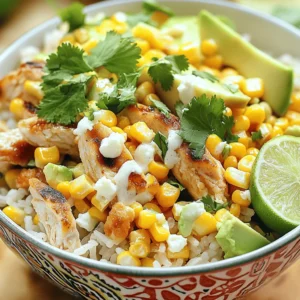 - 1 cup cooked jasmine rice - 1 pound chicken breast, diced - 1 can (15 oz) corn kernels, drained - 1/2 cup crumbled feta cheese - 1/4 cup mayonnaise - 1 tablespoon lime juice - 1 teaspoon chili powder - 1/2 teaspoon garlic powder - Salt and pepper to taste - 1/4 cup fresh cilantro, chopped - 1 avocado, sliced - Lime wedges for garnish The Street Corn Chicken Rice Bowl has a mix of fresh and tasty ingredients. You start with cooked jasmine rice, which adds a nice base. The chicken breast brings in lean protein and a great texture. The corn kernels give a sweet crunch, while the feta cheese adds a salty flavor. For seasoning, the mayonnaise, lime juice, chili powder, and garlic powder create a creamy and zesty sauce. You can adjust salt and pepper to match your taste. The garnishes of cilantro and avocado not only look beautiful but also add fresh flavors. Lime wedges are a fun touch, letting you squeeze fresh juice right before you dig in. You can find the full recipe to guide you through each step. With these ingredients, you’ll make a meal that is not only filling but also bursting with flavor. First, heat a drizzle of oil in a large skillet over medium heat. Add 1 pound of diced chicken breast. Season it with salt, pepper, 1 teaspoon of chili powder, and 1/2 teaspoon of garlic powder. Cook for about 7 to 10 minutes. The chicken should be fully cooked and golden brown. This step gives your bowl a great flavor base. In a bowl, combine 1 can of drained corn, 1/2 cup of crumbled feta, 1/4 cup of mayonnaise, and 1 tablespoon of lime juice. Add a pinch of salt and pepper to taste. Mix everything well to combine the flavors. This creamy mix adds a fresh and zesty twist to your bowl. Once the chicken is done, add the street corn mixture directly to the skillet. Stir gently to combine and heat through for 2 to 3 minutes. In serving bowls, place a generous scoop of 1 cup of cooked jasmine rice at the bottom. Top it with the chicken and street corn mixture. You can garnish with fresh cilantro, sliced avocado, and a lime wedge. For the full recipe, check out the details above. Enjoy creating your flavorful and filling Street Corn Chicken Rice Bowl! - Dice the chicken evenly for uniform cooking. This helps it cook nicely. - Use leftover rice for a quicker meal prep. It saves time and adds flavor. - Adjust cooking times based on chicken thickness. Thinner pieces cook faster than thicker ones. - Experiment with spice levels in the street corn mixture. You can make it mild or spicy based on your taste. - Use colorful bowls for an attractive presentation. Bright colors make the meal more inviting. - Garnish with extra cilantro and a lime wedge for a vibrant touch. This gives a fresh finish to the dish. For the full experience, check out the Full Recipe for detailed steps and ingredients! {{image_2}} You can change the protein in your bowl. Try shrimp or tofu instead of chicken. Both add a nice twist. If you like beef, grilled steak makes a great heartier option. Just cook the steak to your desired doneness. If you want a vegetarian bowl, swap the chicken for black beans or chickpeas. Both are packed with protein and flavor. Use vegan mayonnaise instead of regular. You can also skip the feta cheese to keep it fully plant-based. Want to spice things up? Add jalapeños for a spicy kick. If you enjoy crunch, diced red onions or bell peppers work well. They add color and texture to your meal. Experiment with these options to find your favorite flavor mix. Store any leftovers in an airtight container. This keeps the food fresh and tasty. You can enjoy the meal within 3-4 days for the best flavor. If you want to save some for later, freeze it in individual portions. This way, you can enjoy it any time. It stays good for up to 2 months. Remember to thaw it in the refrigerator before reheating. When you're ready to eat again, you can reheat it in the microwave or on the stovetop. If the rice seems dry, just add a splash of water. This helps bring back its moisture and flavor. A Street Corn Chicken Rice Bowl is a fun dish inspired by street food. It features seasoned chicken, sweet corn, and creamy toppings. Here’s what you’ll find in this bowl: - 1 cup cooked jasmine rice - 1 pound diced chicken breast - 1 can (15 oz) drained corn kernels - 1/2 cup crumbled feta cheese - A mix of mayonnaise, lime juice, chili powder, and garlic powder - Fresh cilantro and avocado for garnish - Lime wedges to squeeze on top This meal mixes flavors and textures. You get juicy chicken, crunchy corn, and creamy feta. It’s filling and perfect for lunch or dinner. Making this dish is quick and easy. Here’s the time breakdown: - Prep time: 15 minutes - Cook time: 15 minutes - Total time: 30 minutes In just half an hour, you can have a tasty meal ready to enjoy. Yes, you can prepare this dish ahead. Here are some tips: - Cook the chicken and street corn mixture in advance. - Store them in separate airtight containers. - Keep the rice in the fridge as well. You can assemble the bowls right before eating. This method is great for meal prep. Adding toppings can make your bowl even better. Here are some popular options: - Sliced jalapeños for heat - Chopped green onions for extra flavor - Extra feta cheese for creaminess - A drizzle of hot sauce for spice Feel free to mix and match toppings based on your taste! Yes, making this dish gluten-free is easy. Just follow these tips: - Ensure your mayonnaise is gluten-free. - Use certified gluten-free chili powder. You can enjoy this flavorful meal without worries if you make these small changes. For the full recipe, check the earlier section. Enjoy! This blog post discussed how to make a delicious Street Corn Chicken Rice Bowl. We covered essential ingredients like chicken, corn, and feta, along with simple steps to prepare and assemble your meal. You can mix and match proteins and toppings to suit your taste. Whether you want a quick dinner or meal prep, this recipe is perfect for you. Enjoy your cooking and savor the rich flavors in every bite!