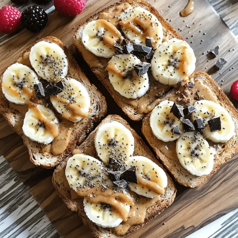 - 4 slices of whole grain bread - 1 cup natural creamy peanut butter - 1 ripe banana, sliced - 2 tablespoons honey or maple syrup - 2 tablespoons chia seeds - 1 teaspoon cinnamon - A pinch of sea salt - Optional toppings such as dark chocolate shavings, shredded coconut, or fresh berries Gathering the right ingredients is key to making perfect peanut butter toast. Whole grain bread is a great choice. It adds fiber and a nice crunch. Natural creamy peanut butter gives you rich flavor without added sugars or oils. You want ripe bananas for sweetness and creaminess. Honey or maple syrup adds extra sweetness, making your toast irresistible. Chia seeds give a nice crunch and boost your nutrition. Cinnamon adds warmth and flavor. A pinch of sea salt brings out the taste of the peanut butter. Feel free to get creative with toppings! Dark chocolate, shredded coconut, or fresh berries can take your toast to the next level. For the full recipe, check out the Peanut Butter Paradise Toast 🥜 section. Enjoy your tasty snack! 1. Toasting the bread: Start by taking your four slices of whole grain bread. Place them in a toaster or on a baking sheet. Toast until they are golden brown and crispy. This step adds a nice crunch to your peanut butter toast. 2. Preparing toppings: While the bread toasts, slice the ripe banana. Measure out your honey or maple syrup, chia seeds, and cinnamon. Having everything ready makes the next steps easier. 1. Spreading peanut butter: Once the bread is toasted, take your natural creamy peanut butter. Use a butter knife to spread a thick layer on each slice. Be generous! This adds flavor and creaminess. 2. Adding banana slices: Now, take the banana slices and arrange them evenly on top of the peanut butter. Make sure to cover the bread well. This adds sweetness and a nice texture. 1. Drizzling honey or maple syrup: Next, drizzle honey or maple syrup over the banana slices. This adds extra sweetness and makes it feel special. 2. Adding chia seeds and cinnamon: Sprinkle chia seeds and cinnamon evenly across each toast. The chia seeds add crunch and nutrition, while cinnamon gives a warm flavor. 3. Optional toppings and sea salt: If you want to get fancy, add optional toppings like dark chocolate shavings, shredded coconut, or fresh berries. Finish with a light sprinkle of sea salt to enhance all the flavors. Now, you have a delicious peanut butter toast ready to enjoy! For the detailed steps and ingredients, refer to the Full Recipe. When making peanut butter toast, the choice of bread matters. Whole grain bread is a top pick. It adds fiber and nutrients. It also gives a nice texture. White bread is softer but lacks these benefits. If you need gluten-free options, try gluten-free bread. Many brands taste great and work well with peanut butter. Peanut butter toast is fun to customize. You can mix flavors to keep it exciting. Try adding sliced fruits like apples, strawberries, or peaches. You can also switch up the nut butter. Almond or cashew butter can be great swaps. For serving, enjoy it as a breakfast or snack. It’s quick to make and fills you up nicely. Peanut butter is more than tasty. It packs a lot of nutrition. One serving has protein, healthy fats, and fiber. These nutrients help with energy and fullness. Peanut butter also has vitamins and minerals. It’s a great part of a balanced diet. Just remember to enjoy it in moderation. Adding it to your meals boosts flavor and health. {{image_2}} Peanut butter toast is simple to make and fun to change up. Here are some tasty ideas. - Peanut butter and apple slices: Slice a crisp apple and layer it on your peanut butter toast. The crunch mixes well with the creaminess of the peanut butter. - Peanut butter with jelly or preserves: Spread a layer of your favorite jelly or preserves over the peanut butter. This adds sweetness and a fruity kick. - Peanut butter with avocado: Mash some avocado and spread it on top of peanut butter. This combo is creamy and rich, making a filling snack. - Adding spices for a savory twist: Sprinkle spices like chili powder, garlic powder, or even a touch of cumin on your peanut butter. This creates a unique flavor that surprises your taste buds. - Fall favorites (e.g., pumpkin spice): In the fall, mix pumpkin spice into your peanut butter. This warm flavor brings a cozy feel to your toast. - Summer fruit combos: In summer, try topping your toast with fresh berries or peaches. These fruits add brightness and sweetness, perfect for warm days. Explore these variations and make your peanut butter toast even more exciting! For the full recipe, check out the Peanut Butter Paradise Toast. How to store leftover toast If you have leftover peanut butter toast, store it in an airtight container. This keeps the toast from getting soggy. You can also wrap it in foil or plastic wrap. Toast is best eaten fresh but can last for one day in the fridge. Storing prepared ingredients To store prepared ingredients, keep your peanut butter in its jar. Seal it tightly to keep it fresh. Slice bananas can go in a small container in the fridge. If you prepare chia seeds or honey, store them in separate jars. Always use clean spoons to avoid contamination. Prepping ingredients for quick breakfasts You can save time by prepping your toppings in advance. Slice bananas and store them in a container. Measure out chia seeds and cinnamon into small bags. This makes breakfast quick and easy. Just grab your bread and peanut butter, and you're ready to go! Freezing bread for convenience Freezing bread is a smart way to keep it fresh. Place slices in a freezer bag. Remove as much air as possible before sealing. When you're ready to eat, just toast the slices straight from the freezer. They will taste great! How long does peanut butter last? Unopened peanut butter can last for 6 to 12 months in the pantry. Once opened, it stays good for about 3 to 6 months. Always check for oil separation or an off smell. If you see either, toss it out. Tips for keeping peanut butter fresh To keep peanut butter fresh, store it in a cool, dry place. If you use natural peanut butter, stir it well before each use. This helps keep the oils mixed. If you want, you can also refrigerate it, but that may make it harder to spread. Yes, you can use crunchy peanut butter! The main difference is texture. Crunchy peanut butter has bits of peanuts, giving a fun crunch. Creamy peanut butter spreads smoothly and is easier to spread. If you love texture, go for crunchy. If you want a smooth bite, stick with creamy. Peanut butter toast can be very healthy! It offers protein, healthy fats, and fiber. Whole grain bread adds extra fiber, which helps your gut. Peanut butter gives you energy and keeps you full. Bananas add vitamins and potassium too. Just watch the sugar in toppings. Keep it simple for the best health benefits. Making peanut butter toast vegan is easy! Use natural peanut butter without honey. Swap honey for maple syrup or agave nectar. Choose vegan bread, like whole grain or sourdough. You can add fruits like bananas or berries. These options make your toast tasty and vegan-friendly! For the full recipe, check out the Peanut Butter Paradise Toast. Peanut butter toast offers simplicity and flavor. We covered how to make it with whole grain bread, natural peanut butter, and ripe bananas. You saw tips to customize your toast and learned about healthy options. Remember, this recipe can be sweet or savory, and it’s a great snack or meal. With the right storage and preparation, you can enjoy it anytime. Dive in and explore these variations to find your favorite!