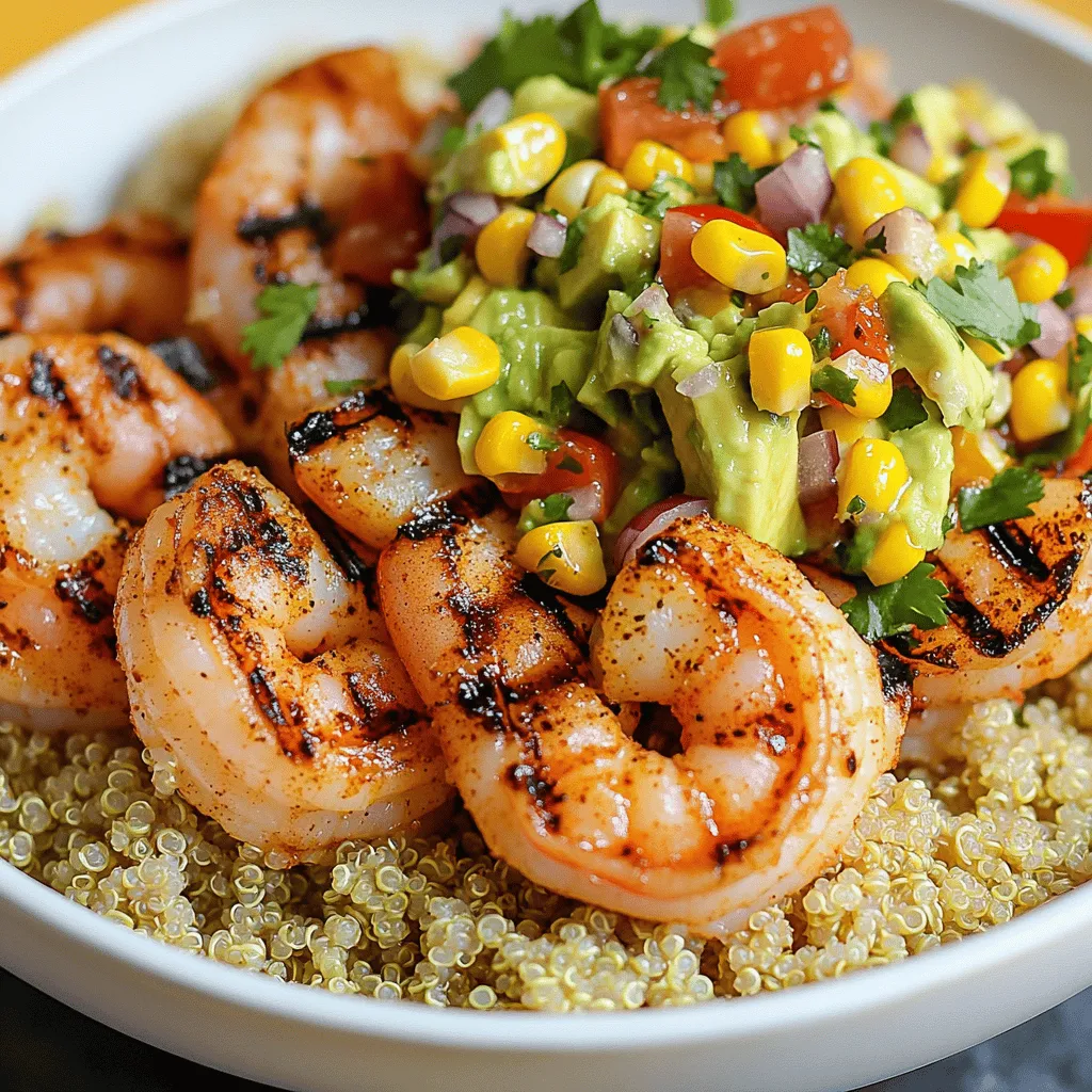 To create a delicious Grilled Shrimp Bowl with Avocado Corn Salsa, you will need: - 1 lb large shrimp, peeled and deveined - 2 tablespoons olive oil - 1 teaspoon smoked paprika - 1 teaspoon garlic powder - 1 teaspoon cumin - Salt and pepper to taste - 2 cups cooked quinoa or brown rice These main ingredients form the tasty base of your dish. The shrimp bring a sweet, briny flavor, while spices add depth. Quinoa or brown rice gives you a hearty base to soak up all the flavors. For the bright and fresh avocado corn salsa, gather: - 1 cup corn (fresh or frozen) - 1 avocado, diced - 1 medium tomato, diced - 1/4 red onion, finely chopped - Juice of 1 lime This salsa is a colorful mix. The corn offers crunch, while avocado gives creaminess. Lime juice adds a zesty kick, balancing the richness of the avocado. You can enhance your bowl with: - Fresh cilantro, chopped, for garnish - Additional spices or toppings Fresh cilantro adds a pop of flavor and color. You can also add extra spices, like chili powder or a sprinkle of cheese, for fun twists. For the full recipe, check the [Full Recipe]. First, let's marinate the shrimp. In a bowl, mix the shrimp with olive oil, smoked paprika, garlic powder, cumin, salt, and pepper. Toss well to coat the shrimp evenly. Let it sit for at least 15 minutes. This helps the shrimp soak up all the flavors. Next, preheat your grill to medium-high heat. Make sure your grill is clean. This step helps prevent the shrimp from sticking. A well-oiled grill is key for a great cook. Now, it’s time to grill the shrimp. If you’re using skewers, thread the marinated shrimp onto them. If you have wooden skewers, soak them in water for 30 minutes beforehand. This keeps them from burning. Place the skewers on the grill once it's hot. Cook the shrimp for about 2-3 minutes on each side. They should turn pink and opaque when done. Remove them from the grill and set aside. While the shrimp cook, prepare the salsa. In a medium bowl, add corn, diced avocado, tomato, red onion, and lime juice. Sprinkle in some salt and pepper. Mix gently to combine the ingredients. Be careful not to mash the avocado; you want nice chunks for texture. For a fresh taste, use ripe avocado and fresh ingredients. This makes the salsa bright and flavorful. Now you’re ready to build your delicious Grilled Shrimp Bowl with Avocado Corn Salsa! Check the Full Recipe for more details. To make sure your shrimp don’t stick, oil your grill well. A clean grill helps too. Use a paper towel dipped in oil, and wipe down the grates. This simple step keeps your shrimp intact when flipping. For perfect grill marks, preheat the grill to medium-high heat. Place the shrimp on the grill without moving them for 2-3 minutes. When you see nice marks, flip them. This gives you that restaurant look at home. Choosing a ripe avocado is key. Look for an avocado that feels slightly soft when you squeeze it. If it’s too hard, wait a few days. A ripe avocado adds a creamy texture to your salsa. Balancing the flavors in the salsa is also important. Use fresh lime juice to add brightness. The lime cuts through the richness of the avocado. Mix in some salt to enhance all the flavors. Remember, taste as you go! For ideal pairings, serve your shrimp bowl with a light salad. A simple green salad works well. You can also add a slice of crusty bread for crunch. When it comes to presentation, use clear bowls for a colorful display. Layer the quinoa or rice at the bottom. Top with shrimp and salsa. Finish with a sprinkle of cilantro for a pop of color. This makes your dish look as good as it tastes! {{image_2}} You can easily switch the shrimp for chicken or tofu. Chicken adds a hearty texture. Use boneless, skinless chicken breasts for the best results. Cut them into bite-sized pieces for even cooking. Tofu is a great choice for vegetarians. Press it to remove excess water, then marinate just like the shrimp. Feel free to add different vegetables to the salsa. Try bell peppers for crunch or diced cucumber for freshness. You can also mix in fruits like mango for a sweet twist. Experiment with herbs, too! Fresh basil or mint can brighten the flavors and add depth. If you want to change things up, switch to other grains. Couscous or farro are great options that cook quickly. They add a nutty flavor and texture. For a low-carb choice, use cauliflower rice. It’s light and will soak up all that delicious salsa. To keep your grilled shrimp and avocado corn salsa fresh, follow these tips: - Shrimp: Store in an airtight container. Use within 2 days for best taste. - Salsa: Place in a separate container. Consume within 1 day to avoid browning. - Containers: Glass or BPA-free plastic containers work well. Label them with dates for easy tracking. Reheat grilled shrimp gently to keep them tender: - Shrimp: Warm in a skillet over low heat. Stir often for even heating. Do not overcook. - Salsa: Enjoy cold for the best taste. If you prefer warm, heat briefly in the microwave. This helps keep the avocado from getting mushy. Freezing is great for longer storage: - Shrimp: Freeze in a single layer on a baking sheet. Once firm, transfer to a freezer bag. - Salsa: Freeze ingredients separately. Avoid freezing avocado, as it changes texture. - Thawing: Thaw shrimp overnight in the fridge. For salsa, let it sit at room temperature for a bit before mixing again. With these tips, you can enjoy your Grilled Shrimp Bowl with Avocado Corn Salsa later. For the complete recipe, check the Full Recipe section. You should grill shrimp for about 2-3 minutes per side. This time works well for large shrimp, which cook fast. When they turn pink and opaque, they are done. Avoid overcooking, as shrimp can become tough and chewy. Yes, you can prepare the salsa ahead. To keep the avocado fresh, add lime juice right before serving. Store the salsa in an airtight container in the fridge. This helps to slow down browning. Mix gently to avoid mashing the avocado. Pair your grilled shrimp bowl with simple sides. Here are some great options: - Grilled vegetables for added flavor. - A fresh green salad to balance the meal. - Crusty bread to soak up any juices. These sides complement the shrimp and salsa well. You can also try different grains or dips. Feel free to explore your favorites! For the full recipe, check out the [Full Recipe] section. In this post, we explored a tasty grilled shrimp bowl. We covered key ingredients like shrimp, quinoa, and fresh avocado corn salsa. I shared easy steps for marinating and grilling shrimp. You learned tips for making delicious salsa and different ways to serve it. Now, enjoy experimenting with flavors and make this meal your own. Feel free to switch ingredients or try new combinations. Cooking should be fun, so let your creativity shine and savor every bite!