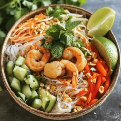 - 200g rice vermicelli noodles - 1 cup cooked shrimp, peeled and deveined - 1 cup bean sprouts - 1 carrot, julienned - 1 cucumber, julienned - 1 red bell pepper, thinly sliced - 1 cup fresh mint leaves - 1 cup fresh cilantro, chopped The main ingredients for this salad create a vibrant mix. The rice vermicelli noodles serve as the base. They soak up the flavors well. I love using cooked shrimp for protein. It adds a nice texture and taste. Fresh vegetables like bean sprouts, carrots, and cucumber add crunch. Red bell pepper brings sweetness. Mint and cilantro add a burst of freshness. Together, these ingredients create a delicious balance. - 3 tablespoons fish sauce - 2 tablespoons lime juice - 1 tablespoon sugar - 1 small garlic clove, minced - 1 tablespoon sesame oil The dressing is key to this dish. Fish sauce gives it a salty depth. Lime juice adds brightness and acidity. Sugar balances the saltiness and acidity. Minced garlic gives a fragrant kick. Sesame oil adds a rich, nutty flavor. Mix these together for a tasty dressing that elevates the salad. - Crushed peanuts - Lime wedges Garnishes make the salad more fun. Crushed peanuts add crunch and richness. Lime wedges give a chance to add more zing. These small touches enhance flavor and presentation. They make your salad look and taste amazing. You can find the full recipe [here](#). To cook rice vermicelli noodles, follow the package instructions carefully. Start by boiling water in a pot. Once it's boiling, add the noodles. Cook them for about 3 to 5 minutes. You want them soft but still firm. Drain the noodles in a colander. Rinse them under cold water to stop the cooking. This helps keep the noodles from sticking. Let them cool while you prepare the dressing. Next, let's make the dressing. In a big bowl, combine 3 tablespoons of fish sauce, 2 tablespoons of lime juice, 1 tablespoon of sugar, and 1 small minced garlic clove. Add 1 tablespoon of sesame oil. Stir the mix well. Make sure the sugar dissolves completely. This step is key for balance in flavor. Now it’s time to put everything together. Add the cooled rice vermicelli noodles to the dressing. Gently toss until the noodles are well coated. Next, add in 1 cup of cooked shrimp, 1 cup of bean sprouts, 1 julienned carrot, 1 julienned cucumber, and 1 thinly sliced red bell pepper. Don’t forget to add 1 cup of fresh mint leaves and 1 cup of chopped cilantro. Toss everything gently to mix it well. Serve the salad in bowls. Top with crushed peanuts and lime wedges for an extra zing. Enjoy your fresh and flavorful meal! To get the best noodle texture, cook rice vermicelli noodles carefully. Use a large pot of boiling water. Add the noodles and stir gently. Cook them until they are just tender. This usually takes about three to five minutes. Once done, drain them quickly. Rinse under cold water to stop cooking. This helps keep the noodles firm and prevents clumping. To avoid clumping, toss the noodles with a little sesame oil after rinsing. This adds flavor and keeps them separate. Use your hands to break apart any stuck noodles gently. The dressing is important for flavor. If you want more sweetness, add a little sugar. For more acidity, squeeze in extra lime juice. You can also add a dash of chili paste for spice. Experiment with flavors to match your taste. Try adding fresh ginger for a zing. You can also mix in some soy sauce for a different taste. Each little change can make the salad unique. Pair your noodle salad with grilled chicken or pork for a full meal. You can also serve it with spring rolls for a fun twist. For a creative presentation, use clear bowls. Layer the colorful veggies and noodles. This makes the dish look vibrant and inviting. Garnish with crushed peanuts and lime wedges. It gives a nice touch and adds crunch. Enjoy your Quick Vietnamese Noodle Salad! {{image_2}} If you want to change the protein in your Quick Vietnamese Noodle Salad, you have options. For shrimp, try cooked chicken or tofu. Both give you great taste and texture. For a vegetarian or vegan version, use extra firm tofu. You can marinate and grill it for added flavor. Tempeh is another tasty choice. It has a nice nutty flavor that works well in this salad. Feel free to mix up the vegetables in your salad! Try seasonal veggies like snap peas or radishes. They add crunch and color. You can also adjust according to your taste. If you love spicy, add sliced jalapeños. If you prefer sweeter flavors, try adding mango or bell peppers. The key is to enjoy what you eat. Switching up the noodles can also change your dish. While rice vermicelli is classic, you can use soba or udon noodles. Both are delicious and filling. For those avoiding gluten, use rice noodles or zucchini noodles. Both are great for a lighter option. Enjoy experimenting with different styles! For the full recipe, check out the Quick Vietnamese Noodle Salad section above. To keep your Quick Vietnamese Noodle Salad fresh, store leftovers in the fridge. Use airtight containers to prevent moisture loss. This salad stays tasty for about two days. If you notice any wilting, eat it sooner! You can serve this salad cold or at room temperature. If you prefer warm noodles, gently heat them in a pan. Add a splash of fish sauce and a bit of water to keep them moist. This way, the salad stays flavorful and crunchy. Making this salad ahead of time is easy. Cook the noodles and prepare the dressing a day in advance. Store them separately to keep everything fresh. Chop veggies and herbs but add them just before serving. This keeps their crunch and color vibrant. For the full recipe, check out the recipe section! Yes, you can make this salad ahead of time. Prepare the noodles and dressing first. Mix them just before serving. This keeps the noodles fresh and prevents them from getting soggy. You can chop the veggies a day before. Just store them in the fridge in air-tight bags. This way, you save time and keep the salad crunchy. If you don’t have fish sauce, use soy sauce instead. It adds a nice salty flavor. You can also mix soy sauce with a little lime juice for brightness. Another option is to use coconut aminos. It’s sweeter and less salty. Both options give you a tasty dressing without fish sauce. The salad can last up to three days in the fridge. Keep it in a tight container to maintain freshness. After a day, the veggies may lose some crunch, but the flavors will still be good. If you notice any sogginess, just add fresh herbs or peanuts to revive it. This helps keep your meal enjoyable for several days. This blog covered how to make a tasty salad with rice vermicelli, shrimp, and fresh veggies. You learned to cook noodles, prepare a flavorful dressing, and assemble everything perfectly. I shared tips to enhance your dish and variations for different diets. Remember, this salad is versatile and can be stored well. Experiment with the ingredients to make it your own. Enjoy making this dish while sharing your yummy results. Your kitchen adventures await!