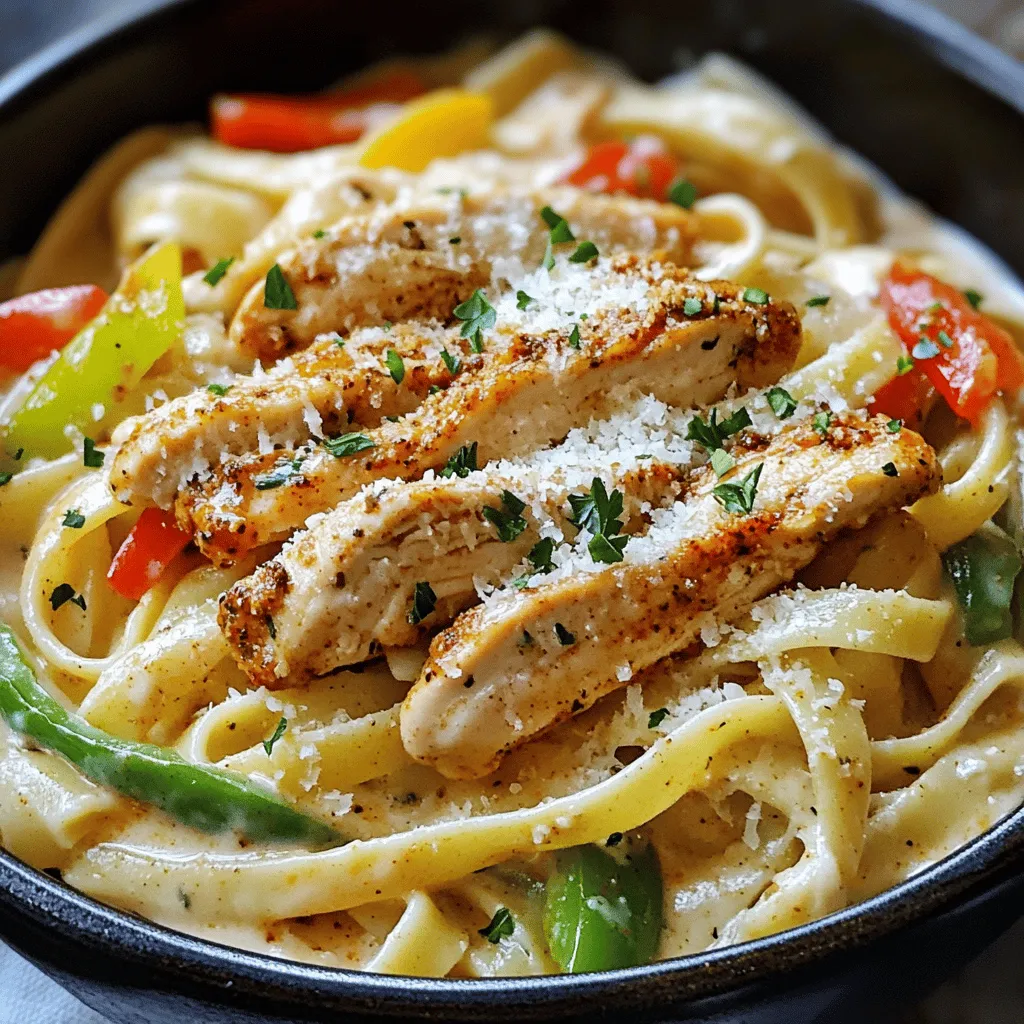 - Chicken and Seasoning - 2 boneless, skinless chicken breasts - 2 tablespoons Cajun seasoning - 1 tablespoon olive oil - Vegetables and Dairy - 1 red bell pepper, sliced - 1 green bell pepper, sliced - 1 small onion, sliced - 3 cloves garlic, minced - 1 cup heavy cream - 1 cup chicken broth - ½ cup grated Parmesan cheese - Salt and pepper to taste - Pasta and Extras - 8 ounces fettuccine pasta - 2 tablespoons chopped fresh parsley When you make Cajun chicken pasta, use fresh ingredients for the best taste. The chicken and seasoning create a tasty base. The bell peppers and onion add crunch and color. Garlic brings in a rich flavor. Heavy cream and Parmesan cheese make the dish creamy. Fettuccine pasta ties it all together, giving a nice bite. You can find the full recipe at the end of this article. It’s simple to follow and fun to cook! Enjoy the balance of spice and creaminess in every bite. Seasoning the Chicken Start by taking your chicken breasts and coating them with Cajun seasoning. Use your hands to rub it in well. This adds a bold flavor right from the start. Cooking the Chicken Heat a large skillet over medium heat and add olive oil. Once hot, place the seasoned chicken in the skillet. Cook for about 5 to 7 minutes on each side. Make sure the chicken is no longer pink inside. When done, remove the chicken and let it rest on a plate. Sautéing Vegetables In the same skillet, add your sliced red and green bell peppers, onion, and minced garlic. Sauté them for about 4 to 5 minutes. You want them to be tender but still have their bright colors. Boiling the Fettuccine While your veggies are cooking, fill a pot with salted water and bring it to a boil. Add the fettuccine pasta and cook according to the package instructions. Aim for al dente, which means the pasta should be firm but not hard. Draining and Setting Aside Once cooked, carefully drain the fettuccine in a colander. Set it aside while you finish the sauce. Making the Sauce Pour chicken broth into the skillet with the veggies. Bring it to a gentle simmer. Next, stir in the heavy cream and let it thicken slightly. This will create a rich sauce for your pasta. Mixing in Chicken and Pasta Slice the rested chicken into strips and return it to the skillet. Then, add the drained fettuccine. Toss everything together until well combined. Sprinkle in grated Parmesan cheese. Season with salt and pepper to taste. Cook for another 2 to 3 minutes to heat everything through. You can find the full recipe [here](#). Perfecting the Chicken Use boneless, skinless chicken breasts for easy cooking. Season them well with Cajun seasoning. This adds bold flavor. Cook the chicken in olive oil until it is golden brown. Make sure it is cooked through, with no pink in the middle. Let it rest before slicing. This keeps it juicy. Creaminess of the Sauce To achieve a nice creamy sauce, use heavy cream. It blends well with the chicken broth. Stir the cream gently into the pan. Let it simmer to thicken slightly. You can add Parmesan cheese for extra richness. It melts beautifully and enhances the taste. Pasta Cooking Secrets Cook fettuccine in salted water for great flavor. Follow the package instructions for the best texture. Aim for al dente; it should have a slight bite. Drain the pasta well, but save a bit of the pasta water. This can help the sauce stick later. Presentation Ideas Serve the pasta in deep bowls for a great look. Top each bowl with extra parsley for color. A sprinkle of Parmesan adds a nice touch. For a pop of heat, add slices of fresh chili. This not only looks nice but also adds flavor. Enhancing Flavor with Garnishes Garnishes can make your dish stand out. Fresh parsley brightens the plate. You can also drizzle a bit of olive oil on top. This enriches the taste and adds shine. Consider serving with crusty bread for a complete meal. Enjoy every bite of your Cajun chicken pasta! For the full recipe, check the Full Recipe section. {{image_2}} Using Shrimp or Sausage You can easily swap chicken for shrimp or sausage. Both options bring new flavors. If you choose shrimp, cook them quickly. They need just 2-3 minutes in the skillet. For sausage, slice it and cook until browned. Both choices pair well with Cajun seasoning. Dairy Alternatives If you want a lighter dish, try using coconut milk instead of heavy cream. It adds a nice flavor. For a vegan option, use almond milk with a thickener. This keeps the sauce creamy without dairy. Adding More Vegetables Feel free to add more veggies for extra nutrition. Spinach, mushrooms, or zucchini work great. Just add them when you sauté the other veggies. They will cook down and blend well with the dish. Spice Level Adjustments Want more heat? Add fresh chopped chili or cayenne pepper. Start with a small amount, then taste. You can always add more if you like it spicy! Adjusting the spice level makes the dish perfect for your taste. These variations keep your Cajun Chicken Pasta exciting and fun. Check out the Full Recipe for all the details! To keep leftovers fresh, store them in an airtight container. Make sure the pasta cools down before sealing. It’s best to refrigerate leftovers within two hours of cooking. Properly stored, they will last for three to four days in the fridge. If you want to keep them longer, freezing is a great option. For freezing, let the dish cool completely. Transfer it to a freezer-safe container. You can also use freezer bags, removing as much air as possible. This helps prevent freezer burn. When stored this way, Cajun chicken pasta can last up to three months. When it’s time to enjoy your leftovers, you have two main options for reheating: microwaving or stovetop. Microwaving: Place the pasta in a microwave-safe bowl. Add a splash of chicken broth or cream to keep it moist. Cover with a microwave-safe lid or wrap. Heat in short bursts, stirring in between, until hot. This usually takes about 2 to 4 minutes. Stovetop: Heat a skillet over medium heat. Add the pasta and a little chicken broth or cream. Stir gently until warmed through, about 5 to 7 minutes. This method helps maintain the creamy texture of the sauce. By following these tips, you can enjoy your Cajun chicken pasta even days later! For the full recipe, refer back to the earlier sections. What can I serve with Cajun Chicken Pasta? I love to serve Cajun Chicken Pasta with a crisp salad or garlic bread. A simple green salad with vinaigrette works well. You can also add some roasted vegetables for extra flavor. Can I make this dish in advance? Yes, you can make Cajun Chicken Pasta ahead of time. Just cook it fully and let it cool. Store it in the fridge for up to three days. Reheat it on the stove with a splash of chicken broth. How do I make it spicier? To boost the heat, add more Cajun seasoning. You can also include sliced fresh jalapeños or a dash of hot sauce. Test the spice level as you go to find your perfect balance. Is Cajun Chicken Pasta suitable for meal prep? Absolutely! This dish is great for meal prep. It stores well and is easy to reheat. Portion it into containers for quick lunches or dinners throughout the week. How to adjust the recipe for more servings? To feed more people, simply double or triple the ingredients. Keep the seasoning balanced, so everyone enjoys the flavors. Adjust the cooking time if you are cooking in larger batches. What is the origin of Cajun Chicken Pasta? Cajun Chicken Pasta blends Cajun cooking with Italian pasta. Cajun food comes from Louisiana's Cajun culture. It uses bold spices and fresh ingredients, making it vibrant and rich in flavor. This blog post covered every step to make delicious Cajun Chicken Pasta. We discussed key ingredients, from chicken to pasta. I shared tips to ensure great flavor and texture. You learned how to store and reheat leftovers, too. In the end, Cajun Chicken Pasta is fun to make and enjoy. Experiment with flavors and variations. You can create a dish that your friends and family will love! Enjoy cooking!