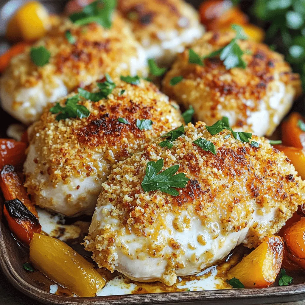 You need four boneless, skinless chicken breasts for this recipe. Choose fresh chicken for the best taste and texture. Look for chicken that is pink and firm. Avoid any that has dark spots or an off smell. The marinade gives the chicken its creamy flavor. You will need: - 1/4 cup plain Greek yogurt - 1/4 cup mayonnaise - 2 tablespoons Dijon mustard - 1 teaspoon garlic powder - 1 teaspoon onion powder - 1/2 teaspoon smoked paprika - Salt and pepper to taste This mix keeps the chicken moist and adds a tangy kick. The yogurt and mayo create a smooth base that coats the chicken well. For a crunchy topping, gather these ingredients: - 1/4 cup grated Parmesan cheese - 1/4 cup breadcrumbs (panko or regular) - Fresh parsley, chopped (for garnish) The cheese and breadcrumbs create a golden crust that contrasts nicely with the soft chicken. Garnish with parsley for a fresh touch. Make sure to check the Full Recipe for detailed steps to prepare this delicious meal! Start by mixing the marinade. In a medium bowl, combine the Greek yogurt, mayonnaise, and Dijon mustard. Then add garlic powder, onion powder, smoked paprika, salt, and pepper. Stir until it is smooth and creamy. This marinade keeps the chicken moist and gives it great flavor. Take each chicken breast and dip it into the marinade. Make sure to cover each piece fully. This helps the chicken absorb all the tasty flavors. Next, mix the grated Parmesan cheese and breadcrumbs in a small bowl. After coating, press this mixture on top of each chicken breast. The breadcrumbs add a lovely crunch. Now, preheat your oven to 375°F (190°C). Place the coated chicken breasts in a greased baking dish. Cover them loosely with foil to keep them moist while baking. Bake for 25 minutes. After that, remove the foil and bake for another 10-15 minutes. Check with a meat thermometer to make sure they reach 165°F (74°C). Let the chicken rest for 5 minutes before slicing. This allows the juices to settle. Enjoy your Melt In Your Mouth Chicken Breasts with a side of roasted veggies or a crispy salad. For the complete recipe, check the Full Recipe section. To keep chicken breasts tender, start with good quality meat. Look for fresh, plump chicken. Before cooking, marinate the chicken for at least 30 minutes. Use the creamy marinade made from Greek yogurt and mayonnaise. This helps lock in moisture. You can also pound the chicken to an even thickness. This ensures even cooking. To boost flavor, add fresh herbs to the marinade. Chopped rosemary or thyme works well. You can also try adding lemon zest for a bright taste. If you like spice, include a pinch of cayenne pepper. For a tangy kick, mix in a splash of lemon juice. This will make your chicken even more delicious. Cooking times may vary based on your oven and chicken size. Always check the internal temperature. It should reach 165°F (74°C). If your breasts are thicker, they may need more time. Tent them with foil if they brown too fast. This will keep them moist while cooking. Adjust your cooking time to ensure a perfect meal every time. {{image_2}} You can switch up the flavor of your chicken breasts. For a zesty kick, add lemon juice or lime zest to the marinade. If you love spice, mix in some hot sauce or cayenne pepper. For an herbaceous touch, try fresh herbs like thyme or rosemary. Each choice will give your chicken a new twist and keep meals exciting. You can change the topping for more variety. Instead of breadcrumbs, use crushed cornflakes for a crunchier texture. Mix in some herbs into your breadcrumb mix for added flavor. You could even top the chicken with sliced tomatoes and mozzarella cheese before baking. This makes a delicious caprese-style dish that is sure to impress. If you can’t find an ingredient, don’t worry! You can swap Greek yogurt for sour cream. Mayonnaise can be replaced with avocado for a healthier option. Use any type of cheese you have on hand instead of Parmesan. This recipe is flexible, allowing you to create your version of Melt In Your Mouth Chicken Breasts. For the full recipe and more detailed steps, check out the Full Recipe section. To keep your melt in your mouth chicken breasts fresh, place them in an airtight container. Make sure they cool down first to avoid steam buildup. Store them in the fridge for up to three days. If you want to enjoy them later, consider freezing. When reheating, use the oven or microwave. For the oven, preheat to 350°F (175°C). Place the chicken in a baking dish and cover it with foil. Heat for about 15-20 minutes, or until warm. If you use a microwave, heat on medium power for 2-3 minutes, checking to avoid overcooking. To freeze, wrap each chicken breast in plastic wrap. Then place them in a freezer-safe bag. Remove as much air as possible. They can stay good for up to three months. When you’re ready to eat, thaw them overnight in the fridge before reheating. For quick meals, this is a great option! You can find the full recipe and more tips to enjoy this dish. To make chicken breasts more tender, marinate them. Use a mix of yogurt, mayo, and spices. The acid in yogurt helps break down proteins. This makes the meat juicy and soft. You can also pound the chicken breasts gently with a meat mallet. This evens out the thickness and helps cook them evenly. Another tip is to cook them at a lower heat for a longer time. This reduces the risk of drying them out. Yes, you can use frozen chicken. Just make sure to thaw it properly first. The best way is to leave it in the fridge overnight. If you need it quick, submerge the sealed chicken in cold water for about an hour. Never cook chicken from frozen. It can cook unevenly and may not reach safe temperatures. For the Melt In Your Mouth Chicken Breasts recipe, thawed chicken works best for the marinade to stick well. Many sides go great with Melt In Your Mouth Chicken Breasts. Here are a few ideas: - Roasted vegetables like carrots, broccoli, or Brussels sprouts - A fresh garden salad with a light vinaigrette - Creamy mashed potatoes or garlic mashed potatoes - Quinoa or rice pilaf for a hearty option - Steamed green beans or asparagus for a light touch These sides complement the flavors of the chicken and make a complete meal. For a full meal plan, feel free to explore more recipes that match well! This article detailed how to create melt-in-your-mouth chicken breasts. We covered the key ingredients, from chicken and marinades to toppings. I provided step-by-step instructions and shared tips for better texture and flavor. You can explore variations to match your taste and learn how to store leftovers properly. Chicken can be a simple dish that turns into something special with the right care. Enjoy trying these techniques and make your meals memorable!