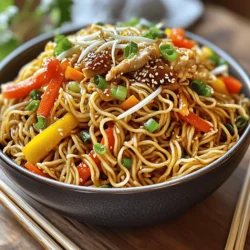 To make Shanghai Fried Noodles, gather these main ingredients: - 8 oz Shanghai-style noodles (or egg noodles) - 2 tablespoons vegetable oil - 1 clove garlic, minced - 1 inch ginger, minced - 1 small carrot, julienned - 1 bell pepper (red or green), sliced - 1 cup bean sprouts - 1 cup cooked chicken, sliced (or tofu for a vegetarian option) - 3 tablespoons soy sauce - 1 tablespoon oyster sauce - 1 tablespoon sesame oil - 2 green onions, chopped - Salt and pepper to taste For this dish, you can use different noodle types. The best choices are: - Shanghai-style noodles: These are thick and chewy. - Egg noodles: These are also great and add a rich taste. - Rice noodles: They can work well if you prefer a gluten-free option. Make sure to follow the package instructions for cooking times. The flavors in Shanghai Fried Noodles come from key seasonings. Here are the must-haves: - Soy sauce: This adds a salty depth. - Oyster sauce: This gives a sweet and savory touch. - Sesame oil: Use this for a nutty aroma. Feel free to adjust the amounts to suit your taste. You can add more soy sauce for extra salt or sesame oil for more flavor. Start by boiling a large pot of water. Use enough water to cover the noodles. When the water boils, add 8 oz of Shanghai-style noodles. Cook them for about 3-5 minutes until they are just tender. Drain the noodles and rinse them with cold water. This step helps stop the cooking process and keeps them from sticking. Set the noodles aside for later use. In a large wok or non-stick skillet, heat 2 tablespoons of vegetable oil over medium-high heat. Add 1 clove of minced garlic and 1 inch of minced ginger. Stir them quickly for about 30 seconds until you smell their great aroma. Next, toss in 1 small julienned carrot and 1 sliced bell pepper. Sauté these for 2-3 minutes until they start to soften. Then, add 1 cup of bean sprouts and 1 cup of cooked chicken or tofu. Continue to stir-fry for another 2 minutes until everything is warm. Now it's time to add the cooked noodles to the skillet. Pour in 3 tablespoons of soy sauce, 1 tablespoon of oyster sauce, and 1 tablespoon of sesame oil. Stir everything together well to coat the noodles and veggies. Cook for an additional 2-3 minutes. This helps the noodles fry a bit and soak in all the flavors. Taste the dish and season with salt and pepper if needed. Before serving, sprinkle 2 chopped green onions on top. Serve hot and enjoy your tasty Shanghai Fried Noodles! For the complete recipe, check the Full Recipe section. To get the best texture, choose fresh Shanghai-style noodles. If you use dried noodles, boil them just until tender. Rinse them with cold water right after cooking. This step keeps them from sticking together. Try not to overcook the noodles. They should be firm and chewy, not mushy. Add flavors that excite your taste buds. Try using fresh herbs like cilantro or basil. You can also add chili oil for heat. For a sweet touch, toss in a bit of sugar. Swap out chicken for shrimp, beef, or even mushrooms. Each option changes the taste, making your dish unique. Many people overcook their noodles. This leads to a soggy dish. Also, be careful not to overcrowd your pan while cooking. This can trap steam and ruin the stir-fry effect. Lastly, don’t skip the soy sauce or sesame oil. They give the dish its signature flavor. For the complete recipe, check out the Full Recipe section. {{image_2}} You can easily make Shanghai fried noodles vegetarian or vegan. Start by swapping the chicken for tofu. Tofu gives a nice texture and absorbs flavors well. For a vegan sauce, use a mushroom-based oyster sauce. This keeps the umami flavor without any animal products. You can also add more vegetables, like mushrooms or zucchini, for a hearty meal. If you want variety, try different proteins. You can use shrimp, beef, or pork instead of chicken. Each option changes the flavor and texture. If you prefer plant-based options, consider tempeh or seitan. Both are great for adding protein to the dish. They soak up the sauce and add a satisfying chew. Adding more veggies can enhance the dish. Consider bok choy, snow peas, or broccoli. These veggies provide crunch and color. You can also mix in some baby corn or snap peas for a fun twist. Just remember to adjust cooking times so all vegetables stay crisp. This way, you’ll enjoy a colorful and tasty bowl of noodles! For more ideas, check out the Full Recipe for Shanghai Fried Noodles. To store your Shanghai fried noodles, let them cool completely first. Place the noodles in an airtight container. This keeps them fresh and tasty. You can store them in the fridge for up to three days. Make sure to label the container with the date. When it's time to enjoy your leftovers, you can reheat them easily. Use a non-stick skillet over medium heat. Add a splash of water or soy sauce to keep the noodles moist. Stir the noodles frequently for about five minutes. This warms them up without drying them out. If you want to save your noodles for later, freezing is a great option. Place the cooled noodles in a freezer-safe bag. Try to remove as much air as possible. You can freeze them for up to three months. When you're ready to eat, thaw them in the fridge overnight before reheating. For Shanghai Fried Noodles, I recommend using Shanghai-style noodles. These noodles are thick and chewy, giving you a great texture. You can also use egg noodles if you can't find Shanghai-style noodles. Both options work well and taste great in this dish. Yes, you can make Shanghai Fried Noodles gluten-free! Just swap the regular soy sauce for gluten-free soy sauce or tamari. Make sure your noodles are also gluten-free. Rice noodles are a good alternative, too. They will add a unique flavor while keeping the dish gluten-free. Shanghai Fried Noodles go well with many dishes. Some great options include: - Sweet and sour chicken - Stir-fried vegetables - Dumplings - Spring rolls These dishes complement the noodles nicely and create a fun meal. If you want more ideas, check out the Full Recipe for tips on serving! In this blog post, we explored how to make Shanghai Fried Noodles. We covered ingredients, like noodle options and key seasonings. I shared step-by-step instructions to prepare the noodles and cook the dish. We discussed tips for perfect texture and taste, along with variations for different diets. Finally, I shared how to store and reheat leftovers. By following these guidelines, you can enjoy a delicious, homemade meal. Now you can impress your friends and family with your cooking skills!