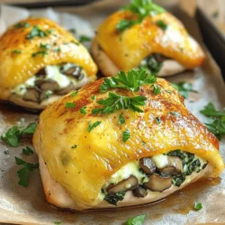 - 2 boneless, skinless chicken breasts - 1 cup mushrooms, finely chopped (cremini or button) - 1/2 cup fresh spinach, chopped - 1/4 cup low-fat cream cheese - 1/4 cup shredded mozzarella cheese - 2 cloves garlic, minced - 1 tablespoon olive oil - 1 teaspoon dried thyme - 1 teaspoon paprika - Salt and pepper to taste - Fresh parsley for garnish