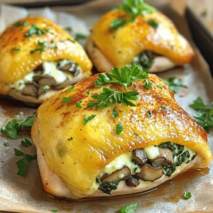 - 2 boneless, skinless chicken breasts - 1 cup mushrooms, finely chopped (cremini or button) - 1/2 cup fresh spinach, chopped - 1/4 cup low-fat cream cheese - 1/4 cup shredded mozzarella cheese - 2 cloves garlic, minced - 1 tablespoon olive oil - 1 teaspoon dried thyme - 1 teaspoon paprika - Salt and pepper to taste - Fresh parsley for garnish