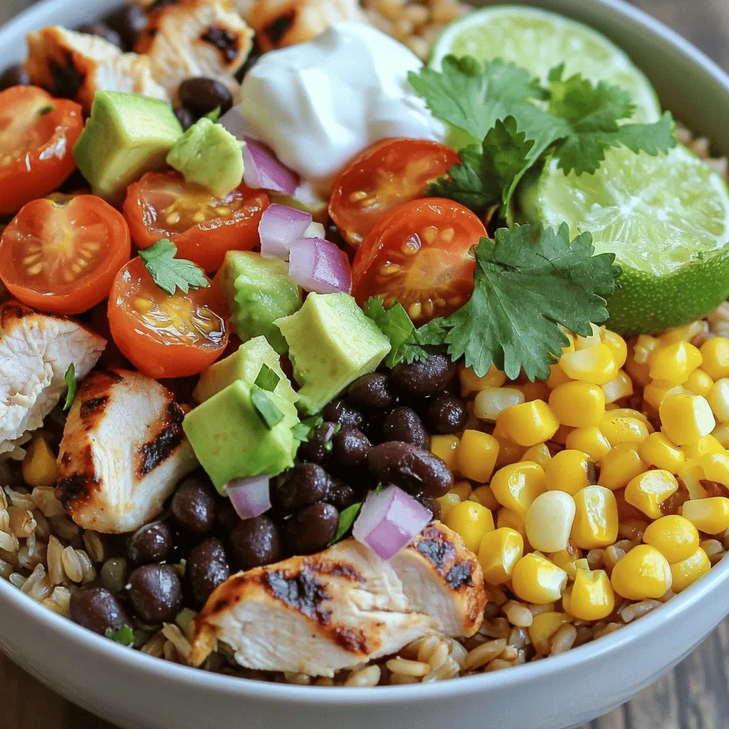 - 2 cups cooked brown rice - 1 lb boneless, skinless chicken breast, diced - 1 tablespoon olive oil - 1 teaspoon chili powder - 1 teaspoon cumin - 1 teaspoon garlic powder - 1/2 teaspoon smoked paprika - Salt and pepper to taste The base of my chicken burrito bowl is brown rice. It adds fiber and makes the dish filling. I use boneless, skinless chicken breast for lean protein. Dicing it helps with even cooking. Olive oil keeps the chicken moist and adds flavor. For seasoning, I love using chili powder, cumin, garlic powder, and smoked paprika. These spices give the chicken a delicious kick. Salt and pepper enhance all the flavors. - 1 can black beans, drained and rinsed - 1 cup corn (fresh or frozen) - 1 cup cherry tomatoes, halved - 1 avocado, diced - 1/2 cup diced red onion - 1/2 cup fresh cilantro, chopped - Juice of 2 limes The toppings make the burrito bowl fun and colorful. Black beans add protein and fiber. Corn brings a sweet crunch. Cherry tomatoes add brightness and freshness. Diced avocado gives creaminess, while red onion adds a sharp bite. Fresh cilantro brings a nice herbal note. Squeezing lime juice on top brightens all the flavors. - Salsa (to taste) - Sour cream or Greek yogurt (optional, for topping) For a zesty kick, I love adding salsa. You can choose your favorite type, from mild to spicy. A dollop of sour cream or Greek yogurt adds creaminess. This is optional but can balance the spices well. For the full recipe, check out the Full Recipe section. To start, gather these ingredients: - 1 lb boneless, skinless chicken breast, diced - 1 tablespoon olive oil - 1 teaspoon chili powder - 1 teaspoon cumin - 1 teaspoon garlic powder - 1/2 teaspoon smoked paprika - Salt and pepper to taste In a bowl, mix the diced chicken with olive oil and all the spices. Make sure the chicken is well coated. This step is key for flavor. Let the chicken marinate for at least 15 minutes. If you have more time, marinating longer will add even more taste. Now, heat a large skillet over medium-high heat. Add the marinated chicken to the skillet. Cook for about 7 to 10 minutes. Stir occasionally. The chicken should no longer be pink when done. This ensures it's safe to eat. Once cooked, remove it from heat and set it aside to rest for a few minutes. This helps keep it juicy. In a serving bowl, begin layering your ingredients. Start with 2 cups of cooked brown rice as the base. Next, add the cooked chicken on top. Then, layer in the black beans and corn. Follow with halved cherry tomatoes and diced avocado. Add 1/2 cup of diced red onion for crunch. Finally, sprinkle chopped cilantro on top for a fresh taste. For a finishing touch, squeeze juice from 2 limes over the bowl. Add salsa to your liking. If you’d like creaminess, top it with sour cream or Greek yogurt. Serve it all in vibrant bowls. Garnish with extra lime wedges and cilantro for a pop of color. Enjoy your beautiful Chicken Burrito Bowl! For the full recipe, check out the details provided earlier. Marinate your chicken for at least 15 minutes. This step adds great flavor. Use olive oil, chili powder, cumin, garlic powder, and smoked paprika. These spices work well together and create a tasty mix. Letting the chicken sit in the marinade makes it juicy and tender. You can also marinate it for longer if you have time. This allows the flavors to really soak in. You can cook your chicken in different ways. Grilling gives your chicken a smoky taste. It makes for a lovely char on the outside. Baking is another option and is easy to do. Simply place the marinated chicken on a baking sheet. Cook it at 400°F for about 20-25 minutes. Both methods work well and keep the chicken moist. Choose the method that fits your style or mood. Make your bowl look lovely with some simple tips. Use deep, vibrant bowls for serving. This will make your colorful ingredients pop. Add lime wedges and extra cilantro for garnish. These small touches add flair to the dish. You can also layer the ingredients for a beautiful display. If you prefer, toss everything together for a more casual look. Either way, your Chicken Burrito Bowl will impress! {{image_2}} You can make your Chicken Burrito Bowl healthier by swapping some ingredients. For instance, try using quinoa instead of brown rice. Quinoa has more protein and fiber. You can also add spinach or kale for extra nutrients. These greens add color and taste. Instead of sour cream, use Greek yogurt. It has less fat and more protein. You can also reduce the amount of cheese or use a low-fat option. If you want a vegetarian or vegan version, replace chicken with beans or grilled veggies. Black beans or chickpeas work great for protein. You can also use tofu or tempeh for a meat-like texture. For added flavor, marinate them just like the chicken. Instead of sour cream, use avocado or a cashew cream. This gives a creamy touch without animal products. To give your bowl a true Mexican twist, add traditional flavors. Consider using chipotle peppers for a smoky kick. Fresh jalapeños can add heat, while pickled red onions offer tanginess. You might also want to sprinkle some queso fresco on top for a salty bite. Another option is to add a handful of fresh corn tortillas, cut into strips and lightly fried for crunch. These variations make your Chicken Burrito Bowl more exciting and cater to different diets. Explore these options to find your favorite mix. You can always check the Full Recipe for more ideas and details. To keep your Chicken Burrito Bowl fresh, store it in an airtight container. This method helps prevent moisture loss and keeps flavors intact. Make sure to refrigerate within two hours of cooking. Leftovers can last for about three days in the fridge. For longer storage, freezing is a great choice. You can freeze the chicken, rice, and veggies separately. This helps maintain texture and flavor. Use freezer-safe containers or bags. Be sure to label them with the date. You can keep them in the freezer for up to three months. When it's time to enjoy your bowl again, reheat it gently. Use a microwave or stovetop to warm everything. If using a microwave, cover the bowl to trap steam. For stovetop, add a splash of water to keep it moist. This helps the ingredients stay flavorful and tasty. You can store a Chicken Burrito Bowl in the fridge for up to three days. Make sure to keep it in an airtight container. This keeps the flavors fresh. If you want to save it longer, you can freeze it. In the freezer, it lasts about two months. Just remember to let it cool before freezing. Yes! You can use other grains in your burrito bowl. Quinoa is a great choice. It adds protein and cooks quickly. Cauliflower rice is another option for a low-carb meal. It’s light and tasty. Try both to find what you like best. You can switch up the protein in your burrito bowl. Beef is a hearty choice. Shrimp cooks fast and adds a nice flavor. Tofu is perfect for a plant-based option. Each protein brings its own taste, so mix and match to keep it exciting. This blog post covered how to make a delicious Chicken Burrito Bowl. We explored the main ingredients, cooking steps, and storage tips. I shared options for healthy, vegetarian, and Mexican-inspired bowls. Remember, you can mix and match flavors and textures to your taste. With simple ingredients and easy steps, you can create a meal everyone loves. Enjoy making your Chicken Burrito Bowl your own!