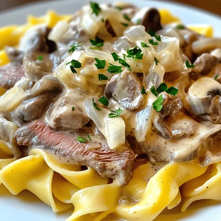 To make a great Beef Stroganoff, you need these key items: - 1 pound beef sirloin, thinly sliced - 2 tablespoons olive oil - 1 medium onion, finely chopped - 3 cloves garlic, minced - 8 ounces mushrooms, sliced (button or cremini) - 2 tablespoons all-purpose flour - 2 cups beef broth (low sodium) - 1 cup sour cream - 1 tablespoon Dijon mustard - 1 teaspoon Worcestershire sauce - Salt and pepper to taste These ingredients work together to create that creamy, rich flavor we all love. You can make your dish look great with some simple garnishes. Here are a few ideas: - Fresh parsley, chopped - A sprinkle of paprika - A dollop of sour cream These add color and a hint of extra flavor to your Beef Stroganoff. Beef Stroganoff pairs well with a few sides. Consider these options: - Egg noodles - Rice - Mashed potatoes - Steamed vegetables These choices will round out your meal and make it even more satisfying. For the full recipe, check out the recipe section above. Start by seasoning 1 pound of beef sirloin with salt and pepper. This step adds flavor. Heat 2 tablespoons of olive oil in a large skillet over medium-high heat. When the oil is hot, add the beef in small batches. This helps it brown well. Cook each batch until it is brown, then take it out and set it aside. In the same skillet, add 1 medium onion, finely chopped, and 3 cloves of minced garlic. Sauté these for about 2 minutes. You want the onion to turn translucent. Next, add 8 ounces of sliced mushrooms to the pan. Cook these for around 5 minutes. They should become soft and release their juices. Now, it’s time to thicken the base. Sprinkle 2 tablespoons of all-purpose flour over the mushroom mix. Stir it well for a minute. This helps to avoid any raw flour taste. Gradually pour in 2 cups of low sodium beef broth while stirring. Bring this mixture to a simmer and let it cook for about 5 minutes. It should slightly thicken. Next, reduce the heat to low. Stir in 1 cup of sour cream, 1 tablespoon of Dijon mustard, and 1 teaspoon of Worcestershire sauce. Add the cooked beef back into the pan. Let everything warm through for 3-4 minutes. Do not boil the sauce; it can curdle. Taste and adjust with salt and pepper as needed. Serve your beef stroganoff over cooked egg noodles or rice. Garnish with chopped fresh parsley. Enjoy this creamy garlic-infused beef stroganoff! For the full recipe, check out the details above. To get a smooth sauce, start with the right flour amount. Use two tablespoons of flour for thickening. Stir it well with the mushroom mix for one minute. Then, slowly add the beef broth while mixing. This helps avoid lumps. Let it simmer for about five minutes. The sauce will thicken nicely. If it's too thick, add a bit more broth. If too thin, let it cook a little longer. One big mistake is cooking the beef too long. Overcooked beef becomes tough. Always work in small batches. Another mistake is not seasoning enough. Taste your sauce as you go. Adjust salt and pepper for better flavor. Avoid boiling the sauce after adding sour cream. Boiling can curdle the cream and ruin the sauce. Use fresh herbs for brighter flavors. Parsley adds a nice touch. When adding salt, use it in small amounts. You can always add more later. Worcestershire sauce gives depth, so don’t skip it. Mixing in Dijon mustard adds a tangy kick. Keep tasting your sauce until it’s just right. For the full recipe, check out the detailed instructions. {{image_2}} You can easily change the meat in Beef Stroganoff. Chicken and pork work well as substitutes. Use chicken breast or thigh for a lighter dish. Thin slices of pork tenderloin also taste great. Just cook them the same way as beef. Adjust the cooking time if needed. Chicken cooks faster, while pork may take a bit longer. If you want a meat-free version, try mushrooms and tofu. Use mushrooms for their rich flavor and texture. Tofu adds protein and absorbs the sauce nicely. You could also use tempeh or seitan as great options. For a creamy vegan sauce, swap sour cream with cashew cream or coconut milk. This keeps the dish rich and satisfying. You can add fun twists to Beef Stroganoff. For example, mix in cheese like cheddar or Parmesan for extra creaminess. Adding a pinch of cayenne pepper can give it a nice kick. You could also toss in some fresh herbs, like thyme or dill, for added flavor. These small changes can make the dish feel new and exciting. Explore these variations to make your Beef Stroganoff unique and delicious! For the complete recipe, check out the Full Recipe. To keep your beef stroganoff fresh, store it in an airtight container. This helps keep moisture in and prevents odors from mixing. It’s best to refrigerate it within two hours of cooking. The dish stays good in the fridge for about three days. Always check for any signs of spoilage before using leftovers. If you want to save some for later, beef stroganoff freezes well. Portion it into freezer-safe containers. Make sure to leave some space at the top because liquids expand when frozen. You can freeze it for up to three months. Label each container with the date to track how long it’s been frozen. When you’re ready to enjoy your leftovers, thaw them in the fridge overnight. To reheat, place the stroganoff in a pot over low heat. Stir gently until heated through. You can add a splash of beef broth or water if the sauce seems too thick. Avoid boiling, as it can change the texture. Enjoy your meal just like when it was freshly made! For the Full Recipe, refer to the earlier section. Beef Stroganoff began in Russia. It dates back to the 19th century. The dish is named after a Russian count, Pavel Stroganov. Originally, it used tender beef and a simple sauce. As time passed, cooks added mushrooms and sour cream. Today, many countries have their own versions. Yes, you can make Beef Stroganoff ahead of time. Cook the dish and let it cool. Store it in the fridge for up to three days. When you're ready to eat, just reheat it on low heat. Add a splash of beef broth if the sauce thickens too much. Beef Stroganoff pairs well with many sides. Here are some great options: - Egg noodles - Rice - Mashed potatoes - Crusty bread - Steamed vegetables These sides soak up the rich sauce well. For the full recipe, check out Creamy Garlic-Infused Beef Stroganoff 🥩. It includes all the ingredients and steps. Beef Stroganoff combines rich flavors and simple steps. We explored key ingredients, from beef to garnishes. I shared tips for a perfect sauce and how to avoid common mistakes. You can even try meat swaps or vegetarian options for a unique twist. With proper storage, your leftovers stay tasty. Mastering this dish can impress anyone at your table. Enjoy making your own Beef Stroganoff tailored to your taste. The kitchen is your playground!