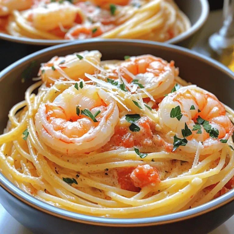 - 8 ounces spaghetti - 1 pound large shrimp, peeled and deveined - 2 tablespoons olive oil - 3 cloves garlic, minced - 1 can (14 ounces) crushed tomatoes - 1 cup heavy cream - 1 teaspoon dried basil - 1 teaspoon sugar - Salt and pepper to taste - 1/4 cup freshly grated Parmesan cheese - Fresh parsley, chopped for garnish Gathering your ingredients is a key step for cooking. You want fresh and high-quality items for the best taste. Start with the spaghetti. Use a good brand. This will give your dish the right texture. Next, choose large shrimp. They should be fresh, peeled, and deveined. This makes cooking fast and easy. Olive oil is important. It brings flavor and helps cook the shrimp. Garlic adds a nice aroma and taste. Use fresh cloves if you can. Crushed tomatoes provide a rich base for our sauce. Heavy cream is what makes it creamy and smooth. For seasoning, dried basil gives a nice herbal note. Sugar balances the acidity of the tomatoes. Always season with salt and pepper to your taste. Lastly, Parmesan cheese adds a savory touch. Fresh parsley makes your dish look pretty and adds freshness. Make sure you have all these ingredients ready before you start cooking. Check out the Full Recipe for more details on how to bring everything together! 1. Boil salted water: Start by filling a large pot with water. Add a good amount of salt. Bring this water to a boil. 2. Cook pasta until al dente: Add 8 ounces of spaghetti to the boiling water. Cook it according to the package instructions until it is al dente. This usually takes about 8 to 10 minutes. 3. Reserve pasta water and drain: Before draining, save about half a cup of the pasta water. This water helps adjust the sauce later. After this, drain the spaghetti and set it aside. 4. Heat olive oil in a skillet: In a large skillet, pour in 2 tablespoons of olive oil. Heat it over medium heat until it shimmers. 5. Sauté garlic until fragrant: Add 3 cloves of minced garlic to the hot oil. Sauté for about 30 seconds until the garlic smells great. 6. Cook shrimp until pink and opaque: Now, increase the heat to medium-high. Add 1 pound of shrimp. Cook the shrimp for 2 to 3 minutes on each side. They should turn pink and opaque. Once done, take them out of the skillet and set them aside. 7. Add crushed tomatoes and cream to skillet: In the same skillet, pour in 1 can of crushed tomatoes and 1 cup of heavy cream. This will form the creamy sauce. 8. Stir and simmer for sauce thickness: Stir the mixture well. Let it simmer for about 5 minutes. This helps the sauce thicken. 9. Combine shrimp and spaghetti, adjust sauce consistency: Return the cooked shrimp to the skillet. Add the drained spaghetti next. Toss everything together. If the sauce seems too thick, add some reserved pasta water to reach your desired consistency. This method ensures a delicious dish that blends flavors perfectly. For the full recipe, check out the details above. - Ensure pasta is al dente. This means it should be firm to the bite. Overcooking makes it mushy. - Use fresh shrimp for the best flavor. Fresh shrimp tastes sweet and tender. Frozen shrimp can work too if fresh is not available. - Try adding a pinch of red pepper flakes for some heat. This can brighten the dish. - Drizzling with olive oil before serving adds richness. It also gives a nice shine to the dish. - Serve the pasta in deep bowls for a cozy feel. This can make the dish look inviting. - To garnish, sprinkle fresh parsley on top. A grating of extra Parmesan can also enhance the look. - A drizzle of olive oil on the top adds elegance. It makes your dish look restaurant-ready. For more cooking insights, don't forget to check the Full Recipe! {{image_2}} You can switch shrimp with other proteins. Chicken is a great choice. Just cut it into small pieces and cook it until it's no longer pink. Tofu is also a good option. Use firm tofu and sauté it until golden. Both options offer tasty variations. If you want more seafood, try scallops or crab. They add a unique flavor. Just remember to adjust cooking times for each protein type. This keeps your dish safe and tasty. Want to jazz up the sauce? Try a vodka sauce instead! It has a rich and creamy texture. Simply replace the cream with vodka, then add crushed tomatoes and seasonings. This change brings a whole new taste to your meal. You can also add veggies for a healthy twist. Spinach, bell peppers, or zucchini work well. Just sauté them with garlic before adding the sauce. This adds color and flavor, making your dish even better. If you need gluten-free options, look for gluten-free spaghetti. Many brands offer tasty alternatives made from rice or quinoa. They cook just like regular pasta, so you won’t miss a beat. For those who want a dairy-free option, use coconut cream or cashew cream. These alternatives keep your sauce rich and creamy without dairy. You can enjoy this dish while sticking to your diet. Explore these variations for a fun twist on spaghetti with shrimp in creamy tomato sauce. For the full recipe, check out the earlier section! To keep your spaghetti with shrimp fresh, store leftovers in an airtight container. This helps maintain flavor and texture. Ensure the container seals tightly to keep moisture in. Place the container in the fridge. Use leftovers within three days for the best taste. When reheating, use a skillet for the best results. Heat the skillet over medium-low. Add a splash of water or broth to keep the pasta moist. This prevents the sauce from drying out. Stir gently as it warms. Heat until everything is hot, but avoid overcooking. If you want to freeze your dish, first let it cool completely. Then, place it in a freezer-safe container. Leave some space at the top for expansion. It can last up to three months in the freezer. To thaw, move it to the fridge overnight. Reheat gently on the stove, adding a little cream or water for moisture. This storage info will help you enjoy your spaghetti with shrimp in creamy tomato sauce later! For the full recipe, check the previous section. The best way to cook shrimp is quick and hot. Start by heating olive oil in a skillet over medium heat. Add fresh garlic and let it sizzle for about 30 seconds. Then, add the shrimp in a single layer. Cook them for 2-3 minutes on each side. You know they are done when they turn pink and opaque. Overcooking can make shrimp tough, so keep an eye on them. Perfect shrimp should be juicy and tender. Yes, you can use canned tomatoes! Canned tomatoes are often picked at peak ripeness. They pack a lot of flavor and save time. They also have a smooth texture, perfect for sauces. Canned tomatoes come ready to use, so you skip the chopping. This makes them very convenient for busy cooks. Just choose quality brands for the best taste. You’ll find they work great in this creamy sauce. To spice up your dish, consider adding red pepper flakes. Start with a small pinch and taste as you go. You can also add fresh chopped chili peppers for a bold kick. Another option is a dash of hot sauce, which gives flavor and heat. Just make sure not to overpower the creamy tomato sauce. Balance is key, so add spices gradually. Feel free to adjust the heat to your liking! This blog post covered the main ingredients and step-by-step instructions for a delicious shrimp pasta dish. You learned about cooking tips, flavor enhancements, and variations to suit your tastes. In summary, cooking this meal is simple and fun. You can customize it as you like. Enjoy experimenting with flavors and share your creations! Cooking should be enjoyable, and this dish is sure to impress.
