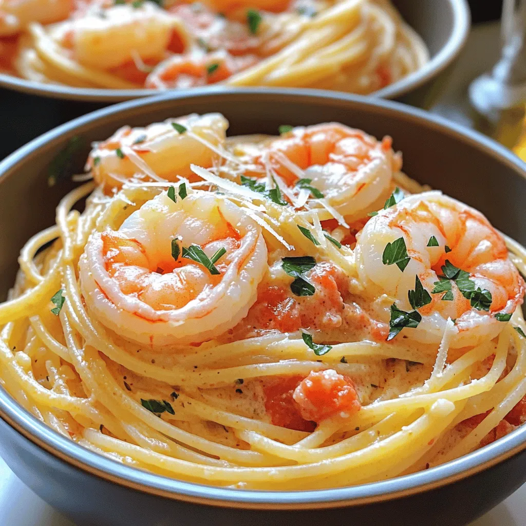 - 8 ounces spaghetti - 1 pound large shrimp, peeled and deveined - 2 tablespoons olive oil - 3 cloves garlic, minced - 1 can (14 ounces) crushed tomatoes - 1 cup heavy cream - 1 teaspoon dried basil - 1 teaspoon sugar - Salt and pepper to taste - 1/4 cup freshly grated Parmesan cheese - Fresh parsley, chopped for garnish Gathering your ingredients is a key step for cooking. You want fresh and high-quality items for the best taste. Start with the spaghetti. Use a good brand. This will give your dish the right texture. Next, choose large shrimp. They should be fresh, peeled, and deveined. This makes cooking fast and easy. Olive oil is important. It brings flavor and helps cook the shrimp. Garlic adds a nice aroma and taste. Use fresh cloves if you can. Crushed tomatoes provide a rich base for our sauce. Heavy cream is what makes it creamy and smooth. For seasoning, dried basil gives a nice herbal note. Sugar balances the acidity of the tomatoes. Always season with salt and pepper to your taste. Lastly, Parmesan cheese adds a savory touch. Fresh parsley makes your dish look pretty and adds freshness. Make sure you have all these ingredients ready before you start cooking. Check out the Full Recipe for more details on how to bring everything together! 1. Boil salted water: Start by filling a large pot with water. Add a good amount of salt. Bring this water to a boil. 2. Cook pasta until al dente: Add 8 ounces of spaghetti to the boiling water. Cook it according to the package instructions until it is al dente. This usually takes about 8 to 10 minutes. 3. Reserve pasta water and drain: Before draining, save about half a cup of the pasta water. This water helps adjust the sauce later. After this, drain the spaghetti and set it aside. 4. Heat olive oil in a skillet: In a large skillet, pour in 2 tablespoons of olive oil. Heat it over medium heat until it shimmers. 5. Sauté garlic until fragrant: Add 3 cloves of minced garlic to the hot oil. Sauté for about 30 seconds until the garlic smells great. 6. Cook shrimp until pink and opaque: Now, increase the heat to medium-high. Add 1 pound of shrimp. Cook the shrimp for 2 to 3 minutes on each side. They should turn pink and opaque. Once done, take them out of the skillet and set them aside. 7. Add crushed tomatoes and cream to skillet: In the same skillet, pour in 1 can of crushed tomatoes and 1 cup of heavy cream. This will form the creamy sauce. 8. Stir and simmer for sauce thickness: Stir the mixture well. Let it simmer for about 5 minutes. This helps the sauce thicken. 9. Combine shrimp and spaghetti, adjust sauce consistency: Return the cooked shrimp to the skillet. Add the drained spaghetti next. Toss everything together. If the sauce seems too thick, add some reserved pasta water to reach your desired consistency. This method ensures a delicious dish that blends flavors perfectly. For the full recipe, check out the details above. - Ensure pasta is al dente. This means it should be firm to the bite. Overcooking makes it mushy. - Use fresh shrimp for the best flavor. Fresh shrimp tastes sweet and tender. Frozen shrimp can work too if fresh is not available. - Try adding a pinch of red pepper flakes for some heat. This can brighten the dish. - Drizzling with olive oil before serving adds richness. It also gives a nice shine to the dish. - Serve the pasta in deep bowls for a cozy feel. This can make the dish look inviting. - To garnish, sprinkle fresh parsley on top. A grating of extra Parmesan can also enhance the look. - A drizzle of olive oil on the top adds elegance. It makes your dish look restaurant-ready. For more cooking insights, don't forget to check the Full Recipe! {{image_2}} You can switch shrimp with other proteins. Chicken is a great choice. Just cut it into small pieces and cook it until it's no longer pink. Tofu is also a good option. Use firm tofu and sauté it until golden. Both options offer tasty variations. If you want more seafood, try scallops or crab. They add a unique flavor. Just remember to adjust cooking times for each protein type. This keeps your dish safe and tasty. Want to jazz up the sauce? Try a vodka sauce instead! It has a rich and creamy texture. Simply replace the cream with vodka, then add crushed tomatoes and seasonings. This change brings a whole new taste to your meal. You can also add veggies for a healthy twist. Spinach, bell peppers, or zucchini work well. Just sauté them with garlic before adding the sauce. This adds color and flavor, making your dish even better. If you need gluten-free options, look for gluten-free spaghetti. Many brands offer tasty alternatives made from rice or quinoa. They cook just like regular pasta, so you won’t miss a beat. For those who want a dairy-free option, use coconut cream or cashew cream. These alternatives keep your sauce rich and creamy without dairy. You can enjoy this dish while sticking to your diet. Explore these variations for a fun twist on spaghetti with shrimp in creamy tomato sauce. For the full recipe, check out the earlier section! To keep your spaghetti with shrimp fresh, store leftovers in an airtight container. This helps maintain flavor and texture. Ensure the container seals tightly to keep moisture in. Place the container in the fridge. Use leftovers within three days for the best taste. When reheating, use a skillet for the best results. Heat the skillet over medium-low. Add a splash of water or broth to keep the pasta moist. This prevents the sauce from drying out. Stir gently as it warms. Heat until everything is hot, but avoid overcooking. If you want to freeze your dish, first let it cool completely. Then, place it in a freezer-safe container. Leave some space at the top for expansion. It can last up to three months in the freezer. To thaw, move it to the fridge overnight. Reheat gently on the stove, adding a little cream or water for moisture. This storage info will help you enjoy your spaghetti with shrimp in creamy tomato sauce later! For the full recipe, check the previous section. The best way to cook shrimp is quick and hot. Start by heating olive oil in a skillet over medium heat. Add fresh garlic and let it sizzle for about 30 seconds. Then, add the shrimp in a single layer. Cook them for 2-3 minutes on each side. You know they are done when they turn pink and opaque. Overcooking can make shrimp tough, so keep an eye on them. Perfect shrimp should be juicy and tender. Yes, you can use canned tomatoes! Canned tomatoes are often picked at peak ripeness. They pack a lot of flavor and save time. They also have a smooth texture, perfect for sauces. Canned tomatoes come ready to use, so you skip the chopping. This makes them very convenient for busy cooks. Just choose quality brands for the best taste. You’ll find they work great in this creamy sauce. To spice up your dish, consider adding red pepper flakes. Start with a small pinch and taste as you go. You can also add fresh chopped chili peppers for a bold kick. Another option is a dash of hot sauce, which gives flavor and heat. Just make sure not to overpower the creamy tomato sauce. Balance is key, so add spices gradually. Feel free to adjust the heat to your liking! This blog post covered the main ingredients and step-by-step instructions for a delicious shrimp pasta dish. You learned about cooking tips, flavor enhancements, and variations to suit your tastes. In summary, cooking this meal is simple and fun. You can customize it as you like. Enjoy experimenting with flavors and share your creations! Cooking should be enjoyable, and this dish is sure to impress.