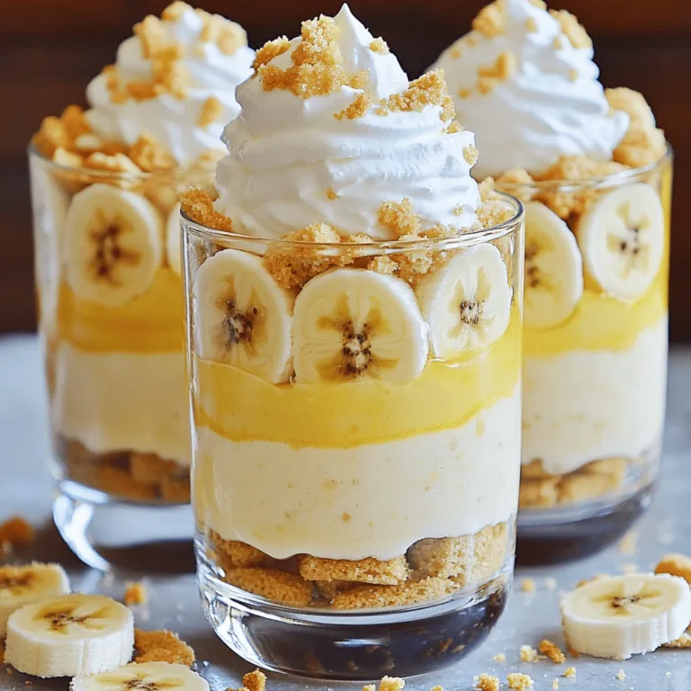 To create the best banana pudding, you need a few key ingredients. Here’s a simple list: - 4 ripe bananas, sliced - 1 cup granulated sugar - 1/4 cup cornstarch - 1/4 teaspoon salt - 2 3/4 cups whole milk - 4 large egg yolks - 2 tablespoons unsalted butter - 2 teaspoons pure vanilla extract - 1 box (about 12 oz) vanilla wafers - Whipped cream for topping - Optional: crushed vanilla wafers for garnish Each ingredient plays a vital role. The ripe bananas add natural sweetness and creaminess. Granulated sugar enhances the flavor. Cornstarch thickens the pudding, giving it that perfect texture. Whole milk makes it rich and creamy, while egg yolks help bind everything together. Unsalted butter adds a velvety finish, and pure vanilla extract gives a warm flavor. Vanilla wafers provide a crunchy layer and contrast to the smooth pudding. Finally, whipped cream adds a light and airy touch on top. For added flair, use crushed vanilla wafers as a garnish. This gives your pudding an extra crunch and looks pretty too. You can find the full recipe to guide you through the steps for making this delicious treat. 1. Mixing dry ingredients In a medium saucepan, combine the granulated sugar, cornstarch, and salt. Use a whisk to mix these dry ingredients well. This step sets the base for your pudding. 2. Incorporating the milk Slowly add the whole milk to the dry mix. Keep whisking to prevent lumps. This will create a smooth mixture that is essential for a creamy pudding. 3. Tempering the egg yolks In a separate bowl, whisk the egg yolks until they become slightly thick. Gradually add a few spoonfuls of the heated milk mixture into the egg yolks. Whisk as you add to avoid cooking the eggs. This process, called tempering, helps keep the pudding smooth. 1. Combining mixtures on the stove Pour the tempered egg mixture back into the saucepan with the remaining milk. Place it on medium heat. Keep stirring constantly to ensure it cooks evenly. 2. Achieving the right thickness Continue to cook until the mixture thickens and starts to bubble, about 5-7 minutes. This is when your pudding transforms into a rich, creamy delight. 1. Layering ingredients in a serving dish In a 2-quart serving dish or individual cups, start layering your ingredients. Begin with a layer of vanilla wafers. Then, add a layer of sliced bananas. Pour a layer of the creamy pudding over the top. Repeat this process until all ingredients are used, finishing with pudding on top. 2. Covering and refrigerating Cover the dish with plastic wrap. Make sure the wrap touches the pudding to avoid a skin. Refrigerate for at least 4 hours, or overnight for best results. This chilling time allows the flavors to meld beautifully. Choosing ripe bananas for flavor Use ripe bananas for the best taste. They should be yellow with a few brown spots. These bananas are sweet and soft, which enhances the pudding's flavor. Avoiding lumps in the pudding To avoid lumps, whisk the dry ingredients well before adding milk. When you add milk, do it slowly and keep whisking. This helps create a smooth mixture. Techniques for optimal layering Layering is key for a beautiful pudding. Start with vanilla wafers at the bottom. Then, add sliced bananas and creamy pudding. Repeat these layers until you reach the top. End with pudding for a nice finish. Creative serving ideas Serve banana pudding in parfait cups for a fun twist. This makes it easy for guests to enjoy. You can also layer it in a glass dish for a stunning view. Pairing with beverages Banana pudding pairs well with sweet tea or coffee. A light dessert wine can also enhance the flavors. Choose a drink that complements the sweetness. Enhancing presentation with garnishes Top your pudding with whipped cream and crushed vanilla wafers. Add a few banana slices on top for color. This makes your banana pudding not just tasty but also pretty to look at. For the full recipe, check the details above. {{image_2}} Want to jazz up your banana pudding? You can easily add flavors. Chocolate or peanut butter can take your dessert to new heights. Just mix in chocolate pudding or smooth peanut butter into the creamy base. These flavors blend well with the bananas and make it unique. You might also think about nuts or dried fruits. Adding chopped walnuts or pecans gives a nice crunch. Dried fruits like raisins or cranberries add sweetness. These add-ins create layers of flavor and texture. If you need a vegan version of banana pudding, you can swap out a few ingredients. Use plant-based milk like almond or coconut. Instead of eggs, try silken tofu or vegan pudding mix. This way, you keep it creamy and delicious. For gluten-free options, look for gluten-free vanilla wafers. You can also thicken your pudding with gluten-free cornstarch. This way, everyone can enjoy this delightful dessert without worry. Explore these variations to find your favorite twist on the classic banana pudding. Check out the full recipe to make this treat your own! To keep your banana pudding fresh, store it in the fridge. Use an airtight container. If you have leftovers, cover them tightly with plastic wrap. This keeps moisture in and prevents drying out. Make sure the wrap touches the pudding’s surface. This stops a skin from forming on top. When storing assembled pudding, layer it just like you would for serving. Start with vanilla wafers, then bananas, and finish with pudding. Cover it well. This method keeps all flavors intact and ready for later. In the fridge, your banana pudding stays good for about 3-4 days. After this, the bananas may brown and the texture can change. For the best taste and look, enjoy it fresh. You can freeze banana pudding, but it changes in texture. If you freeze it, eat it within a month. To thaw, place it in the fridge overnight. Stir gently before serving to smooth it out. Remember, once thawed, do not refreeze. Enjoy the deliciousness of your banana pudding! For the full recipe, check it out here: [Full Recipe]. How to prevent browning of bananas? To stop bananas from turning brown, you can use lemon juice. Just squeeze a little over the sliced bananas. The acid helps keep them fresh and bright. Can I make banana pudding ahead of time? Yes, you can make banana pudding a day before serving. Just layer it and chill it in the fridge. This gives the flavors time to blend together, making it even better. What are the best alternatives for vanilla wafers? If you don’t have vanilla wafers, try using graham crackers or shortbread cookies. Both add a nice crunch and flavor to your pudding. Is it possible to make banana pudding without eggs? Absolutely! You can skip the eggs by using a cornstarch-based pudding. This keeps the texture creamy without using eggs. What makes this the best banana pudding recipe? This recipe brings together fresh bananas, creamy pudding, and crunchy wafers. The balance of flavors makes it a crowd favorite. Plus, it’s easy to make! How do I adjust the recipe for larger servings? To make more servings, simply double the ingredients. For instance, use 8 bananas instead of 4. Make sure you have a larger dish to hold everything. You can follow the Full Recipe for the complete guide. We covered all the key elements to make the best banana pudding. You learned about essential ingredients, step-by-step instructions, and creative variations. Remember to pick ripe bananas and layer carefully for the best flavor. With a few simple tips, like avoiding lumps, your pudding will shine. Don't forget about storage; properly refrigerating keeps it fresh longer. Enjoy making this treat, and feel free to get creative with flavors. Your homemade banana pudding will impress everyone!