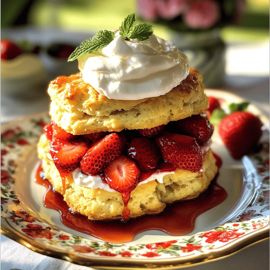 To make a delightful strawberry shortcake, gather these ingredients: - 2 cups all-purpose flour - 1 tablespoon baking powder - 1/4 teaspoon baking soda - 1/2 teaspoon salt - 1/3 cup granulated sugar - 1/2 cup unsalted butter, cold and cubed - 3/4 cup heavy cream, plus extra for brushing - 1 teaspoon vanilla extract - 1 pound fresh strawberries, hulled and sliced - 2 tablespoons powdered sugar (for strawberries) - Whipped cream (for serving) When picking strawberries, look for bright red ones. They should be firm, not mushy. The green tops should look fresh. Avoid berries with dark spots or bruises. If you can, smell the berries. A sweet scent means they are ripe. Try to buy local strawberries. They taste better and are often fresher. You’ll need some basic tools to make this treat: - Mixing bowls (large and medium) - Measuring cups and spoons - Pastry cutter or fork - Baking sheet - Parchment paper - Round cutter or glass (for biscuits) - Spatula (for mixing) - Whisk (for wet ingredients) With this ingredient list and tips, you're ready to start your strawberry shortcake adventure! For the full recipe, check out the details in the complete section. Start by preparing the strawberries. You need one pound of fresh strawberries. First, hull and slice them. Then, place them in a medium bowl. Add two tablespoons of powdered sugar to the bowl. Toss the strawberries gently until they are well coated. Let them sit for 15 to 20 minutes. This process is called macerating. It helps release the juices and creates a sweet syrup. You will love how fragrant and juicy they become! Next, let’s make the biscuit dough. In a large bowl, whisk together two cups of all-purpose flour, one tablespoon of baking powder, and 1/4 teaspoon of baking soda. Add 1/2 teaspoon of salt and 1/3 cup of granulated sugar. Mix these dry ingredients well. Now, cut in 1/2 cup of cold, cubed unsalted butter. You can use a pastry cutter or your fingers for this. Work until the mixture looks like coarse crumbs. In a separate bowl, whisk together 3/4 cup of heavy cream and one teaspoon of vanilla extract. Pour this mixture into the dry ingredients. Stir gently with a spatula. Be careful not to overmix; you want a slightly sticky dough. Turn the dough onto a floured surface. Pat it gently into a rectangle about one inch thick. Use a round cutter or glass to cut out biscuits. Place them on a baking sheet lined with parchment paper. It’s time to assemble the shortcakes! First, preheat your oven to 425°F (220°C). Brush the tops of the biscuits with a little extra heavy cream. Bake them for 12 to 15 minutes. They should be lightly golden when done. Once the biscuits cool slightly, slice them in half horizontally. Spoon the macerated strawberries onto the bottom half of each biscuit. Make sure to add some of the syrup too! Top with a generous dollop of whipped cream. Finally, place the top half of the biscuit over the cream. Serve your strawberry shortcakes right away. You can add extra strawberries and whipped cream on the side. Enjoy this simple and delicious treat! For more details, check the Full Recipe. To make fluffy biscuits, start with cold butter. Cold butter creates steam while baking, which helps the biscuits rise. Be gentle when mixing the dough; overworking it can lead to tough biscuits. Use a light hand and stop mixing once you see no dry flour. Cut the biscuits thick, around one inch. This thickness helps them stay soft inside. Bake them until golden brown for a nice crust. If you have extra strawberries, store them in the fridge. Keep them dry and in a container with a lid. Do not wash them until you are ready to use them. For leftover biscuits, place them in an airtight container. They will stay fresh for about two days. Reheat them in the oven for a few minutes to bring back their softness. Vanilla extract adds a lovely touch to your strawberry shortcake. It boosts the flavor of both the biscuits and the whipped cream. Use pure vanilla extract for the best taste. Just one teaspoon can make a big difference. Mix it in with the heavy cream before adding it to your dough. The fragrant notes will elevate your dessert. For an extra kick, you can also add a bit to the strawberries. This creates a rich blend of flavors that everyone will love. For the full recipe, check out the details above. {{image_2}} You can easily make a gluten-free version. Substitute the all-purpose flour with a gluten-free blend. Look for one that measures cup-for-cup. The rest of the recipe stays the same. This swap lets everyone enjoy the treat, even those avoiding gluten. Add more fruit for a berry medley shortcake. Mix strawberries with blueberries, raspberries, or blackberries. Use the same method to prepare the berries. The mix of flavors adds a nice twist. You can even adjust the sugar based on the berries you choose. Each bite bursts with sweetness and color. To make this dish vegan, swap butter and cream with plant-based options. Use coconut oil instead of butter and almond milk or coconut cream for the whipped topping. This change keeps the dish creamy and delicious. You can still enjoy that lovely texture and flavor without the dairy. For specific instructions, check the Full Recipe. To keep your strawberry shortcake fresh, store it in the fridge. Place the assembled shortcakes in an airtight container. This helps prevent the biscuits from getting soggy. Enjoy them within two days for the best taste. If you need to keep them longer, consider separating the components. You can freeze the biscuits before baking. After cutting out the biscuits, place them on a baking sheet. Freeze them for about one hour until firm. Then, transfer them to a freezer bag. You can store them for up to three months. When ready to bake, just add a few extra minutes to the baking time. - Fresh strawberries: Store in the fridge for up to 3 days. - Heavy cream: Lasts about one week after opening. - Biscuit ingredients: Keep dry ingredients like flour and sugar in a cool, dry place for six months or more. Using quality ingredients helps your shortcake taste its best. For the full recipe, check the earlier section. Making Easy Strawberry Shortcake takes about 40 minutes total. You spend 20 minutes prepping and baking. The other 20 minutes go to assembly and serving. It's a quick treat! Yes, you can use frozen strawberries. Just remember to thaw them first. Drain any extra liquid before mixing with sugar. This keeps your shortcake from getting soggy. Fresh strawberries are best, but frozen works too! Serve your strawberry shortcake right after you assemble it. This keeps the biscuits soft and tasty. Place the bottom biscuit on a plate first. Top it with strawberries and whipped cream. Then, add the biscuit top. Enjoy immediately for the best flavor! You can find the Full Recipe for more details. We covered everything you need for easy strawberry shortcake. You learned about the best ingredients, selecting fresh strawberries, and essential kitchen tools. I shared step-by-step instructions for preparing, making, and assembling your shortcake. Tips helped you achieve fluffy biscuits and store leftovers effectively. You explored variations like gluten-free and vegan options. With these ideas, I hope you feel ready to make delicious shortcakes. Enjoy the sweet reward of your hard work!