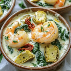 - 1 lb large shrimp, peeled and deveined - 2 cups fresh spinach, roughly chopped - 1 cup canned artichoke hearts, drained and quartered - 1 cup heavy cream - 1/2 cup sun-dried tomatoes, chopped - 1 cup shredded mozzarella cheese - 1/4 cup grated Parmesan cheese - 2 tablespoons olive oil - 1 teaspoon Italian seasoning - Salt and pepper to taste - Fresh basil, for garnish Gather all these items for the Tuscan shrimp with spinach artichokes. The large shrimp bring a sweet flavor. Fresh spinach adds a vibrant color and nutrients. Canned artichoke hearts provide a unique texture and taste. For creaminess, use heavy cream. Sun-dried tomatoes add depth and a tangy kick. The mozzarella and Parmesan cheese melt beautifully, making a rich sauce. To season, olive oil gives a nice base flavor. Italian seasoning brings warmth and aroma. Use salt and pepper to taste, and finish with fresh basil for a pop of freshness. You can find the complete details in the Full Recipe. To start, heat 2 tablespoons of olive oil in a large skillet over medium heat. Add 1 medium diced onion. Sauté until it turns translucent, about 3-4 minutes. Next, add 3 minced garlic cloves and 1 teaspoon of Italian seasoning. Cook for 1-2 minutes until you smell the garlic. Now, it’s time to add the shrimp. Pour in 1 pound of large shrimp, peeled and deveined. Season with salt and pepper. Cook for 3-4 minutes, stirring occasionally. The shrimp should turn pink and opaque. Once the shrimp is ready, stir in 1/2 cup of chopped sun-dried tomatoes, 2 cups of roughly chopped fresh spinach, and 1 cup of drained and quartered canned artichoke hearts. Mix everything well. Cook for about 2 minutes until the spinach wilts. Now it’s time for the sauce. Reduce the heat to low and pour in 1 cup of heavy cream. Stir to mix everything. Let it simmer for 2-3 minutes. This will thicken the sauce slightly. Add 1 cup of shredded mozzarella cheese and 1/4 cup of grated Parmesan cheese. Stir until the cheese melts and the sauce becomes creamy. Taste and adjust the seasoning if needed. Remove the skillet from heat. Garnish with fresh basil before serving. This dish is now ready to enjoy! For the full recipe, check the details above. To ensure shrimp are perfectly cooked, watch their color. They turn pink and opaque when done. Don't overcook them or they will get tough. Just three to four minutes in a hot skillet is all you need. Preventing cream from curdling is key for a smooth sauce. Always add cream at a low heat. Stir it gently after adding to keep it creamy. If you see curds, reduce heat and whisk quickly. For added flavor, try herbs like thyme, parsley, or oregano. They blend well with the shrimp and artichokes. You can also add a pinch of red pepper flakes for some heat. If you want to switch up the cheese, try using goat cheese or feta. They add a nice tang to the dish. You can mix mozzarella with any cheese you like for a unique taste. Pair this dish with a side of rice or crusty bread. They soak up the creamy sauce very well. A light salad can also balance the meal nicely. For drinks, a crisp white wine works well, like Sauvignon Blanc. It enhances the flavors of the shrimp. You can also serve it with sparkling water with lemon for a nice touch. For an elegant dining experience, serve in shallow bowls. Drizzle any extra sauce on top and garnish with fresh basil. A sprinkle of extra Parmesan adds a lovely finish. You can find the Full Recipe for more details on making this dish. {{image_2}} If shrimp is not your favorite, try chicken or tofu instead. Both options work well. Chicken adds a nice flavor and is easy to cook. Tofu keeps the dish light and is great for a plant-based meal. You can also switch up the veggies. Instead of spinach, use kale or Swiss chard. These greens add a unique taste and texture. You might even try bell peppers for a sweet crunch or mushrooms for an earthy flavor. Want to spice things up? Add red pepper flakes for a kick. Just a pinch can change the whole dish. If you like bright flavors, squeeze in some lemon juice or add lemon zest. This will wake up your taste buds and balance the creaminess. For a gluten-free meal, make sure all your ingredients are certified gluten-free. Most of the items in this dish are gluten-free. Just check the labels on your sauces and seasonings. If you need a dairy-free version, replace heavy cream with coconut milk. You can also use dairy-free cheese for a creamy finish. This way, everyone can enjoy Tuscan shrimp without missing out. For the full recipe, check out the complete details. To store leftovers properly, let the dish cool first. Place it in an airtight container. This helps keep the shrimp and sauce fresh. In the fridge, Tuscan shrimp lasts about 3 to 4 days. Always check for freshness before eating. For freezing, use a freezer-safe container. Make sure to leave some space for expansion. The dish will freeze well for about 2 to 3 months. When you're ready to eat, thaw it overnight in the fridge. Reheat on the stove over low heat, stirring gently. This helps maintain the creamy texture. You can make Tuscan shrimp in advance. This dish is perfect for meal prep. Cook it, then let it cool before storing. Use glass or BPA-free plastic containers for easy storage. These containers help keep the flavors intact. Enjoy the ease of having a delicious meal ready to go! Making Tuscan Shrimp with Spinach Artichokes takes about 30 minutes in total. You need 15 minutes for prep and 15 minutes for cooking. This quick time makes it a great choice for busy nights. Yes, you can use frozen shrimp! Just thaw them first. Place the shrimp in the fridge overnight or run them under cold water. Fresh shrimp have a slightly better taste, but frozen works well too. You can serve this dish with many sides. Here are a few ideas: - Rice or quinoa for a filling base - Pasta to soak up the creamy sauce - A fresh salad for a light touch - Garlic bread to enjoy with the sauce These sides will make your meal even better! For the Full Recipe, check it out to see how to make this delicious dish. This blog post offers a simple guide to making Tuscan Shrimp with Spinach Artichokes. Key ingredients include shrimp, spinach, and creamy cheeses. I shared step-by-step cooking instructions and useful tips for success. You can customize recipes with different proteins or flavors. Remember to store leftovers carefully. This dish is quick to prepare, making it perfect for any weeknight dinner. Enjoy your delicious meal and the satisfaction of creating something special.