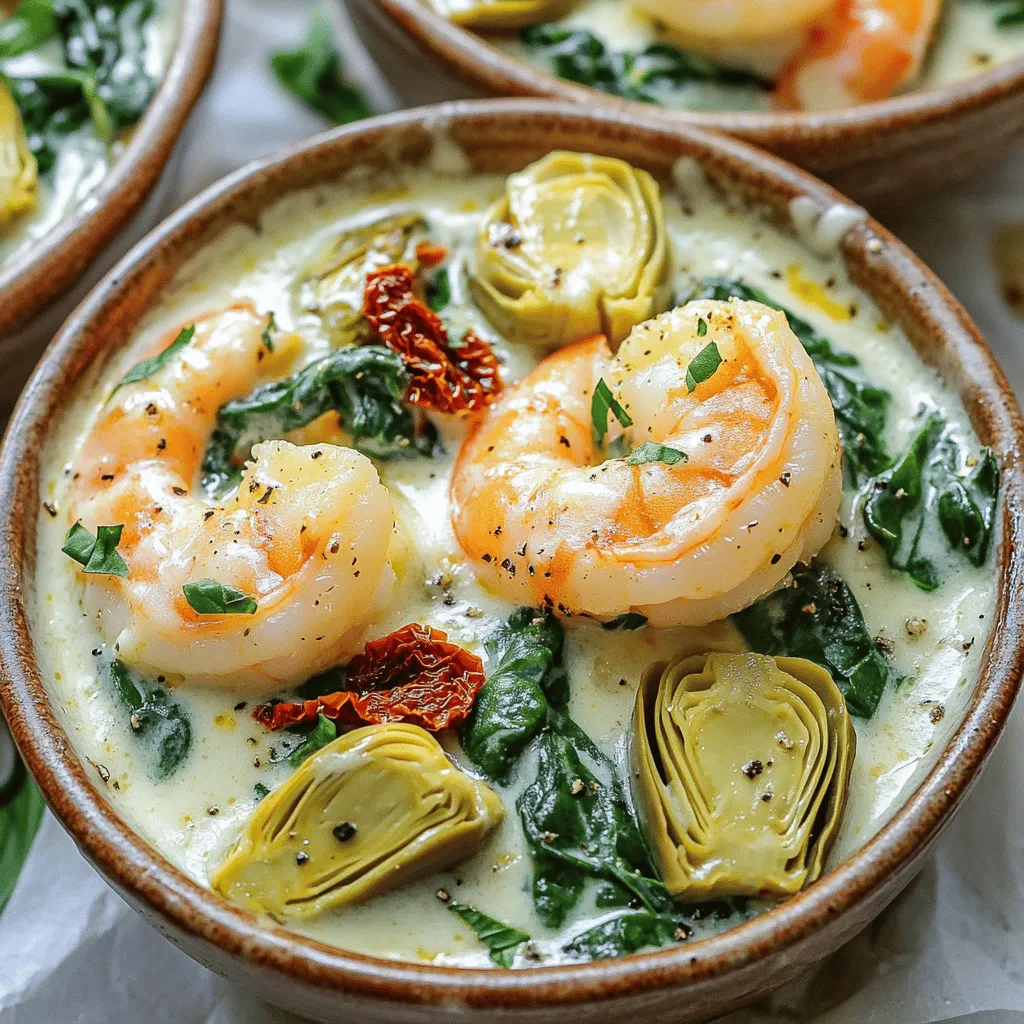 - 1 lb large shrimp, peeled and deveined - 2 cups fresh spinach, roughly chopped - 1 cup canned artichoke hearts, drained and quartered - 1 cup heavy cream - 1/2 cup sun-dried tomatoes, chopped - 1 cup shredded mozzarella cheese - 1/4 cup grated Parmesan cheese - 2 tablespoons olive oil - 1 teaspoon Italian seasoning - Salt and pepper to taste - Fresh basil, for garnish Gather all these items for the Tuscan shrimp with spinach artichokes. The large shrimp bring a sweet flavor. Fresh spinach adds a vibrant color and nutrients. Canned artichoke hearts provide a unique texture and taste. For creaminess, use heavy cream. Sun-dried tomatoes add depth and a tangy kick. The mozzarella and Parmesan cheese melt beautifully, making a rich sauce. To season, olive oil gives a nice base flavor. Italian seasoning brings warmth and aroma. Use salt and pepper to taste, and finish with fresh basil for a pop of freshness. You can find the complete details in the Full Recipe. To start, heat 2 tablespoons of olive oil in a large skillet over medium heat. Add 1 medium diced onion. Sauté until it turns translucent, about 3-4 minutes. Next, add 3 minced garlic cloves and 1 teaspoon of Italian seasoning. Cook for 1-2 minutes until you smell the garlic. Now, it’s time to add the shrimp. Pour in 1 pound of large shrimp, peeled and deveined. Season with salt and pepper. Cook for 3-4 minutes, stirring occasionally. The shrimp should turn pink and opaque. Once the shrimp is ready, stir in 1/2 cup of chopped sun-dried tomatoes, 2 cups of roughly chopped fresh spinach, and 1 cup of drained and quartered canned artichoke hearts. Mix everything well. Cook for about 2 minutes until the spinach wilts. Now it’s time for the sauce. Reduce the heat to low and pour in 1 cup of heavy cream. Stir to mix everything. Let it simmer for 2-3 minutes. This will thicken the sauce slightly. Add 1 cup of shredded mozzarella cheese and 1/4 cup of grated Parmesan cheese. Stir until the cheese melts and the sauce becomes creamy. Taste and adjust the seasoning if needed. Remove the skillet from heat. Garnish with fresh basil before serving. This dish is now ready to enjoy! For the full recipe, check the details above. To ensure shrimp are perfectly cooked, watch their color. They turn pink and opaque when done. Don't overcook them or they will get tough. Just three to four minutes in a hot skillet is all you need. Preventing cream from curdling is key for a smooth sauce. Always add cream at a low heat. Stir it gently after adding to keep it creamy. If you see curds, reduce heat and whisk quickly. For added flavor, try herbs like thyme, parsley, or oregano. They blend well with the shrimp and artichokes. You can also add a pinch of red pepper flakes for some heat. If you want to switch up the cheese, try using goat cheese or feta. They add a nice tang to the dish. You can mix mozzarella with any cheese you like for a unique taste. Pair this dish with a side of rice or crusty bread. They soak up the creamy sauce very well. A light salad can also balance the meal nicely. For drinks, a crisp white wine works well, like Sauvignon Blanc. It enhances the flavors of the shrimp. You can also serve it with sparkling water with lemon for a nice touch. For an elegant dining experience, serve in shallow bowls. Drizzle any extra sauce on top and garnish with fresh basil. A sprinkle of extra Parmesan adds a lovely finish. You can find the Full Recipe for more details on making this dish. {{image_2}} If shrimp is not your favorite, try chicken or tofu instead. Both options work well. Chicken adds a nice flavor and is easy to cook. Tofu keeps the dish light and is great for a plant-based meal. You can also switch up the veggies. Instead of spinach, use kale or Swiss chard. These greens add a unique taste and texture. You might even try bell peppers for a sweet crunch or mushrooms for an earthy flavor. Want to spice things up? Add red pepper flakes for a kick. Just a pinch can change the whole dish. If you like bright flavors, squeeze in some lemon juice or add lemon zest. This will wake up your taste buds and balance the creaminess. For a gluten-free meal, make sure all your ingredients are certified gluten-free. Most of the items in this dish are gluten-free. Just check the labels on your sauces and seasonings. If you need a dairy-free version, replace heavy cream with coconut milk. You can also use dairy-free cheese for a creamy finish. This way, everyone can enjoy Tuscan shrimp without missing out. For the full recipe, check out the complete details. To store leftovers properly, let the dish cool first. Place it in an airtight container. This helps keep the shrimp and sauce fresh. In the fridge, Tuscan shrimp lasts about 3 to 4 days. Always check for freshness before eating. For freezing, use a freezer-safe container. Make sure to leave some space for expansion. The dish will freeze well for about 2 to 3 months. When you're ready to eat, thaw it overnight in the fridge. Reheat on the stove over low heat, stirring gently. This helps maintain the creamy texture. You can make Tuscan shrimp in advance. This dish is perfect for meal prep. Cook it, then let it cool before storing. Use glass or BPA-free plastic containers for easy storage. These containers help keep the flavors intact. Enjoy the ease of having a delicious meal ready to go! Making Tuscan Shrimp with Spinach Artichokes takes about 30 minutes in total. You need 15 minutes for prep and 15 minutes for cooking. This quick time makes it a great choice for busy nights. Yes, you can use frozen shrimp! Just thaw them first. Place the shrimp in the fridge overnight or run them under cold water. Fresh shrimp have a slightly better taste, but frozen works well too. You can serve this dish with many sides. Here are a few ideas: - Rice or quinoa for a filling base - Pasta to soak up the creamy sauce - A fresh salad for a light touch - Garlic bread to enjoy with the sauce These sides will make your meal even better! For the Full Recipe, check it out to see how to make this delicious dish. This blog post offers a simple guide to making Tuscan Shrimp with Spinach Artichokes. Key ingredients include shrimp, spinach, and creamy cheeses. I shared step-by-step cooking instructions and useful tips for success. You can customize recipes with different proteins or flavors. Remember to store leftovers carefully. This dish is quick to prepare, making it perfect for any weeknight dinner. Enjoy your delicious meal and the satisfaction of creating something special.