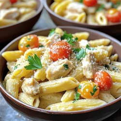- 2 cups penne pasta - 1 lb chicken breast, diced - 2 tablespoons olive oil - 1 teaspoon garlic powder - 1 teaspoon onion powder - Salt and pepper to taste - 1 cup heavy cream - 1/2 cup ranch dressing - 1/2 cup grated Parmesan cheese - 1 cup cherry tomatoes, halved - 1/4 cup chopped fresh parsley To make creamy chicken ranch pasta, you need these key ingredients. The penne pasta serves as the perfect base for this dish. I love using chicken breast because it cooks quickly and stays juicy. The olive oil adds richness to the chicken. Garlic powder and onion powder enhance the flavor without extra steps. The heavy cream and ranch dressing create the delicious sauce. The Parmesan cheese adds a nice cheesy flavor. I often toss in cherry tomatoes for a fresh burst of flavor. Finally, fresh parsley brightens the dish and adds color. - Additional seasonings (e.g., Italian herbs) - Extra vegetables (e.g., spinach, bell peppers) If you're feeling adventurous, you can add optional ingredients. Italian herbs can give a nice twist. Extra veggies like spinach or bell peppers add nutrition and color to the dish. Customize it to fit your taste! You can find the full recipe in the main article. To cook penne pasta perfectly, start by boiling water in a large pot. Add a pinch of salt to the water. Once the water is boiling, add the penne. Cook it according to the package instructions, usually around 8-10 minutes. Stir occasionally to prevent sticking. When it's done, drain the pasta but save 1/2 cup of the pasta water. This water is starchy and helps the sauce stick later. For juicy chicken, heat 2 tablespoons of olive oil in a large skillet over medium heat. Add 1 pound of diced chicken breast. Sprinkle it with 1 teaspoon of garlic powder, 1 teaspoon of onion powder, and some salt and pepper. Sauté the chicken for about 6-8 minutes. Cook it until it turns golden brown and is no longer pink in the center. This step adds great flavor and keeps the chicken moist. To prepare a creamy ranch sauce, pour 1 cup of heavy cream and 1/2 cup of ranch dressing into the skillet with the chicken. Stir well and bring it to a gentle simmer. Gradually mix in 1/2 cup of grated Parmesan cheese. This cheese makes the sauce thick and creamy. If the sauce is too thick, add some of the reserved pasta water to reach your desired consistency. When combining the pasta with the sauce, gently fold the cooked penne into the creamy chicken ranch sauce. This method is better than mixing, as it helps keep the pasta intact. Next, add 1 cup of halved cherry tomatoes for a pop of color and taste. Mix until just combined. Finally, garnish with 1/4 cup of chopped fresh parsley. This adds freshness and a vibrant look to your dish. - Prepping ingredients ahead of time: Chop your chicken and veggies the night before. This makes cooking faster. You can also measure out spices in small bowls. - One-pan cooking for easy cleanup: Use a large skillet for everything. You cook the chicken, make the sauce, and mix in the pasta all in one place. This saves you time on washing dishes. - Suggestions for additional spices and herbs: Try adding Italian seasoning or crushed red pepper for a kick. Fresh basil or oregano can also brighten the dish. - Tips on adjusting the consistency of the sauce: If your sauce is too thick, add a splash of the reserved pasta water. This helps it coat the pasta better. You want a creamy texture that clings to every bite. - Ideas for complementary sides: A simple side salad with greens and tomatoes pairs well. Garlic bread also makes a great side. - Best dishes to pair with creamy chicken ranch pasta: Serve with a light white wine, like Pinot Grigio, for a lovely balance. You can also have it with a chilled lemonade for a refreshing twist. For the full recipe, check the [Full Recipe] section. {{image_2}} You can switch up the protein in your creamy chicken ranch pasta. Try using turkey instead of chicken for a leaner option. Shrimp adds a nice seafood twist and cooks quickly. If you prefer plant-based meals, tofu works well too. Just be sure to press the tofu to remove excess water. For a meatless version, add extra veggies like bell peppers and spinach. These options keep the dish flavorful and fun. For those who want a vegan option, look for plant-based ranch dressing. Many brands make tasty vegan ranch that fits right in. You can also change the cheese. Use dairy-free cheese or a mix of nutritional yeast for a cheesy flavor. Mixing in cream cheese adds a rich texture too. This way, you can enjoy creamy chicken ranch pasta that meets different diets. Pasta shapes can change the whole dish. While penne is great, try rotini or farfalle for fun twists. These shapes catch the sauce beautifully. If you need gluten-free options, look for brown rice or quinoa pasta. These pastas have good flavor and texture. They make it easy to enjoy creamy chicken ranch pasta without gluten. For more details on making this dish, visit the [Full Recipe]. To keep your creamy chicken ranch pasta fresh, store it in an airtight container. Make sure it cools to room temperature before sealing. This way, you avoid condensation, which can make it soggy. In the fridge, your pasta dish lasts about 3 to 4 days. Always check for signs of spoilage, like off smells or discoloration, before eating leftovers. You can freeze creamy chicken ranch pasta, but there are some key points to know. Cream-based dishes can change texture when frozen. To freeze, place the pasta in a freezer-safe container, leaving some space at the top for expansion. It stays good in the freezer for about 2 to 3 months. When you're ready to eat, thaw the pasta overnight in the fridge. Reheat it gently on the stove or in the microwave. If the sauce seems thick, add a splash of milk or broth to loosen it up. This keeps the pasta creamy and delicious! To make this dish gluten-free, substitute regular pasta with gluten-free penne. Many brands offer great options. You can also check the ranch dressing label. Some dressings contain gluten. Choose a gluten-free ranch dressing to keep the flavors intact. Yes, you can prep this dish ahead of time. Cook the pasta and chicken in advance. Store them separately in the fridge. When you're ready to eat, mix them with the sauce. This method keeps everything fresh and tasty. If you want a change, try other dressings. Caesar dressing adds a nice twist. You can also make your own ranch with yogurt, herbs, and spices. This gives you control over flavors and health benefits. Absolutely! Kids love creamy textures and flavors. To make it even more appealing, cut the chicken into smaller pieces. You can also add fun shapes of pasta, which kids enjoy. If the dish feels too rich, add a splash of lemon juice. You can also stir in some fresh spinach or arugula. These add a nice touch of acidity and freshness to the meal. Yes, you can! For a slow cooker version, add your raw chicken, pasta, and sauce ingredients. Cook on low for 4-6 hours. Stir in cheese at the end for a creamy finish. This method is easy and keeps everything tender. For the full recipe, check out the details above! We discussed how to make creamy chicken ranch pasta, covering required and optional ingredients. I shared step-by-step instructions, tips for flavor, and storage methods. You learned how to customize this dish with different proteins and sauces while ensuring it remains delicious. This meal is easy to prepare and great for any occasion. You can enjoy cooking and impress your family with this tasty recipe. Now, dive into your kitchen and create this dish!