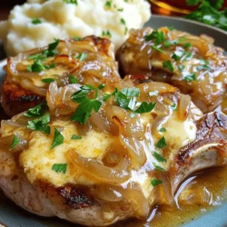 - 4 bone-in pork chops (1-inch thick) - 2 large onions, thinly sliced - 3 cloves garlic, minced - 2 tablespoons olive oil - 1 teaspoon dried thyme - 1 teaspoon sugar - 1 cup beef broth (low sodium) - 1 cup shredded Gruyère cheese - Salt and pepper to taste - Fresh parsley, chopped (for garnish)