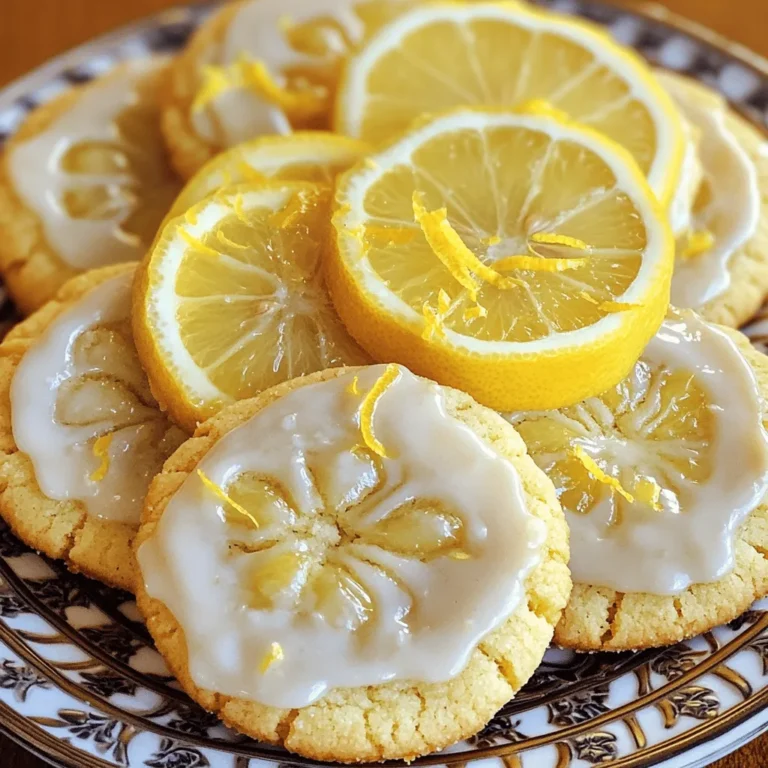 - 2 ¾ cups all-purpose flour - 1 teaspoon baking soda - ½ teaspoon baking powder - 1 teaspoon salt - 1 cup unsalted butter, softened - 1 ½ cups granulated sugar - 1 large egg - 1 tablespoon lemon zest (from about 2 lemons) - 2 tablespoons fresh lemon juice - 1 teaspoon vanilla extract - 1 ½ cups powdered sugar (for glazing) - 2 tablespoons fresh lemon juice (for glazing) - Lemon slices and zest for garnish (optional) You will need some basic items for these cookies. Start with the flour, baking soda, baking powder, and salt. These dry ingredients give the cookies structure. Next, get butter and sugar. The butter should be soft. This helps it mix well, making the cookies light. You also need an egg, lemon zest, lemon juice, and vanilla extract. These add flavor and moisture to the dough. For the glaze, gather powdered sugar and more lemon juice. This glaze gives the cookies a sweet and tart finish. If you like, use lemon slices or extra zest for a pretty touch on top. With all these ingredients ready, you will make a tasty treat! For the full recipe, check the cooking instructions later. 1. Preheat the oven and line baking sheets: Start by preheating your oven to 350°F (175°C). Line your baking sheet with parchment paper. This helps the cookies not stick. 2. Combine dry ingredients and cream butter/sugar mixture: In a bowl, mix together 2 ¾ cups of flour, 1 teaspoon of baking soda, ½ teaspoon of baking powder, and 1 teaspoon of salt. In a separate bowl, beat 1 cup of softened butter and 1 ½ cups of granulated sugar until fluffy. This takes about 3 minutes. 3. Add egg and flavorings to the mixture: Add 1 large egg, 1 tablespoon of lemon zest, 2 tablespoons of fresh lemon juice, and 1 teaspoon of vanilla extract to the butter mixture. Beat until mixed well. 1. Combine wet and dry ingredients, shape cookies, and set on baking sheet: Slowly add the dry mixture to the wet mixture. Mix on low until combined. Do not overmix! Use a cookie scoop to drop dough onto the prepared baking sheet. Space them 2 inches apart. 2. Baking time and tips for doneness: Bake the cookies for 8-10 minutes. Look for lightly golden edges. The middle may seem soft, but it will firm up while cooling. 1. How to make the glaze: In a small bowl, whisk together 1 ½ cups of powdered sugar and 2 tablespoons of fresh lemon juice. Mix until smooth and pourable. 2. Techniques for glazing cookies: Once the cookies are cool, drizzle the glaze over each cookie. You can use a spoon or a piping bag for neat lines. 3. Optional garnishing ideas: If you want, add small lemon slices or more lemon zest on top of the glaze while it is still wet. This adds a nice touch! For the full recipe and additional tips, check out the [Full Recipe]. Enjoy making your glazed lemon sugar cookies! To make the best glazed lemon sugar cookies, start with measuring flour correctly. Use a spoon to scoop flour into your measuring cup. Then level it off with a knife. This method helps avoid too much flour, which can make cookies dry. Room temperature butter is key. It blends well with sugar, creating a light and fluffy mixture. If your butter is cold, it won’t mix properly. Leave it out for about 30 minutes before use. Avoid overmixing the dough. Once you add dry ingredients, mix just until combined. Overmixing can make cookies tough. You want a soft and tender cookie, so stop mixing as soon as everything blends. To enhance lemon flavor, add more lemon zest. This gives a bright, zesty taste. You can also mix in a bit of lemon extract for an extra kick. For alternate glazes, try a simple vanilla glaze. Just mix powdered sugar with milk and vanilla. This adds sweetness without the tartness of lemon. You can also sprinkle in chopped nuts or shredded coconut for added texture. {{image_2}} You can switch up the flavor of your glazed lemon sugar cookies with different citrus. Try using lime zest for a fresh twist. Lime adds a bright and tangy taste that pairs well with the sweetness. Orange zest is another great option. It brings a sweet, fruity aroma that brightens the cookies. For seasonal variations, think about adding blood orange zest in winter. It gives a lovely color and flavor that stands out. If you need to make your cookies gluten-free, use a gluten-free flour blend. Many blends work well in cookies. Look for one that includes xanthan gum for a better texture. If you want a vegan option, replace the butter with coconut oil or a plant-based butter. You can use a flax egg instead of a regular egg. Just mix one tablespoon of ground flaxseed with two and a half tablespoons of water. Let it sit until it thickens. These changes keep the cookies tasty while fitting different diets. Store your glazed lemon sugar cookies at room temperature in an airtight container. This keeps them soft and fresh for about a week. Avoid placing them in direct sunlight. You can add a piece of bread to the container. This helps keep cookies moist. You can separate layers of cookies with parchment paper. This method prevents them from sticking together. If you want to keep the glaze intact, wait until the cookies cool completely before storing them. This ensures the glaze sets properly. For long-term storage, you can freeze both unbaked dough and baked cookies. To freeze unbaked dough, scoop the dough onto a lined baking sheet. Freeze the dough balls until firm, then transfer them to a freezer bag. This method saves space and keeps the dough fresh for up to three months. If you prefer to freeze baked cookies, let them cool completely. Then, place them in an airtight container or freezer bag. They can last up to three months in the freezer. To thaw, simply take them out and let them sit at room temperature for about 30 minutes. If you want to enjoy them warm, pop them in a preheated oven at 350°F (175°C) for a few minutes. This will bring back their fresh-baked goodness. You can tell when cookies are done by looking at their edges. The edges should be lightly golden. If the center looks a bit soft, don’t worry. They will firm up as they cool. Gently touch the center with your finger. If it springs back, they are ready to come out. Yes, you can make the dough ahead of time! Just shape it into a ball and wrap it in plastic. Store it in the fridge for up to three days. If you want to keep it longer, freeze the dough for up to three months. When ready to bake, let it thaw in the fridge overnight and then scoop and bake as usual. If you lack fresh lemons, you can use bottled lemon juice. About two tablespoons of bottled juice works well. You can also use lemon extract as an option. One teaspoon of extract can replace the zest and juice. Just remember, the flavor may not be as bright as fresh lemons, but it will still taste good! Baking cookies is simple with the right ingredients and steps. You learned about the key components like flour, butter, and eggs. I shared tips for perfect texture and flavor. Don’t forget to experiment with different citrus and dietary options. Storing cookies properly keeps them fresh longer. I hope you feel excited to try these recipes. Happy baking!