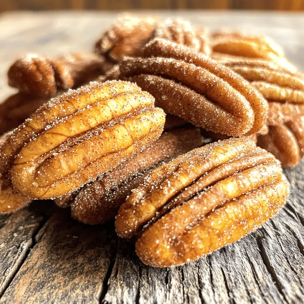 To make cinnamon sugar pecans, gather these ingredients: - 2 cups pecan halves - 1/2 cup granulated sugar - 1 teaspoon ground cinnamon - 1/4 teaspoon salt - 1 egg white - 1/2 teaspoon vanilla extract - 1 tablespoon water These simple ingredients blend well to create a tasty snack. You can customize your pecans with these fun add-ins: - A pinch of cayenne for heat - Chopped nuts for extra crunch - A splash of maple syrup for sweetness - A sprinkle of cocoa powder for a chocolate twist These options can add different flavors and textures to your recipe. Accurate measuring is key for the best results. Here are some tips: - Use dry measuring cups for sugar and nuts. - Use a liquid measuring cup for water and egg whites. - Level off dry ingredients with a straight edge. - Check your spice measurements carefully for balance. Getting these amounts right helps ensure your pecans taste perfect! For the full recipe, check out the main article. Start by gathering all your ingredients. You will need: - 2 cups pecan halves - 1/2 cup granulated sugar - 1 teaspoon ground cinnamon - 1/4 teaspoon salt - 1 egg white - 1/2 teaspoon vanilla extract - 1 tablespoon water Make sure everything is ready before you begin. Preheating the oven is the first step. Set it to 350°F (175°C). Line your baking sheet with parchment paper. This makes cleaning up much easier. In a medium bowl, mix the sugar, cinnamon, and salt. Set this bowl aside for later. Now, in a large bowl, whisk the egg white. Add the vanilla extract and water. You want the mixture to be frothy. Next, toss the pecan halves into the egg white mixture. Make sure they are well-coated. This helps the sugar stick. After that, sprinkle the sugar mixture over the pecans. Toss again to coat them evenly. Spread the pecans on the lined baking sheet. Make sure they are in a single layer. Bake them in the oven for 15 to 20 minutes. Stir them every 5 minutes. Keep an eye on them to avoid burning. When the pecans are done baking, take the sheet out of the oven. Let them cool for about 10 minutes. They will get harder as they cool. If you see any clusters, break them apart. Once they are cool, store the pecans in an airtight container. They can last up to 2 weeks at room temperature. For the full recipe, check the previous section. Enjoy your tasty snack! To get the best cinnamon sugar pecans, you need a good coating. First, whisk your egg white well. It should look frothy. This frothiness helps the sugar mix stick to the pecans. After mixing the pecans in the egg white, sprinkle the sugar mixture over them. Toss gently to cover every piece. Each pecan should be shiny and sweet. One common mistake is not mixing the egg white enough. If it’s not frothy, the coating won’t stick. Another mistake is to skip tossing the pecans. If you don’t coat them well, some pecans will not have enough flavor. Lastly, watch the baking time closely. Overcooking can lead to burnt pecans. Stir them every five minutes for even cooking. Want to spice things up? Try adding a pinch of nutmeg to the sugar mix. You can also use maple syrup instead of vanilla for a richer taste. For a kick, add a bit of cayenne pepper. This will give your pecans a nice heat. You can even mix in some chocolate chips after baking for a sweet treat. These simple enhancements will make your pecans even more exciting. For the full recipe, check out the [Full Recipe]. {{image_2}} Want a kick? Add spice! Mix in cayenne pepper or chili powder. Start with 1/4 teaspoon and taste. Adjust to make it as spicy as you like. This adds heat and flavor to the sweet mix. It makes a fun snack for those who love bold tastes. For a twist, try sweet and savory! Mix in a pinch of sea salt or a dash of herbs. Rosemary or thyme works well with the cinnamon. This adds depth and complexity. You can even drizzle some maple syrup before baking. It gives a gooey, sweet layer that is hard to resist. Use different nuts for variety! Walnuts, almonds, or cashews can replace pecans. Each nut has its own unique taste and texture. Mixing them creates a great snack mix. You can also combine nuts with dried fruits like cranberries or raisins. This gives a sweet and chewy contrast to the crunchy nuts. For more ideas and tips, check out the Full Recipe! To keep your cinnamon sugar pecans fresh, store them in an airtight container. A glass jar or a plastic container with a tight lid works well. This helps prevent moisture from getting in. Place the container in a cool, dry place, away from sunlight. A pantry or cupboard is perfect. Avoid storing them in the fridge, as this can make them lose their crunch. When stored properly, the pecans can last up to two weeks at room temperature. After that, their taste and texture may change. If you notice any off-flavors or softness, it is best to toss them out. Always check for signs of spoilage before eating. You can freeze cinnamon sugar pecans for longer storage. To do this, place the cooled pecans in a freezer-safe bag or container. Remove as much air as possible before sealing. They can last up to three months in the freezer. When you want to enjoy them, simply take out the amount you need and let them thaw at room temperature. They will still taste great! You can find the full recipe to enjoy this snack anytime. Pecans are great for your health. They are full of good fats that can help lower bad cholesterol. They also have lots of vitamins and minerals, like vitamin E and magnesium. Eating pecans can help with heart health, weight control, and even your brain. They give you energy and help you feel full. Plus, they are tasty and crunchy, making them a perfect snack. Yes, you can use other nuts for this recipe! Almonds, walnuts, or cashews all work well. Each nut has its own taste and texture, which can change the flavor of your snack. Just remember to adjust the cooking time if you choose a different nut. Some nuts may cook faster, so keep an eye on them while baking. You can find pre-made cinnamon sugar pecans at many grocery stores or online. Check the snack aisle or the nuts section. Stores like Whole Foods or Trader Joe's often carry them. You can also find them at specialty nut shops. If you want a fresh batch, I recommend trying the Full Recipe at home for a warm, homemade treat. You now know how to make cinnamon sugar pecans with ease. We explored all the key ingredients, from measuring tips to optional add-ins. I shared step-by-step instructions for baking and storing these tasty snacks. You learned valuable tips and tricks for perfect coating and flavor enhancements. We also discussed variations and storage options. Enjoy your cinnamon sugar pecans as a snack or gift. With these skills, impress your friends and family with your tasty treats!