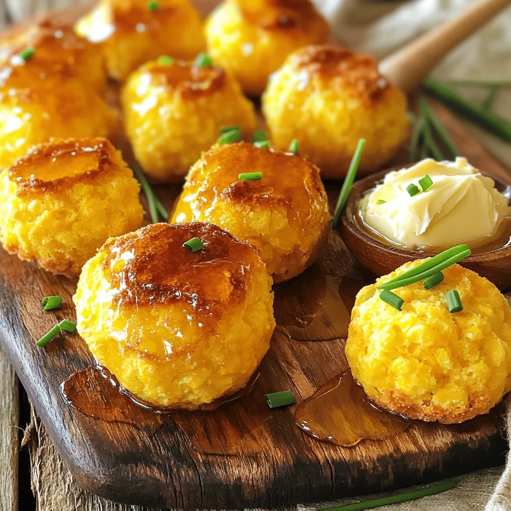 To make Southern-Style Honey Butter Cornbread Poppers, gather these ingredients: - 1 cup cornmeal - 1 cup all-purpose flour - 1 tablespoon baking powder - 1/2 teaspoon salt - 1 cup buttermilk - 2 large eggs - 1/4 cup vegetable oil - 1/4 cup honey - 1 cup corn kernels (fresh or frozen, thawed) - 1/2 cup shredded cheddar cheese (optional) - 4 tablespoons unsalted butter, softened - 2 tablespoons honey (for butter) - Optional: Fresh chives or parsley for garnish It’s helpful to know some conversions for your ingredients. Here’s a quick guide: - 1 cup = 240 ml - 1 tablespoon = 15 ml - 1 teaspoon = 5 ml - 1 pound = 453 grams If you need to change the amounts, just keep these conversions in mind. They make it easy to adjust recipes based on how many poppers you want to make. You might want to swap some ingredients for different flavors. Here are some ideas: - Use whole wheat flour instead of all-purpose flour for a heartier taste. - Substitute almond milk or oat milk if you need a dairy-free option. - Add diced jalapeños for a spicy kick. - Try using maple syrup instead of honey for a unique twist. These options let you personalize the recipe to suit your taste. Make it your own and enjoy! If you want to see the full recipe, check out the details in the Full Recipe section. Start by preheating your oven to 400°F (200°C). This step is key for even cooking. While your oven heats, grease a mini muffin tin. You can also line it with mini muffin liners for easy removal later. This makes serving simpler and cleaner. In a large mixing bowl, combine the dry ingredients. Whisk together 1 cup of cornmeal, 1 cup of all-purpose flour, 1 tablespoon of baking powder, and 1/2 teaspoon of salt. Mixing these well ensures a light and fluffy texture in the final poppers. In a separate bowl, beat together the wet ingredients. Add 1 cup of buttermilk, 2 large eggs, 1/4 cup of vegetable oil, and 1/4 cup of honey. Mix until the mixture is smooth. This blend adds moisture and sweetness to your poppers. Now, pour the wet ingredients into the bowl of dry ingredients. Gently stir the mixture until just combined. It's okay if there are a few lumps; overmixing can lead to tough poppers. You want them tender and fluffy. Next, fold in the corn and cheese. Add 1 cup of corn kernels and 1/2 cup of shredded cheddar cheese, if you choose to use it. This step adds flavor and texture, making the poppers even more delightful. Spoon the batter into the prepared muffin tin, filling each cup about 2/3 full. This allows space for the poppers to rise. Bake in the preheated oven for about 15-18 minutes. They should turn golden brown. A toothpick should come out clean when inserted into the center. While the poppers bake, prepare the honey butter. Mix 4 tablespoons of softened butter with 2 tablespoons of honey in a small bowl until creamy. Once the poppers cool slightly, serve them warm with the honey butter. Enjoy each bite of this sweet and savory treat. For the full recipe, refer to the ingredients listed above. To get perfect poppers, follow these steps: - Preheat your oven to 400°F (200°C). - Grease your mini muffin tin well. - Avoid overmixing the batter; stir gently. - Bake until golden brown, about 15-18 minutes. - A toothpick should come out clean from the center. These steps help keep the poppers light and fluffy. You can change up your poppers in fun ways: - Add jalapeños for a spicy kick. - Mix in cooked bacon bits for extra richness. - Swap cheddar cheese for pepper jack for heat. - Use maple syrup instead of honey for a twist. - Try different herbs, like rosemary or thyme, for freshness. These variations keep your poppers exciting and full of flavor. Avoid these common errors for great results: - Don't skip the buttermilk; it adds moisture. - Be careful not to overmix the batter; it can make poppers tough. - Check your oven temperature; an oven thermometer helps. - Don’t let the poppers cool in the muffin tin too long; they can stick. - Remember to let them cool on a wire rack for crispness. Steering clear of these mistakes ensures your poppers are a hit! {{image_2}} Southern-Style Honey Butter Cornbread Poppers shine when paired with savory dishes. Here are my top picks: - Chili: The warmth of chili complements the sweet poppers. - Barbecue: Ribs or pulled pork add a smoky touch. - Fried Chicken: The crunchiness of chicken works well with soft cornbread. - Salads: A fresh green salad balances the rich flavors. These pairings create a delightful spread for any meal. Serving these poppers can be fun and unique. Here are some ideas: - Mini Baskets: Use small baskets for a rustic look. - Platter with Dips: Arrange poppers on a platter with honey and butter dips. - Skewers: Thread poppers on skewers for a fun grab-and-go treat. - Garnish: Add fresh herbs like chives or parsley for a pop of color. These creative presentations make your dish stand out. Southern-Style Honey Butter Cornbread Poppers fit many occasions. Consider serving them at: - Family Gatherings: They’re great for sharing with loved ones. - Game Day: Perfect for snacking while watching the big game. - Picnics: Easy to pack and eat outdoors. - Holiday Feasts: They add warmth to any holiday table. Each occasion brings joy when poppers are present. To keep your leftover poppers fresh, place them in an airtight container. Make sure to let them cool completely before storing. This helps prevent moisture buildup. You can keep them in the fridge for up to three days. If you want them to last longer, freezing is a great option. Reheating the poppers is simple. You can use the oven or microwave. For the oven, preheat it to 350°F (175°C). Place the poppers on a baking sheet and heat for about 10 minutes. For the microwave, heat one popper at a time for about 20 seconds. Enjoy them warm for the best taste! If you want to freeze your Southern-Style Honey Butter Cornbread Poppers, wrap them tightly in plastic wrap. Then place them in a freezer bag or container. They will last for up to three months in the freezer. To enjoy, thaw them in the fridge overnight and reheat as mentioned earlier. This way, you can have delicious poppers ready whenever you want! Southern-Style Honey Butter Cornbread Poppers are small, fluffy bites of cornbread. They are sweetened with honey and have a rich buttery taste. These poppers are perfect as a snack or side dish. You can serve them warm with extra honey butter. The texture is soft, and they melt in your mouth. They combine the comfort of cornbread with the joy of honey. Yes, you can make these poppers ahead of time. Bake them and let them cool completely. Store them in an airtight container. They will stay fresh for a couple of days. When you're ready to serve, just reheat them in the oven. This gives them a nice warm texture again. If the batter is too thick, add a little buttermilk. Start with one tablespoon and mix well. Keep adding until the batter reaches your desired thickness. It should be pourable but not runny. This ensures your poppers will bake evenly and stay soft. Yes, you can use regular corn instead of frozen. Fresh corn works well, especially in summer. Just make sure it's cooked and cut from the cob. This adds a nice crunch and sweet flavor to the poppers. Yes, you can make these poppers gluten-free. Replace the all-purpose flour with a gluten-free flour blend. Make sure to check the blend has a good texture for baking. This way, you can enjoy the same great taste without gluten. In this blog post, we covered the key ingredients and steps for making Southern-Style Honey Butter Cornbread Poppers. You learned about measuring, mixing, and baking techniques. We shared tips for perfect poppers and creative serving ideas. We also discussed how to store leftovers and answered common questions. These poppers are fun, tasty, and easy to make. Enjoy them for any occasion, and don’t hesitate to try your own flavor twists! With practice, you’ll impress friends and family with this delicious dish. Happy cooking!