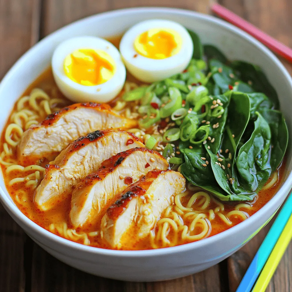- 2 boneless, skinless chicken thighs, sliced - 4 cups chicken broth - 2 packs of instant ramen noodles (discard flavor packets) - 2 tablespoons chili paste (or Korean gochujang for a smoother heat) - 1 tablespoon soy sauce - 2 garlic cloves, minced - 1 tablespoon olive oil - 1 teaspoon sesame oil - 1 cup baby spinach - 1 green onion, thinly sliced - 1 large boiled egg, halved (for topping) - Salt and black pepper to taste - ½ cup heavy cream - 1 tablespoon lemon juice - ¼ teaspoon red pepper flakes (for garnish) When I create the Fiery Chicken Ramen with Creamy Garlic Sauce, I always start with fresh, high-quality ingredients. The chicken thighs give a rich flavor. I slice them into bite-sized pieces for easy cooking. The chicken broth forms the base of this dish and brings warmth. I prefer using low-sodium broth to control the salt level. The instant ramen noodles are quick and absorb the broth well. I discard the flavor packets, as I want my own spice blend. The chili paste brings the heat, while soy sauce adds depth. Minced garlic gives a fragrant kick to the broth. Olive oil and sesame oil work together for a balanced taste. Baby spinach adds color and nutrients. The green onion not only garnishes but also brightens flavors. I always top my ramen with a boiled egg for creaminess. Lastly, heavy cream and lemon juice create a smooth sauce. The red pepper flakes add the finishing touch. When you gather these ingredients, you set the stage for a delightful meal. You can find the full recipe for this dish to help you create it at home. Seasoning the Chicken Start by taking your sliced chicken thighs. In a bowl, season them with salt, black pepper, and chili paste. Mix it all together well. This step packs the chicken with flavor, making it taste great in your ramen. Marinating the Chicken Let the seasoned chicken marinate for about 10 minutes. This time allows the spices to soak in. While it marinates, you can get your broth ready. Sautéing Garlic In a large pot, heat the olive oil over medium heat. Add the minced garlic and sauté it until it becomes fragrant, which should take about 1 minute. Be careful not to burn it, as burnt garlic can ruin the flavor. Adding Chicken Broth After the garlic is ready, pour in the chicken broth. Add the soy sauce, too. Bring the mixture to a gentle simmer. This broth is the heart of your ramen, so let it bubble gently. Incorporating the Chicken Now, add the marinated chicken into the simmering broth. Cook it for about 5 to 7 minutes. Stir it occasionally until the chicken is fully cooked and tender. Cooking Ramen Noodles Once the chicken is cooked, add the instant ramen noodles to the pot. Cook them according to the package instructions, usually about 3 to 4 minutes. The noodles will soak up that spicy broth, making them extra tasty. Whisking the Creamy Garlic Sauce While the noodles are cooking, take a small bowl. In it, whisk together the heavy cream, lemon juice, and sesame oil until smooth. This creamy sauce will add richness to your ramen. Combining Ingredients Once the noodles are done, stir in the baby spinach and cook for another minute. It will wilt nicely. Pour in the creamy garlic sauce and stir everything together. Make sure it’s well mixed. Bowl Presentation Tips When you’re ready to serve, ladle the ramen into deep bowls. This helps keep the broth warm and allows for slurping! Topping Ideas Top each bowl with a halved boiled egg, sliced green onions, and a sprinkle of red pepper flakes for an extra kick. You can also add some sesame seeds for a nice touch. For the full recipe, check out the previous details. - Using Homemade Chicken Broth: Making your broth boosts flavor. Use bones and scraps. Simmer for hours. This creates a rich, deep taste. You can control the salt and spices. Homemade broth adds love to your dish. - Adjusting Spice Levels: Spice is key in this ramen. If you want less heat, use less chili paste. You can add more after tasting. For a milder option, use gochujang. Mix in a little at a time. Always taste as you go! - Optimal Chicken Cooking Times: Cook the chicken for 5-7 minutes. Stir occasionally to avoid sticking. You want it tender, juicy, and fully cooked. Check with a meat thermometer. It should read 165°F for safety. - Ensuring Udon Noodles are Perfectly Cooked: Follow the package directions for timing. Usually, it takes about 3-4 minutes. Stir gently to keep them from clumping. They should be soft yet firm. Drain quickly to avoid overcooking. - Garnishing Ideas: Use sliced green onions for color. A sprinkle of red pepper flakes adds flair. Place a halved boiled egg on top for richness. Consider adding sesame seeds for crunch. Fresh herbs can brighten the dish. - Serving Recommendations: Serve in deep bowls for slurping. This helps capture the broth. Use colorful chopsticks for fun. You can even add a side of pickled veggies. This makes your meal feel special and complete. For the complete recipe, check out the Full Recipe. {{image_2}} You can change the protein in this dish. If you want a vegetarian option, use tofu. - Using Tofu for a Vegetarian Option: Tofu is a great choice. Press it to remove extra moisture. Cut it into bite-sized cubes. Sauté it in olive oil until golden. Then, add it to the broth just like chicken. - Substituting Pork or Beef: If you prefer pork or beef, that works too. Choose tender cuts. Slice them thin. Cook them in the broth until they are just right. Adjust the cooking time based on the meat you choose. To make the recipe your own, you can tweak the flavors. - Adding Different Vegetables: Feel free to add your favorite vegetables. Carrots, bell peppers, or mushrooms all work well. Slice them thin and toss them in the broth with the noodles. They add crunch and color! - Using Different Sauces: Change the sauce for a new taste. Sriracha can add a nice kick. You can also try teriyaki for a sweet twist. Just mix it in with the broth to get the flavor right. How you serve your ramen can change the whole vibe of the meal. - Serving as a Stir-Fry: Instead of soup, you can serve it as a stir-fry. Just skip the broth. Sauté the chicken and veggies together in a pan. Add the sauces for flavor. Serve it over rice for a hearty meal. - Creating a Ramen Salad: For a fresh take, make a ramen salad. Cook the noodles and cool them down. Toss them with veggies, a splash of soy sauce, and sesame oil. This makes a light, tasty dish perfect for lunch. Try these variations to make the dish suit your taste. For the full recipe, check the earlier section. How to Store in the Refrigerator To keep your fiery chicken ramen fresh, let it cool first. Then, pour it into an airtight container. Make sure to store it in the fridge. It will stay good for about 3 days. Freezing Tips for Longer Preservation If you want to save it longer, freezing works great! Separate the broth and noodles. Use freezer-safe containers. The broth lasts up to 3 months. The noodles can be frozen too, but they may change texture. Best Methods for Reheating Ramen To reheat your ramen, the stovetop is best. Pour the ramen into a pot. Heat it on medium until warm. Stir often to keep it even. You can also use the microwave. Just make sure to cover the bowl to avoid splatters. How to Maintain Texture and Flavor To keep the noodles from getting soggy, don’t overheat. Add a splash of water if it looks dry. The creamy garlic sauce adds flavor, so stir it in while warming. Enjoy your meal just like the first time! What can I substitute for chili paste? You can use sriracha or hot sauce. If you want a milder heat, try sweet chili sauce. Can I use fresh ramen noodles instead of instant? Yes, fresh ramen noodles work great! Just adjust the cooking time. They usually cook faster than instant noodles. How long does the ramen last in the fridge? The ramen lasts about three days in the fridge. Store it in a sealed container for best results. What can I add to make it less spicy? To reduce the heat, add more cream or broth. You can also use less chili paste when cooking. What is the secret to perfect ramen broth? The key is to use quality chicken broth. Simmer it gently and add flavors like garlic and soy sauce. How to ensure the chicken stays tender? Cook the chicken just until it is no longer pink. Overcooking can make it tough. Use a meat thermometer for best results. Is this recipe suitable for meal prep? Yes, this recipe is great for meal prep. Just store the broth and noodles separately until ready to eat. Can I make this recipe dairy-free? Absolutely! Substitute heavy cream with coconut milk or a dairy-free cream alternative for a tasty option. For the full recipe, check out the details above. This blog post provided a detailed guide to making a creamy ramen dish. You learned about the essential ingredients, cooking techniques, and tips for enhancing flavor. Exploring variations and storage options opens up creativity and makes meal prep easier. Cooking can be fun and rewarding. Don't hesitate to experiment with different flavors or proteins. Enjoy your delicious ramen creation, and share it with family and friends!