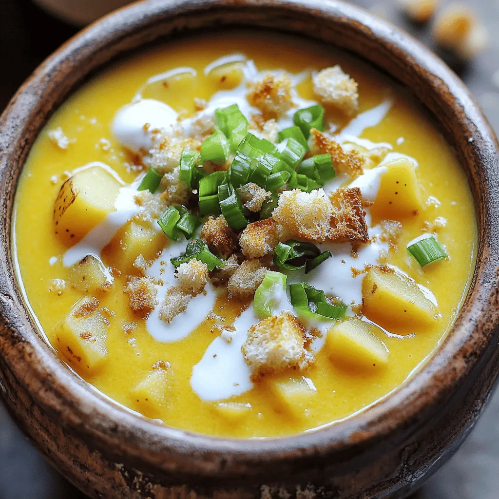 Here are the ingredients you will need for this cozy soup. Each item adds to the rich flavor and creamy texture. - 4 large russet potatoes, peeled and diced - 1 medium onion, chopped - 3 cloves garlic, minced - 4 cups vegetable broth - 1 cup sharp cheddar cheese, shredded - 1 cup heavy cream - 1 teaspoon dried thyme - 1 teaspoon paprika - Salt and pepper to taste - 4 green onions, sliced (for garnish) - Croutons (optional, for garnish) These ingredients come together to create a warm and filling meal. The russet potatoes give the soup its heartiness. The sharp cheddar cheese adds a rich, cheesy flavor. Heavy cream makes the soup extra creamy, while the garlic and onion provide depth. Use fresh herbs to enhance the flavor. For the best taste, choose good quality broth. You can adjust the seasoning based on your preference. Having these ingredients on hand makes it easy to whip up this comforting soup. Check out the Full Recipe for detailed instructions on how to prepare this delicious dish! To start, you need to prep the potatoes, onion, and garlic. First, peel the russet potatoes and dice them into small cubes. This helps them cook evenly. Next, chop the onion into small pieces. Mince the garlic cloves as well. Before you cook, seasoning is key. Add salt and pepper to the vegetables in the slow cooker. This step boosts the flavor as they cook. Don’t skip this part! Now, let’s set up the slow cooker. You can choose to cook on low for six hours or high for three hours. I recommend using low for a richer flavor. As the soup cooks, keep an eye on the time. Check the potatoes for tenderness. They should be soft when poked with a fork. After cooking, it’s time for the fun part! You can either mash the potatoes slightly with a potato masher or blend them for a smooth texture. Both options work well, so choose what you like best. Next, stir in the heavy cream and shredded cheddar cheese. This makes the soup creamy and rich. Make sure the cheese melts completely. If you want it thicker, let it cook on low for an extra 15 to 20 minutes. Once done, serve the soup in bowls. Garnish with sliced green onions and croutons if you like. For the full recipe, check out the section above! To make your soup burst with taste, try adding spices and herbs. You can use: - 1 teaspoon garlic powder - 1 teaspoon onion powder - 1 teaspoon dried parsley These will boost the flavor without much effort. For cheese lovers, swap out cheddar for: - Gruyere - Monterey Jack - Pepper Jack Each cheese gives a unique taste and texture to the soup. It’s fun to experiment! Control the soup’s texture by how you mash the potatoes. If you want chunks, mash gently. For a smooth soup, use an immersion blender. Adjust the creaminess by adding more or less heavy cream. If you want to prepare it ahead, cook as usual. Store it in the fridge and reheat when ready. The soup tastes great the next day! Garnishes can make your soup pop! Beyond green onions and croutons, try: - Fresh herbs like thyme or basil - A dollop of sour cream - Crispy bacon bits Pair your soup with crusty bread or a fresh salad. This makes a cozy meal. Try adding a light vinaigrette salad for a refreshing touch. For the full recipe, check it out. {{image_2}} You can change the type of potatoes for new flavors. For a sweeter touch, try sweet potatoes. They add a nice twist. You can also use Yukon Gold potatoes for a creamier texture. Swap out the vegetable broth for chicken broth if you like. This will add a bit more depth to your soup. Adding other veggies can make it even better. Diced carrots or chopped celery can add color and crunch. Try adding a handful of spinach or kale for extra nutrition. These simple swaps can transform your soup into something unique. If you need a gluten-free option, this soup is easy to adapt. Use gluten-free broth and check the cheese label to ensure it fits your needs. For a dairy-free version, replace the heavy cream with coconut milk. Nutritional yeast can add a cheesy flavor without dairy. If you're looking for low-calorie options, consider using less cream or cheese. You can also cut down on potatoes and add more veggies. This keeps the soup filling but lowers the calories. Want to kick up the flavor? Try adding cooked bacon or diced ham. These proteins bring a savory depth to the soup. You can also add spices for a bit of heat. Cayenne pepper or diced jalapeños can spice things up nicely. Experimenting with your soup can lead to fun results. Try mixing in herbs like rosemary or fresh parsley to refresh the flavor. These changes can make your cozy bowl of soup feel new and exciting. Check out the Full Recipe for more ideas. To store your leftover cheesy potato soup, let it cool first. Then, transfer it to an airtight container. This keeps the soup fresh. You can store it in the fridge for about 3 to 4 days. If you notice any change in smell or color, it’s best to toss it out. Always check before using! You can freeze this soup, but make sure it cools down completely. Pour the soup into freezer-safe bags or containers. Leave some space at the top, as soup expands when it freezes. This soup can last in the freezer for up to 3 months. To reheat, thaw it in the fridge overnight. Then, warm it on the stove over low heat. Stir it often to keep the texture nice and creamy. For the best results, reheat on the stove rather than the microwave. This keeps the soup creamy and avoids hotspots. If you use the microwave, do it in short bursts. Stir in between to ensure even heating. To refresh the soup after reheating, add a splash of cream or broth. This helps restore its rich flavor and creamy texture. Check your seasoning too, and adjust if needed. Enjoy your warm, cheesy soup! This soup takes about 6 hours on low or 3 hours on high. The long, slow cook makes the potatoes soft and creamy. If you use a higher setting, keep an eye on the time. You want the potatoes tender but not mushy. Yes, you can! You can make this soup on the stove. Cook the potatoes and onion in a pot for about 30 minutes. Once the potatoes are soft, mash some and add the cheese and cream. This method is quicker but requires more attention. This soup pairs well with many sides. Here are some favorites: - Fresh bread or rolls - A light salad - Crispy bacon bits - Grilled cheese sandwiches - Crackers for crunch These sides balance the soup's creaminess and add texture. Absolutely! You can make the soup a day ahead. Store it in the fridge once it's cooled. When ready to eat, warm it on low heat. Stir well, and add a little more cream if needed. This makes the soup even richer! This soup can be nutritious, but it depends on your choices. It has potatoes, which are good for you. If you want a lighter version, use low-fat cream or cheese. You can also add more veggies like carrots or spinach. This keeps the flavor but makes it healthier. This blog post covered how to make Slow Cooker Cheesy Potato Soup. I shared simple steps from prepping ingredients to enhancing flavors. You learned about ingredient swaps and how to adjust for diets. Additionally, tips on storage and reheating keep your soup tasty. In the end, this dish is comforting and flexible. It fits many tastes and needs. Enjoy making it and sharing with others!