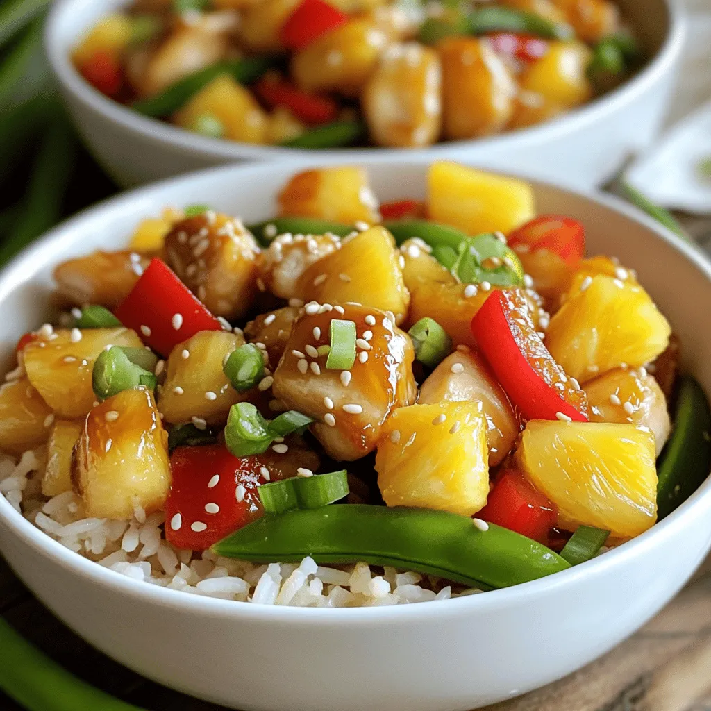 For Sweet Pineapple Chicken & Rice, you will need: - 2 cups jasmine rice - 4 cups chicken broth - 1 lb boneless, skinless chicken breasts, cubed - 1 cup fresh pineapple, diced (or canned, drained) - 1 red bell pepper, diced - 1 cup sugar snap peas, trimmed - 3 tablespoons soy sauce (low sodium recommended) - 2 tablespoons honey - 1 tablespoon sesame oil - 2 cloves garlic, minced - 1 inch ginger, minced - 3 green onions, sliced (for garnish) - Sesame seeds (for garnish) - Salt and pepper to taste If you cannot find jasmine rice, you can use basmati or long-grain rice. For low-sodium soy sauce, regular soy sauce works but adds more salt. If you want to avoid sugar snap peas, try green beans or broccoli florets. Fresh pineapple gives the best taste, but canned pineapple is fine if drained well. You can also swap honey with maple syrup for a different flavor. Each serving of Sweet Pineapple Chicken & Rice contains approximately: - Calories: 450 - Protein: 30g - Carbohydrates: 60g - Fat: 10g - Fiber: 3g - Sugars: 8g This dish is a great balance of protein and carbs, making it a filling meal. It's also rich in vitamins from the vegetables and pineapple. You can find the full recipe to see how to make this tasty dish come together. To cook the rice, start by bringing 4 cups of chicken broth to a boil in a medium pot. Once boiling, add 2 cups of jasmine rice. Cover the pot and reduce the heat to low. Let it simmer for about 15 minutes. The rice will absorb all the liquid. After 15 minutes, take it off the heat and let it sit, covered, for 5 more minutes. This step makes the rice fluffy and perfect for our dish. While the rice cooks, heat 1 tablespoon of sesame oil in a large skillet or wok over medium-high heat. Season 1 pound of cubed chicken breasts with salt and pepper. Add the chicken to the hot skillet. Cook it for 5 to 7 minutes. Stir occasionally until the chicken gets a nice brown color and is fully cooked. Then, add 2 cloves of minced garlic and 1 inch of minced ginger. Sauté this mix for about 1 minute until you smell the garlic and ginger. Next, stir in 1 diced red bell pepper and 1 cup of sugar snap peas. Cook these for 3 to 4 minutes. You want them to be slightly tender but still crunchy. This adds great texture and color to your meal. In a small bowl, whisk together 3 tablespoons of low-sodium soy sauce, 2 tablespoons of honey, and 1 cup of diced pineapple. Pour this sauce over the chicken and veggies in the skillet. Stir everything to coat well. Let it simmer for 2 to 3 minutes. This helps all the flavors mix together. Now, fluff the cooked jasmine rice with a fork. Add the rice directly into the skillet, mixing it gently with the chicken and veggies. Make sure everything is combined evenly. To serve, divide the Sweet Pineapple Chicken & Rice into bowls. Garnish with sliced green onions and a sprinkle of sesame seeds. Enjoy this colorful and tasty meal that brings smiles to the table! You can find the full recipe for more details. To boost flavor, use fresh ingredients. Fresh pineapple adds sweetness. It balances the savory chicken. The soy sauce brings depth. I prefer low sodium to keep it lighter. Always taste as you cook. Adjust salt, pepper, or honey to suit your taste. You can switch up proteins in this dish. Shrimp works great if you want seafood. Firm tofu is a fantastic choice for a vegetarian meal. Just cook it until golden brown. You can also use pork or beef. Each protein adds its own unique flavor. One mistake is overcooking the chicken. It should be juicy and tender. Keep an eye on the heat when cooking. Another mistake is not tasting your dish. Always adjust flavors before serving. Lastly, don’t skip the garnishes. Green onions and sesame seeds make the dish pop. For the full recipe, check out the Sweet Pineapple Chicken & Rice section. {{image_2}} You can easily change the veggies in this dish. For a colorful mix, try adding: - Broccoli florets - Carrots, thinly sliced - Zucchini, diced - Baby corn These veggies bring bright colors and great taste. Each one adds a unique crunch. You can even add a mix of your favorites. They all work well with the sweet pineapple. If you love heat, add some spice! Chili flakes or sriracha can give this meal a kick. Here's how: - Stir in 1 teaspoon of chili flakes with the garlic and ginger. - For sriracha, drizzle 1-2 tablespoons into the sauce mix. This twist makes your Sweet Pineapple Chicken & Rice even more exciting. The sweet and spicy balance creates a fun flavor combo. Pairing sides with your Sweet Pineapple Chicken & Rice can elevate the meal. Here are some ideas: - Steamed broccoli for extra greens - A simple green salad for freshness - Crispy spring rolls for a crunchy bite These sides bring great flavors and textures. They enhance the overall meal experience, making it more enjoyable. Remember, serving is all about balance! For full details on making this dish, check the Full Recipe. To keep your Sweet Pineapple Chicken & Rice fresh, store it in an airtight container. Make sure to let the dish cool to room temperature before sealing it. This helps prevent moisture buildup that can lead to spoilage. You can also divide it into smaller portions. This way, you can enjoy it later without reheating the whole batch. When it's time to enjoy your leftovers, reheat the dish in the microwave. Place a portion in a microwave-safe bowl, cover it loosely with a lid or plastic wrap, and heat for 2-3 minutes. Stir halfway through to ensure even heating. If you want to use a skillet, heat it over medium heat with a splash of chicken broth to keep it moist. Stir until it's heated through. In the refrigerator, Sweet Pineapple Chicken & Rice lasts about 3-4 days. Make sure to check for any signs of spoilage before eating. If you want to keep it longer, freeze it. In the freezer, it can last up to 3 months. Just remember to label the container with the date. This helps you keep track of how long it has been stored. For the best taste, try to use it within the first month of freezing. To make Sweet Pineapple Chicken & Rice gluten-free, use gluten-free soy sauce. You can find this in most grocery stores. Substitute regular soy sauce with the gluten-free option. Ensure your chicken broth is also gluten-free. Avoid any sauces or ingredients that may have gluten. This way, you keep the flavor and make it safe for all diets. Yes, you can use brown rice instead of jasmine rice. Brown rice has a nuttier taste and a chewier texture. It does take longer to cook, so adjust the cooking time. Typically, brown rice needs about 40-45 minutes to cook. Make sure to use enough chicken broth for added flavor. This swap will give you a heartier meal. Other fruits can add a nice twist to Sweet Pineapple Chicken & Rice. Mango, for example, brings sweetness and a tropical vibe. You could also try diced peaches or even fresh orange segments. These fruits can enhance the flavor and add freshness. They pair well with the chicken and rice, making the dish even more vibrant. In this blog post, we covered how to make Sweet Pineapple Chicken & Rice. I shared ingredient lists, step-by-step instructions, and tips for perfecting the dish. You learned how to enhance flavor and avoid common mistakes. We also discussed variations like adding spicy elements and alternative vegetables. In closing, this dish is easy to customize and delightful. You can adjust flavors and ingredients to suit your taste. Enjoy cooking and creating your version!