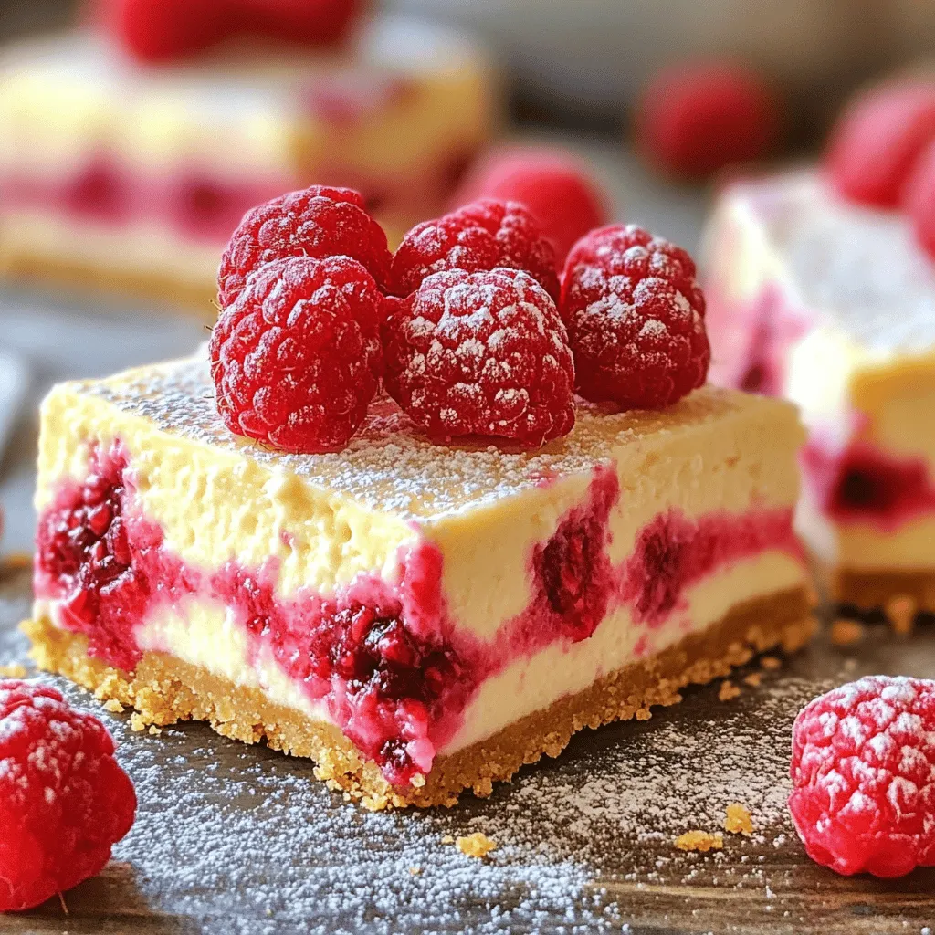 - 1 ½ cups graham cracker crumbs - ⅓ cup granulated sugar - ½ cup unsalted butter, melted - 16 oz cream cheese, softened - ¾ cup granulated sugar - 2 large eggs - 2 tablespoons all-purpose flour - Zest of 1 lemon - ⅓ cup fresh lemon juice - 1 cup fresh raspberries (plus extra for garnish) - 1 teaspoon vanilla extract The ingredients for Raspberry Lemon Cheesecake Bars are simple yet essential. Each one plays a key role in creating that perfect balance of flavors. The graham cracker crumbs form a crunchy, sweet crust. They mix with sugar and melted butter to create a base that holds everything together. Cream cheese gives the filling its rich, smooth texture. Lemon zest and juice add that bright, tangy flavor. Fresh raspberries burst with sweetness and color. This combination makes each bite refreshing and delightful. If you want a little extra flair, consider adding some powdered sugar for dusting and whipped cream for serving. These optional ingredients can elevate your bars to a new level of deliciousness. For the full recipe, follow the detailed steps to make these tasty treats! 1. Preheat your oven to 325°F (160°C). Line an 8x8-inch baking pan with parchment paper. Make sure to leave some paper hanging over the sides. This will help you lift the bars out later. 2. In a medium bowl, combine: - 1 ½ cups graham cracker crumbs - ⅓ cup granulated sugar - ½ cup unsalted butter, melted Mix these ingredients until they blend well. 3. Press the crust into the baking pan. Use your fingers or a flat tool to make it even. Bake the crust for 10 minutes. After baking, set it aside to cool slightly. 1. In a large mixing bowl, beat together: - 16 oz cream cheese, softened - ¾ cup granulated sugar Mix until the mixture is smooth and creamy. This takes about 2-3 minutes. 2. Add 2 large eggs, one at a time. Mix well after adding each egg. Scrape down the sides of the bowl if needed. 3. Blend in: - 2 tablespoons all-purpose flour - Zest of 1 lemon - ⅓ cup fresh lemon juice - 1 teaspoon vanilla extract Mix just until combined. Avoid overmixing to keep it light. 4. Gently fold in: - 1 cup fresh raspberries Be careful not to crush them too much. 1. Pour the filling over the crust. Spread it evenly across the top. 2. Bake in the preheated oven for 25-30 minutes. The edges should be set, but the center can have a slight jiggle. Do not overbake. 3. Cool the bars at room temperature for about 30 minutes. After that, transfer them to the fridge. Chill for at least 2 hours, until they are completely set. 4. Cut into bars. Garnish with extra fresh raspberries if you like. You can find the full recipe above to guide you through the steps. Enjoy making these tasty treats! To get a creamy cheesecake, use softened cream cheese. Beat it well with sugar. This helps to blend them smoothly. Mix for about 2-3 minutes. Add eggs one at a time. This keeps your cheesecake from being lumpy. To avoid cracks, don’t overbake your bars. Bake until the edges set but the center jiggles. Let them cool slowly. First, cool at room temperature, then chill in the fridge. This helps the texture stay smooth and creamy. You can serve raspberry lemon cheesecake bars with many toppings. Try a dusting of powdered sugar for a sweet touch. Whipped cream adds a nice creamy layer. Fresh raspberries on top make it look pretty and taste even better. These bars pair well with drinks too. A cup of tea or a glass of lemonade works great. You can also serve them with a scoop of vanilla ice cream. This adds a nice contrast to the tangy cheesecake. For the full recipe, check out the details above. Enjoy making these delicious treats! {{image_2}} You can change the flavor of these bars easily. If you want a new taste, try other berries. Strawberries, blueberries, or blackberries work great. Just swap the raspberries for your berry of choice. This adds a fun twist to the recipe. You can also add chocolate. Mix in some chocolate chips or chunks. White chocolate works well too! Just fold them in with the raspberries. This gives your cheesecake a rich and creamy flavor. If you need a gluten-free option, use gluten-free graham cracker crumbs. They work just like regular crumbs in the crust. You can find these at most grocery stores. This way, everyone can enjoy the treat. For those watching their sugar, try using less sugar in the filling. You can also use a sugar substitute like stevia. Both options keep the taste great while cutting calories. Adjust as needed for your taste. Want more ideas? Check out the Full Recipe for tips on customizations! You can store your Raspberry Lemon Cheesecake Bars in the refrigerator. First, let them cool completely. Then, cover them tightly with plastic wrap or store in an airtight container. This keeps them fresh for about 5 days. To enjoy the best taste, eat them within this time. If you want to keep them looking nice, use parchment paper between layers. For long-term storage, freezing is a great option. Cut the bars into squares before freezing. Wrap each piece in plastic wrap, then place them in a freezer-safe bag. This helps prevent freezer burn. They can last up to 3 months in the freezer. To thaw, take the bars out and leave them in the fridge overnight. This keeps their texture smooth. When ready to serve, you can add fresh raspberries or a dusting of powdered sugar for a special touch. Enjoy every bite! Raspberry Lemon Cheesecake Bars last about 5 days in the fridge. Keep them in an airtight container. This will help keep them fresh and tasty. Yes, you can make these bars a day or two before you need them. This gives the flavors time to blend. Just store them in the fridge until you are ready to serve. You can use Greek yogurt or mascarpone cheese as a substitute for cream cheese. Both will give a creamy texture. However, the taste will be slightly different. Low-fat cream cheese also works if you want a lighter option. Yes, these bars freeze well. Wrap each bar in plastic wrap and then in foil. They can last up to three months in the freezer. When you want to eat them, thaw them in the fridge overnight. Yes, you can use frozen raspberries. Just make sure to thaw them first and drain any excess liquid. This will help keep your cheesecake bars from getting too watery. Using frozen raspberries can also save you time and still give great flavor. In this blog post, we explored the delicious Raspberry Lemon Cheesecake Bars. We covered the key ingredients, step-by-step instructions, and useful tips. You learned how to make a creamy filling and a perfect crust. We also discussed variations and storage solutions. Remember, these bars are versatile and easy to customize. Enjoy experimenting with flavors and toppings! Don't be afraid to share your own creations. Happy baking!