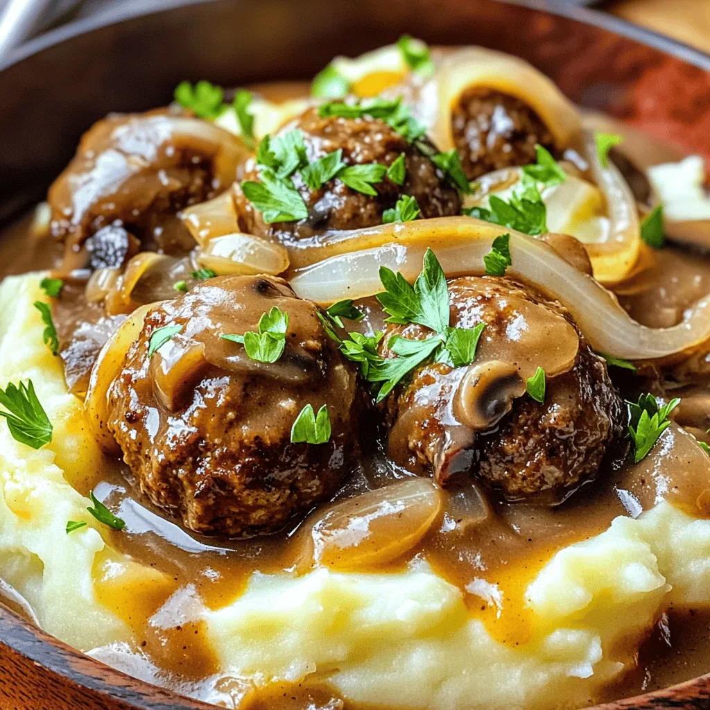 - 1 pound ground beef - 1/2 cup breadcrumbs - 1/4 cup grated Parmesan cheese - 1 large egg - 1 teaspoon garlic powder - 1 teaspoon onion powder - Salt and pepper to taste - 1 tablespoon Worcestershire sauce - 1 medium onion, sliced - 2 cups beef broth - 2 cups sliced mushrooms - 2 tablespoons cornstarch mixed with 2 tablespoons water (for thickening) The heart of this dish is the meatball mixture. Using ground beef gives it a rich flavor. The breadcrumbs and Parmesan cheese add the perfect texture. The egg binds everything together. Garlic powder and onion powder boost the flavor. Worcestershire sauce adds a nice depth. - Fresh parsley for garnish - Other herbs and spices You can add fresh parsley to brighten up the dish. Feel free to use your favorite herbs and spices. They can add a personal touch to the meatballs. - Slow cooker - Mixing bowl - Measuring cups and spoons Having the right tools is key. A slow cooker makes cooking easy and hands-off. A mixing bowl helps combine the ingredients well. Measuring cups and spoons ensure you get the right amounts for each ingredient. For the full recipe, head to the main section. Enjoy creating this tasty dish! First, grab a large bowl. In this bowl, combine the ground beef, breadcrumbs, Parmesan cheese, egg, garlic powder, onion powder, Worcestershire sauce, salt, and pepper. Use your hands to mix everything until it's well blended. This helps the flavors come together. Next, form the mixture into meatballs. Aim for golf ball sizes, about 1.5 inches in diameter. This size cooks evenly and stays juicy. Now it's time to prepare the slow cooker. Start by layering the sliced onions and mushrooms at the bottom. This creates a flavorful base for the meatballs. Once the veggies are ready, place the meatballs on top. Try to space them out evenly. This way, they cook properly and soak up all the great flavors. Pour the beef broth over the meatballs. Make sure they are mostly submerged. This broth adds moisture and flavor while cooking. Next, cover the slow cooker with its lid. You can cook on low for 6-8 hours or on high for 3-4 hours. Both options yield tender meatballs. When they’re done, the meatballs should be fully cooked and soft. About 30 minutes before serving, mix cornstarch with water until smooth. Stir this into the slow cooker to thicken the sauce. Cover and let it finish cooking. Once done, carefully remove the meatballs and vegetables. Enjoy your delicious meal! For the full recipe, refer to the earlier section. For the best taste, season your meatball mixture well. Use salt, pepper, and Worcestershire sauce. This sauce adds a rich, savory note. Garlic and onion powder also boost flavor. Be sure to mix well, so the flavors blend together. To enhance the gravy flavor, add more beef broth. You can also stir in a bit of soy sauce. A splash of red wine works wonders too. These small tweaks can elevate your dish, making it truly special. To ensure even cooking, arrange the meatballs in a single layer. This helps them cook uniformly and soak up flavor. Avoid overcrowding the slow cooker. If you have many meatballs, cook them in batches. To thicken the sauce properly, use cornstarch mixed with water. Stir it in about 30 minutes before serving. This will give your gravy the right consistency. A good sauce clings to the meatballs and adds richness. For the best sides, try creamy mashed potatoes or buttered noodles. These dishes complement the rich gravy well. Roasted vegetables also pair nicely for a balanced meal. For presentation, serve the meatballs on a bed of potatoes or noodles. Drizzle the thickened gravy over the top. Finish with a sprinkle of fresh parsley for color. This makes your dish look inviting and appetizing. {{image_2}} You can easily swap ground beef for ground turkey or chicken. These lean meats still pack flavor, but they are lighter. If you prefer a vegetarian or vegan meal, use lentils or black beans. These options create hearty meatballs that are just as satisfying. Want to change up the flavor? Add BBQ sauce for a sweet twist. Tomato sauce gives a classic taste. You can also play with spices like paprika or chili powder for a kick. Each sauce can transform your dish and keep it exciting. Feel free to get creative with the veggies. Carrots, bell peppers, and zucchini work well. You can adjust your choices based on what’s in season. This makes your meal fresh and vibrant while adding more nutrients. To store your homemade meatballs, let them cool first. Place the meatballs in an airtight container. Add a bit of the gravy to keep them moist. You can keep them in the fridge for up to three days. If you want to save them longer, freezing works great. Portion the meatballs into freezer bags, removing as much air as possible. Freeze them for up to three months for the best taste. When it's time to enjoy your leftovers, you have a couple of choices. The microwave is quick and easy. Heat the meatballs in short bursts, stirring in between. If you want to keep them juicy, use the slow cooker. Place the meatballs in on low heat with a splash of broth. This method takes longer but keeps them tender and flavorful. For safe storage, meatballs last three to four days in the fridge. In the freezer, they can stay good for about three months. Always check for signs of spoilage before you eat. Look for an off smell or a change in color. If anything seems off, it's best to toss them out. For the best results, cook Salisbury steak meatballs for 6-8 hours on low or 3-4 hours on high. This slow cooking allows the flavors to blend well. The meatballs will become tender and soak up the rich broth. Yes, you can prep the meatballs and store them in the fridge. Mix all the ingredients, form the meatballs, and place them in the slow cooker. You can then add the broth and vegetables later. This step saves time when you are ready to cook. Pair these meatballs with a variety of sides. Creamy mashed potatoes are a classic choice. Egg noodles also work great. You might also enjoy them with rice or steamed veggies for a balanced meal. To keep your meatballs intact, make sure to bind them well. Use breadcrumbs and mix everything thoroughly. Avoid overhandling the meat mixture. Cook gently in the slow cooker to maintain their shape. To make this dish gluten-free, replace regular breadcrumbs with gluten-free options. You can use almond flour or crushed gluten-free crackers instead. Just ensure that all other ingredients, like Worcestershire sauce, are gluten-free as well. For the complete recipe, don’t forget to check out the Full Recipe. You learned how to make Salisbury steak meatballs in a slow cooker. We covered the key ingredients, necessary tools, and step-by-step instructions. I shared tips for great flavor and cooking, plus ways to customize your dish. Feel free to experiment with different meats, sauces, and veggies. Don’t forget proper storage and reheating tips to enjoy leftovers. Try this recipe for a tasty, easy meal your family will love!