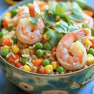 - 1 cup jasmine rice (cooked and cooled) - 12 oz shrimp, peeled and deveined - 2 tablespoons vegetable oil - 2 eggs, lightly beaten - 1 cup mixed vegetables (peas, carrots, and corn) - 3 green onions, finely sliced - 2 cloves garlic, minced - 2 tablespoons soy sauce - 1 tablespoon sesame oil - 1 teaspoon ginger, grated - Salt and pepper to taste - Fresh cilantro for garnish (optional) To make shrimp fried rice, you need fresh and tasty ingredients. Using jasmine rice gives the dish a lovely smell and texture. Make sure your rice is cooked and cooled before you start. This helps avoid sticky rice. The shrimp adds protein and flavor. You can buy pre-peeled shrimp for ease. The mix of peas, carrots, and corn brings color and nutrients. Green onions add a fresh crunch. Garlic and ginger give a nice kick. Soy sauce and sesame oil are key for flavor. They make the rice savory and rich. Don’t forget to season with salt and pepper. If you like, use fresh cilantro to garnish your dish. This adds a pop of color and freshness. - Large skillet or wok - Spatula - Measuring cups and spoons Having the right tools is important. A large skillet or wok helps cook everything evenly. A spatula will help you stir well. Make sure you have measuring cups and spoons to get the amounts just right. The shrimp fried rice is a balanced meal. Each serving has roughly 350 calories. You also get about 20 grams of protein and 40 grams of carbs. The fats are around 10 grams, mostly from the oil. This dish is filling and tasty, perfect for lunch or dinner. For the full recipe, check out the detailed steps to make your shrimp fried rice. First, heat 1 tablespoon of vegetable oil in a large skillet over medium-high heat. Add the shrimp to the pan. Cook the shrimp for about 2-3 minutes until they turn pink and opaque. Once they are ready, remove the shrimp from the skillet and set them aside. In the same skillet, pour in the beaten eggs. Scramble the eggs well until they are fully cooked. Once done, take the eggs out and set them with the shrimp. Now, add the remaining tablespoon of vegetable oil to the skillet. Toss in minced garlic, grated ginger, and one cup of mixed vegetables. Sauté them for around 3-4 minutes until the veggies are tender and bright. Next, reduce the heat to medium. Add the cooked and cooled jasmine rice to the skillet. Stir everything well to mix, breaking up any clumps of rice as you go. Pour in 2 tablespoons of soy sauce and 1 tablespoon of sesame oil over the rice mixture. Stir well to coat the rice evenly. Add the cooked shrimp and scrambled eggs back into the pan. Mix everything thoroughly to combine all the flavors. Finally, stir in the sliced green onions. Season with salt and pepper to taste. Cook for another 2-3 minutes until everything is hot. Now you have a delicious shrimp fried rice ready to serve. For the full recipe, check out the previous sections. Using cooled, cooked rice is key. Freshly cooked rice has too much moisture. This moisture makes the rice sticky. Sticky rice does not fry well. You want dry rice for the best texture. Cook your rice a day before, if possible. Spread it out on a tray to cool. This method helps the rice dry out faster. You can change up the proteins or veggies. If you don’t have shrimp, try chicken or tofu. They both work well in fried rice. For veggies, use bell peppers, broccoli, or snap peas. Mix and match to suit your taste. You can even add nuts for crunch. Think about fun side dishes. A light salad can balance the meal. You might want to serve it with spring rolls. For a great look, use vibrant bowls. Garnish the rice with fresh cilantro and extra green onions. This adds color and freshness. You can also add lime wedges for a zesty kick. {{image_2}} If you want a meat-free option, try using tofu instead of shrimp. Tofu soaks up flavors well and adds protein. You can also add more veggies like bell peppers, broccoli, or snap peas. This makes your dish colorful and healthy. Just cut the tofu into cubes and sauté it until golden. Mix it in when you add the rice. You’ll love the taste! For those who enjoy heat, add chili sauce or jalapeños to your fried rice. Start by mixing in a tablespoon of chili sauce when you add the soy sauce. If you prefer fresh heat, chop a few jalapeños and sauté them with the garlic and ginger. This will give your dish a fiery kick! Adjust the amount to match your spice level. Want a sweet twist? Add pineapple! Chop fresh pineapple or use canned chunks. Stir in the pineapple when you combine the rice. The sweetness pairs nicely with the savory flavors. This variation is great for summer or when you crave something different. It brings a tropical vibe to your meal! These variations keep your shrimp fried rice exciting and allow you to play with flavors. Check out the Full Recipe for the basic steps to make your perfect dish. To keep your shrimp fried rice fresh, store it in an airtight container. Make sure it cools down to room temperature first. Place it in the fridge within two hours of cooking. This helps prevent bacteria growth. Leftovers can last about three to four days in the fridge. When reheating, you want to keep the rice fluffy and tasty. Use a skillet over medium heat for the best results. Add a splash of water or soy sauce to keep it moist. Stir often to heat evenly. You can also use the microwave. Cover the dish with a damp paper towel to keep the moisture in. Heat in short bursts, stirring in between. If you want to save your fried rice for later, freezing is a great option. Let it cool completely before freezing. Use freezer-safe bags or containers, and remove as much air as possible. It can stay fresh in the freezer for up to three months. To thaw, place it in the fridge overnight. Reheat it in a skillet for the best taste and texture. Yes, you can use frozen shrimp. Just make sure to thaw them first. Place the shrimp in a bowl of cold water for about 15-20 minutes. This helps to keep them firm. Once thawed, pat them dry with a paper towel before cooking. This step prevents excess moisture in your fried rice. To make shrimp fried rice gluten-free, use tamari instead of soy sauce. Tamari is a gluten-free soy sauce. You can also check the labels on other ingredients. Ensure they do not contain gluten. Most frozen mixed vegetables are gluten-free, but always read the package. The best rice for fried rice is jasmine rice. It has a nice fragrance and a great texture. You can also use long-grain rice or basmati rice. Just make sure the rice is cooked and cooled before you start. This helps to prevent mushiness in your dish. Yes, you can prepare shrimp fried rice in advance. Cook the rice and shrimp ahead of time. Store them separately in the fridge. When ready to eat, just stir-fry everything together. This makes for a quick meal on busy days. This shrimp fried rice recipe combines simple ingredients and easy steps. You learned to cook shrimp, scramble eggs, and sauté vegetables for a tasty dish. We explored variations like vegetarian options and spicy versions. Storing and reheating tips help keep your meal fresh. Enjoy experimenting with your favorite flavors. Make this dish your own and impress your family or guests with your skills. Cook and savor each bite with confidence!