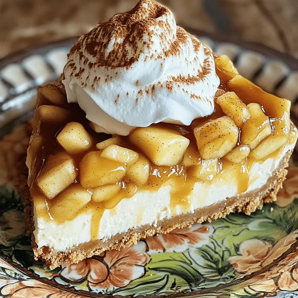- 3 medium apples, peeled, cored, and diced (preferably Granny Smith) - 1 teaspoon lemon juice - 1/2 cup brown sugar - 1 teaspoon ground cinnamon - 1/4 teaspoon nutmeg - 1 tablespoon cornstarch - 1 tablespoon unsalted butter For the apple pie filling, I recommend using Granny Smith apples. They add a nice tartness that balances the sweetness. The lemon juice keeps the apples fresh and bright. The brown sugar, cinnamon, and nutmeg bring warmth and depth to the flavors. - 2 cups cream cheese, softened - 1 cup granulated sugar - 1 teaspoon vanilla extract - 3 large eggs - 1 cup sour cream The cream cheese is key for a rich, smooth texture. Be sure to let it soften so it blends well. The granulated sugar adds sweetness, while the vanilla extract gives a lovely aroma. Sour cream adds creaminess and a slight tang. - 1 1/2 cups graham cracker crumbs - 1/4 cup granulated sugar - 1/2 cup unsalted butter, melted For the crust, graham cracker crumbs create a nice crunch. Mixing them with sugar and melted butter makes a great base. Press it firmly into the pan to ensure it holds together after baking. Following the full recipe will guide you through each step for this delightful dessert. Enjoy making your apple pie stuffed cheesecake! To make the apple pie filling, start by melting the butter in a saucepan over medium heat. Once melted, add in the diced apples, lemon juice, brown sugar, cinnamon, nutmeg, and cornstarch. Stir everything well to mix the flavors. Cook this mixture until the apples become tender, which takes about 5 to 7 minutes. After that, set the filling aside to cool. This step is key, as it keeps the apples from cooking too much in the oven. Next, it's time to make the crust. In a medium bowl, combine the graham cracker crumbs, granulated sugar, and melted butter. Mix these ingredients until they are well combined. Press this mixture evenly into the bottom of a 9-inch springform pan to create a solid layer. Bake the crust in your preheated oven for 10 minutes, then remove it and let it cool slightly. A good crust holds everything together and adds a nice crunch. Now, we move on to assembling the cheesecake. First, pour half of the cheesecake batter over the cooled crust. Next, spoon the cooled apple pie filling evenly on top of this layer. Pour the remaining cheesecake batter over the filling, smoothing the top with a spatula. Finally, place the cheesecake in the oven and bake it for about 60 to 70 minutes. The center should be set but still have a slight jiggle. After baking, turn off the oven and crack the door open. Letting the cheesecake cool in the oven for 1 hour helps prevent cracks. Once cooled, cover it with plastic wrap and refrigerate for at least 4 hours, or overnight for the best results. This chilling step enhances the flavor and texture. For the full recipe, check out the details above. To get a smooth and creamy cheesecake, use room-temperature cream cheese. Cold cream cheese makes lumps. Beat the cream cheese until it is fluffy. This takes about three minutes. Add sugar slowly while mixing. This helps mix better, too. Don't overmix once you add the eggs. You want a smooth batter, but overmixing adds air. Too much air causes cracks when baking. One big mistake is not measuring your ingredients. Use a kitchen scale for accuracy. Another error is baking at the wrong temperature. Make sure your oven is at 325°F. This is key for even cooking. Also, don’t skip the cooling steps. Cooling in the oven helps avoid cracks. Lastly, don't rush the chilling process. A full chill makes your cheesecake firm and creamy. Let your cheesecake cool in the oven first. After baking, crack the door and let it cool for an hour. This helps prevent cracks. Then, wrap it well and chill it for at least four hours. Overnight chilling gives the best flavor and texture. Before serving, let it sit at room temperature for about 30 minutes. This makes each slice easier to cut and enjoy. For extra flair, drizzle caramel sauce on top before serving. For the full recipe, check the details above. {{image_2}} You can switch up your stuffed cheesecake by using other fruits. Try peaches, cherries, or blueberries. These fruits add unique flavors and colors. Each fruit has its own taste profile, so feel free to mix and match. For example, combine apples and cranberries for a tart twist. Just adjust the sugar to balance the flavors. This way, you keep your cheesecake exciting and fresh. Get creative with themes for special occasions. For a holiday, add spices like ginger and nutmeg for a warm flavor. A fall theme can use pumpkin puree mixed with the apple pie filling. For summer, think about a tropical vibe with coconut and pineapple. You can even create a fun birthday cheesecake with colorful sprinkles and chocolate. Themed variations let you express your creativity and impress your guests. If you need gluten-free options, swap regular graham crackers for gluten-free ones. You can use almond flour or oat flour for the crust. For a low-sugar version, replace sugar with natural sweeteners like stevia or monk fruit. These options keep the taste rich without the extra sugar. Always check the labels to ensure everything fits your dietary needs. This way, everyone can enjoy a slice of your delicious cheesecake! For the full recipe, check out the [Full Recipe]. To store leftover cheesecake, first, let it cool completely. Then, cover it tightly with plastic wrap. You can also use an airtight container. This keeps the cheesecake fresh for up to five days in the fridge. If you want to keep it longer, freezing is a great option. You can freeze the cheesecake for up to three months. To do this, slice the cheesecake and wrap each piece in plastic wrap. Then, place the wrapped pieces in a freezer-safe bag. Make sure to label the bag with the date. This helps you know when to enjoy your delicious dessert. To reheat a frozen slice, take it out and let it sit in the fridge overnight. This helps it thaw slowly. If you're in a hurry, you can use the microwave. Heat it on low power for 20-30 seconds. Be careful not to overheat. Enjoy your tasty treat at room temperature or slightly warm. Apple Pie Stuffed Cheesecake can last in the fridge for about 5 to 7 days. Store it in an airtight container to keep it fresh. If you want to save it longer, you can freeze it. In the freezer, it can last up to 3 months. Just wrap it well to prevent freezer burn. Yes, you can make this cheesecake a day or two ahead of time. It actually tastes better after chilling overnight. Just make sure to cover it tightly with plastic wrap. This helps keep it moist and flavorful. You can serve this cheesecake with whipped cream on top. A drizzle of caramel sauce makes it even better. You can also add a sprinkle of cinnamon or serve it with vanilla ice cream. Fresh apple slices can add a nice touch too. For more ideas, check out the Full Recipe for Apple Pie Stuffed Cheesecake. You now know how to make a tasty Apple Pie Stuffed Cheesecake. We covered the key ingredients, step-by-step baking, and useful tips to avoid mistakes. Remember to try different flavors and options, like gluten-free versions. Proper storage helps keep your cheesecake fresh longer. Enjoy sharing this sweet treat! It’s perfect for any gathering. Happy baking!
