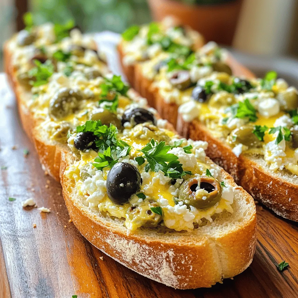 - 1 large French baguette - 1 cup pitted green olives, chopped - 1 cup pitted black olives, chopped - 2 cups shredded mozzarella cheese - 1 cup crumbled feta cheese - 3 tablespoons olive oil - 2 cloves garlic, minced - 1 teaspoon dried oregano - 1 teaspoon red pepper flakes (optional) - Salt and pepper to taste - Fresh parsley, chopped (for garnish) To make this olive cheese bread, you need some simple yet flavorful ingredients. Start with a large French baguette. Its crusty outside and soft inside make it perfect for holding toppings. Next, you’ll need olives. I like to use both green and black olives for a mix of flavors. They add a nice briny taste. The cheese is key here. Mozzarella gives you that gooey stretch, while feta adds a tangy kick. For the extra flavor, we include garlic and oregano. Garlic adds depth, and oregano brings a nice herb note. If you like a bit of heat, sprinkle in some red pepper flakes. Don’t forget salt and pepper to taste. Finally, a drizzle of olive oil helps everything blend together. Once baked, top with fresh parsley for a bright finish. This dish is tasty, simple, and perfect for sharing. If you want to follow along step-by-step, check out the Full Recipe. - Preheat the oven to 375°F (190°C). - Slice the baguette in half lengthwise. This helps the bread crisp up nicely. - Combine olives, cheeses, garlic, olive oil, oregano, and spices in a bowl. - Use a spatula to mix well. You want every bite packed with flavor. - Spread the filling generously over the cut sides of the baguette. Make sure to cover all the bread. - Bake in the preheated oven for about 15 to 20 minutes. Look for the cheese to get bubbly and slightly golden. - Remove from the oven and let cool for a few minutes. This helps prevent burns when serving. - Garnish with chopped fresh parsley before serving. It adds color and freshness. This olive cheese bread is a crowd-pleaser. You can find the Full Recipe for all the details to make it perfect! To make your olive cheese bread shine, use a mix of cheese. Mozzarella gives it that gooey texture. Feta adds a nice tang. Together, they create a rich flavor. You can also adjust the seasoning. Taste as you mix the filling. If you love spice, add more red pepper flakes. For a milder taste, skip them. Everyone's taste is different, so find what you love! Presentation matters for any dish. Consider garnishing your olive cheese bread with fresh herbs. Chopped parsley looks great and adds color. Serve it warm right from the oven. Warm bread tastes best and melts the cheese perfectly. For an extra touch, add a small bowl of olives on the side. This makes your dish look inviting. Enjoy each bite with friends and family! {{image_2}} You can change the taste of your olive cheese bread easily. Try using different olives. Kalamata olives add a rich flavor. Green olives give a nice tang. You can also swap cheeses. Use sharp cheddar for a twist or creamy goat cheese for a smooth texture. Adding toppings can make it even better. Sun-dried tomatoes add sweetness. Artichokes give a nice, earthy taste. These swaps keep the recipe fresh and exciting. If you need gluten-free options, use a gluten-free baguette. This way, everyone can enjoy it. For vegan friends, swap the cheeses with plant-based versions. There are great vegan mozzarella and feta options available. This dish can fit many diets while still being delicious. With these adjustments, your olive cheese bread can cater to any guest. Store your olive cheese bread at room temperature for short trips. Wrap it in foil or plastic wrap. This keeps the bread from getting hard. It stays fresh for about two days. For longer storage, put it in the fridge. However, the bread may lose some crispiness. Wrap it tightly in plastic wrap or foil. It can last up to a week in the fridge. Just remember, the flavor is best when it's fresh. To reheat, use an oven for the best taste. Preheat your oven to 350°F (175°C). Place the bread on a baking sheet. Heat it for about 10 minutes. This brings back the crisp texture. You can also use a microwave, but it may not keep the bread crispy. Heat it in short bursts of 15 seconds. Check on it often to avoid making it soggy. Enjoy your olive cheese bread warm for the best flavor! How to make olive cheese bread? To make olive cheese bread, start with a large French baguette. Slice it in half lengthwise. In a bowl, mix chopped green and black olives with mozzarella and feta cheese. Add minced garlic, olive oil, oregano, and spices. Spread this mixture on the bread and bake at 375°F for 15-20 minutes. The cheese should be bubbly and golden. Can I make it ahead of time? Yes, you can make olive cheese bread ahead of time. Prepare the filling and spread it on the bread. Then, cover and store in the fridge. Bake it just before serving for the best taste. What dips pair well with olive cheese bread? Olive cheese bread tastes great with dips like hummus, tzatziki, or a simple olive oil and balsamic vinegar mix. These dips add extra flavor and make your appetizer spread more exciting. Why is my cheese not melting properly? If your cheese isn't melting, it may be too cold. Ensure the cheese is at room temperature before mixing. Also, using low-moisture mozzarella helps it melt better. What to do if the bread is too hard after baking? If the bread turns out too hard, try slicing it thinner next time. You can also brush it with a bit more olive oil before baking to keep it softer. Consider baking for a shorter time if needed. This blog post covered how to make delicious olive cheese bread. You learned about the main and additional ingredients needed, plus step-by-step instructions for perfecting the dish. I shared tips for serving and variations for different diets too. In conclusion, this recipe is simple and offers room for creativity. Whether you stick to the basics or make changes, you can enjoy a tasty treat. Enjoy baking and sharing this dish with friends and family!