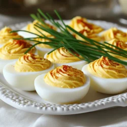 - 6 large eggs - 3 tablespoons mayonnaise - 1 teaspoon Dijon mustard - 1 teaspoon apple cider vinegar - 1/2 teaspoon garlic powder - 1/4 teaspoon smoked paprika - Salt and pepper to taste - Chives or parsley for garnish To make classic deviled eggs, gather these simple ingredients. Each one plays a key role in the flavor and texture. The eggs are the base, while the mayonnaise adds creaminess. Dijon mustard brings a nice tang, and apple cider vinegar adds brightness. Garlic powder gives depth, while smoked paprika adds a hint of smokiness. Finally, season with salt and pepper to your taste. Chives or parsley add a fresh touch and color. - Saucepan for boiling eggs - Mixing bowl - Fork for mashing - Spoon or piping bag for filling Having the right tools makes cooking easier. A saucepan is essential for boiling the eggs. A mixing bowl helps combine the ingredients smoothly. Use a fork to mash the yolks well. To fill the egg whites, use a spoon or a piping bag for a neat finish. These tools help create a dish that looks and tastes great. - Boil the eggs: Place 6 large eggs into a saucepan. Cover them with water. Heat over medium-high heat until the water boils. Once boiling, cover the pot and take it off the heat. Let the eggs sit for 12 to 15 minutes. This method gives you perfect hard-boiled eggs. - Transfer to ice water to cool: After the eggs sit, carefully move them to a bowl of ice water. Let them cool for about 5 minutes. This step helps you peel the eggs easily. - Peeling the eggs: Take the cooled eggs and tap them gently on a hard surface. Start peeling them under running water. The water helps remove the shell and keeps the eggs smooth. Pat them dry with a paper towel when done. - Mixing the yolks with other ingredients: Slice the eggs in half lengthwise. Use a spoon to scoop out the yolks into a mixing bowl. Add 3 tablespoons of mayonnaise, 1 teaspoon of Dijon mustard, 1 teaspoon of apple cider vinegar, 1/2 teaspoon of garlic powder, and 1/4 teaspoon of smoked paprika to the yolks. Season with salt and pepper to taste. Use a fork to mash the yolk mixture until it is smooth and creamy. - Filling the egg whites: Take the yolk mixture and spoon or pipe it back into the egg whites. Be generous when filling. Each bite should be creamy and flavorful. - Garnishing with smoked paprika and herbs: Finally, sprinkle a bit of smoked paprika on top. You can also add finely chopped chives or parsley for color and taste. This adds a nice touch to your deviled eggs. Make sure to check the Full Recipe for all the details. Enjoy your delicious classic deviled eggs! To get perfect hard-boiled eggs, boil them for 12-15 minutes. This time gives you firm yolks and whites. To avoid gray rings around the yolks, cool the eggs quickly. Transfer them to ice water right after boiling. This stops the cooking process and keeps the color bright. Peeling boiled eggs can be tricky. The best method is to crack the shells gently and peel them under running water. The water helps remove the shells easily. Cooling is crucial for easy peeling. The ice bath firms the egg white and separates it from the shell. To boost flavor, add extra spices like cayenne pepper or paprika. You can mix in fresh herbs for a fresh touch. Chopped chives or dill add brightness. For a twist, try adding some crispy bacon bits or a splash of hot sauce. These small changes will make your deviled eggs pop with flavor. For the full recipe, check out the details above. {{image_2}} To add heat, try using hot sauce or diced jalapeños. A few drops of your favorite hot sauce can wake up the flavors. If you love spice, mix in chopped jalapeños with the yolk filling. This gives your deviled eggs a nice kick. Adjust the heat to suit your taste. Get creative with toppings! Instead of the usual garnish, try bacon bits or crumbled feta cheese. Bacon adds a crunchy texture and a savory flavor. Feta brings a tangy twist. You can also use pickled onions or fresh herbs for a fresh touch. These toppings can make your deviled eggs stand out at any gathering. For a lighter version, swap out mayonnaise. You can use Greek yogurt or mashed avocado instead. Greek yogurt gives a creamy texture with fewer calories. Avocado adds healthy fats and a rich flavor. Both options keep your deviled eggs tasty and nutritious. With these swaps, you can enjoy a guilt-free snack. Explore these variations and make your deviled eggs your own! For the full recipe, check out the Devilishly Good Deviled Eggs. To keep deviled eggs fresh, store them in the fridge. Place them in an airtight container. If you do not have a container, cover them with plastic wrap. This will help prevent them from drying out. Keep your deviled eggs in the coldest part of the fridge. This helps maintain their creamy texture and flavor. Deviled eggs can last about 3 to 4 days in the fridge. After that, they may spoil. Check for any off smells or changes in texture. If they look or smell bad, it’s best to toss them. Always remember to keep them chilled until you are ready to serve. You should not freeze deviled eggs. Freezing can change their texture and flavor. The filling may separate or become watery when thawed. If you want to prepare ahead, make the filling and store it separately. You can freeze the egg whites, but they won’t taste as good when thawed. For best results, always serve deviled eggs fresh. Check out the Full Recipe for tips on making the perfect filling. You can use Greek yogurt, avocado, or hummus instead of mayonnaise. Each option adds its own flavor and texture. Greek yogurt gives a creamy touch with a tangy taste. Avocado provides richness and a slight green hue. Hummus adds a unique taste and smoothness. Mix in mustard and spices for flavor. This way, you can enjoy deviled eggs while keeping it light and healthy! Fresh eggs are great for cooking, but older eggs peel easier. When eggs age, the pH level changes, making the shells less sticky. If you want smooth peels, buy your eggs a week in advance. You’ll find that they come off cleanly! For the best results, use eggs that are about a week old. Yes, you can make deviled eggs ahead of time! Prepare the eggs and filling separately. Store the whites and filling in the fridge. Fill the eggs just before serving to keep them fresh. Use an airtight container to protect them from odors. This method saves time when hosting or enjoying a meal. This blog post shared a simple guide to make delicious deviled eggs. We covered all the key ingredients and tools you need. I walked you through cooking the eggs, preparing the filling, and assembling the dish. I also shared tips for perfect boiling and easy peeling. With flavor variations and storage info, you can easily customize your deviled eggs. Remember, these tasty bites are perfect for any gathering. Now, grab your ingredients and make some deviled eggs that everyone will love!