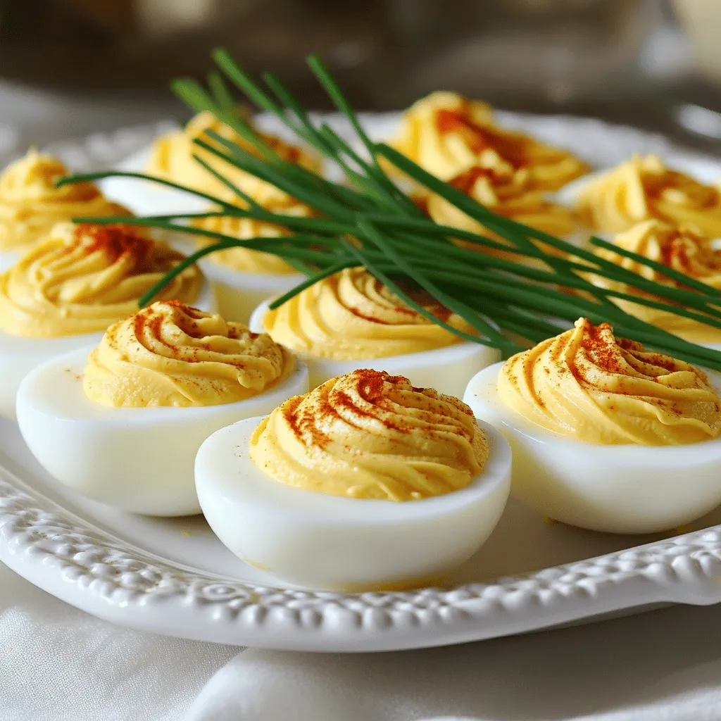 - 6 large eggs - 3 tablespoons mayonnaise - 1 teaspoon Dijon mustard - 1 teaspoon apple cider vinegar - 1/2 teaspoon garlic powder - 1/4 teaspoon smoked paprika - Salt and pepper to taste - Chives or parsley for garnish To make classic deviled eggs, gather these simple ingredients. Each one plays a key role in the flavor and texture. The eggs are the base, while the mayonnaise adds creaminess. Dijon mustard brings a nice tang, and apple cider vinegar adds brightness. Garlic powder gives depth, while smoked paprika adds a hint of smokiness. Finally, season with salt and pepper to your taste. Chives or parsley add a fresh touch and color. - Saucepan for boiling eggs - Mixing bowl - Fork for mashing - Spoon or piping bag for filling Having the right tools makes cooking easier. A saucepan is essential for boiling the eggs. A mixing bowl helps combine the ingredients smoothly. Use a fork to mash the yolks well. To fill the egg whites, use a spoon or a piping bag for a neat finish. These tools help create a dish that looks and tastes great. - Boil the eggs: Place 6 large eggs into a saucepan. Cover them with water. Heat over medium-high heat until the water boils. Once boiling, cover the pot and take it off the heat. Let the eggs sit for 12 to 15 minutes. This method gives you perfect hard-boiled eggs. - Transfer to ice water to cool: After the eggs sit, carefully move them to a bowl of ice water. Let them cool for about 5 minutes. This step helps you peel the eggs easily. - Peeling the eggs: Take the cooled eggs and tap them gently on a hard surface. Start peeling them under running water. The water helps remove the shell and keeps the eggs smooth. Pat them dry with a paper towel when done. - Mixing the yolks with other ingredients: Slice the eggs in half lengthwise. Use a spoon to scoop out the yolks into a mixing bowl. Add 3 tablespoons of mayonnaise, 1 teaspoon of Dijon mustard, 1 teaspoon of apple cider vinegar, 1/2 teaspoon of garlic powder, and 1/4 teaspoon of smoked paprika to the yolks. Season with salt and pepper to taste. Use a fork to mash the yolk mixture until it is smooth and creamy. - Filling the egg whites: Take the yolk mixture and spoon or pipe it back into the egg whites. Be generous when filling. Each bite should be creamy and flavorful. - Garnishing with smoked paprika and herbs: Finally, sprinkle a bit of smoked paprika on top. You can also add finely chopped chives or parsley for color and taste. This adds a nice touch to your deviled eggs. Make sure to check the Full Recipe for all the details. Enjoy your delicious classic deviled eggs! To get perfect hard-boiled eggs, boil them for 12-15 minutes. This time gives you firm yolks and whites. To avoid gray rings around the yolks, cool the eggs quickly. Transfer them to ice water right after boiling. This stops the cooking process and keeps the color bright. Peeling boiled eggs can be tricky. The best method is to crack the shells gently and peel them under running water. The water helps remove the shells easily. Cooling is crucial for easy peeling. The ice bath firms the egg white and separates it from the shell. To boost flavor, add extra spices like cayenne pepper or paprika. You can mix in fresh herbs for a fresh touch. Chopped chives or dill add brightness. For a twist, try adding some crispy bacon bits or a splash of hot sauce. These small changes will make your deviled eggs pop with flavor. For the full recipe, check out the details above. {{image_2}} To add heat, try using hot sauce or diced jalapeños. A few drops of your favorite hot sauce can wake up the flavors. If you love spice, mix in chopped jalapeños with the yolk filling. This gives your deviled eggs a nice kick. Adjust the heat to suit your taste. Get creative with toppings! Instead of the usual garnish, try bacon bits or crumbled feta cheese. Bacon adds a crunchy texture and a savory flavor. Feta brings a tangy twist. You can also use pickled onions or fresh herbs for a fresh touch. These toppings can make your deviled eggs stand out at any gathering. For a lighter version, swap out mayonnaise. You can use Greek yogurt or mashed avocado instead. Greek yogurt gives a creamy texture with fewer calories. Avocado adds healthy fats and a rich flavor. Both options keep your deviled eggs tasty and nutritious. With these swaps, you can enjoy a guilt-free snack. Explore these variations and make your deviled eggs your own! For the full recipe, check out the Devilishly Good Deviled Eggs. To keep deviled eggs fresh, store them in the fridge. Place them in an airtight container. If you do not have a container, cover them with plastic wrap. This will help prevent them from drying out. Keep your deviled eggs in the coldest part of the fridge. This helps maintain their creamy texture and flavor. Deviled eggs can last about 3 to 4 days in the fridge. After that, they may spoil. Check for any off smells or changes in texture. If they look or smell bad, it’s best to toss them. Always remember to keep them chilled until you are ready to serve. You should not freeze deviled eggs. Freezing can change their texture and flavor. The filling may separate or become watery when thawed. If you want to prepare ahead, make the filling and store it separately. You can freeze the egg whites, but they won’t taste as good when thawed. For best results, always serve deviled eggs fresh. Check out the Full Recipe for tips on making the perfect filling. You can use Greek yogurt, avocado, or hummus instead of mayonnaise. Each option adds its own flavor and texture. Greek yogurt gives a creamy touch with a tangy taste. Avocado provides richness and a slight green hue. Hummus adds a unique taste and smoothness. Mix in mustard and spices for flavor. This way, you can enjoy deviled eggs while keeping it light and healthy! Fresh eggs are great for cooking, but older eggs peel easier. When eggs age, the pH level changes, making the shells less sticky. If you want smooth peels, buy your eggs a week in advance. You’ll find that they come off cleanly! For the best results, use eggs that are about a week old. Yes, you can make deviled eggs ahead of time! Prepare the eggs and filling separately. Store the whites and filling in the fridge. Fill the eggs just before serving to keep them fresh. Use an airtight container to protect them from odors. This method saves time when hosting or enjoying a meal. This blog post shared a simple guide to make delicious deviled eggs. We covered all the key ingredients and tools you need. I walked you through cooking the eggs, preparing the filling, and assembling the dish. I also shared tips for perfect boiling and easy peeling. With flavor variations and storage info, you can easily customize your deviled eggs. Remember, these tasty bites are perfect for any gathering. Now, grab your ingredients and make some deviled eggs that everyone will love!