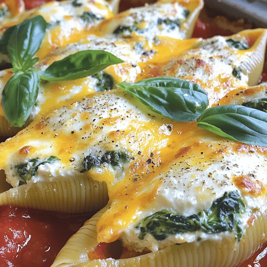 To make cheesy spinach stuffed shells, you will need: - 20 jumbo pasta shells - 2 cups fresh spinach, chopped - 1 cup ricotta cheese - 1 cup shredded mozzarella cheese - 1/2 cup grated Parmesan cheese - 1 large egg - 2 cloves garlic, minced - 1 teaspoon dried Italian herbs (oregano, basil, thyme) - Salt and pepper to taste - 2 cups marinara sauce - 1 tablespoon olive oil - Fresh basil leaves for garnish You can swap some ingredients for different flavors. Replace ricotta with cottage cheese for a lighter taste. Use goat cheese instead for a tangy twist. If you want more veggies, add mushrooms or bell peppers. For a dairy-free option, try cashew cheese. Fresh ingredients make a big difference in flavor. Look for bright green spinach without spots. Check if the pasta shells are intact and not broken. When buying cheese, choose whole milk varieties for creaminess. Local farmers' markets often have fresh herbs. This way, you ensure your dish is vibrant and tasty. To make cheesy spinach stuffed shells, start by preheating your oven to 375°F (190°C). Boil 20 jumbo pasta shells in salted water. Cook until they are al dente, then drain and let them cool. In a skillet, heat 1 tablespoon of olive oil over medium heat. Add 2 minced garlic cloves and cook for about one minute. Next, add 2 cups of chopped spinach. Cook until the spinach wilts, which takes around 2 to 3 minutes. Remove the skillet from heat and let the spinach cool a bit. In a bowl, mix 1 cup of ricotta, 1/2 cup of mozzarella, 1/2 cup of grated Parmesan, and 1 large egg. Add the sautéed spinach, 1 teaspoon of dried Italian herbs, and some salt and pepper. Stir the mixture until it's well combined. Spread 1 cup of marinara sauce on the bottom of a 9x13 inch baking dish. Now, stuff each jumbo shell with the cheese and spinach mix. Place the stuffed shells into the baking dish. Pour the remaining marinara sauce over the shells, and top with the rest of the mozzarella cheese. Cover the dish with aluminum foil, then bake for 25 minutes. After that, remove the foil and bake for another 10 minutes. The cheese should be bubbly and golden. Allow it to cool for a few minutes before serving. If you like, garnish with fresh basil leaves to add a nice touch. To ensure your cheesy spinach stuffed shells turn out great, attention to detail is key. The first step is to watch the pasta. Cook it just until it’s al dente. Overcooking will make the shells too soft to hold the filling. Next, sauté the garlic and spinach. This step adds depth to the flavor. Always let the mixture cool slightly before stuffing the shells. This prevents burning your fingers and ensures the cheese melts perfectly during baking. When you stuff the shells, be gentle. You want them full but not bursting. Finally, covering the dish with foil traps moisture. This keeps the shells from drying out while baking. A visual guide can help you see each step clearly. When you boil the shells, they should look firm but not hard. The sautéed spinach should be bright green and wilted. When mixing the cheese, aim for a creamy texture. As you stuff the shells, each should resemble a little pillow full of goodness. Before baking, your dish should look vibrant with red marinara and white cheese. After baking, the cheese should be bubbly and slightly golden. A picture of the final dish can inspire you to dig in. For an added touch, fresh basil leaves on top will make it look restaurant-worthy. For the full recipe, check the details in the earlier sections. To keep your pasta shells firm, cook them only until al dente. Follow the package instructions closely. Start checking them a couple of minutes before the time ends. Drain them right away and rinse with cold water. This stops the cooking process. If you let them sit in hot water, they will turn mushy. Seasoning is key to making these shells pop with flavor. I suggest adding salt and pepper to your cheese mixture. Also, consider fresh herbs like basil or parsley for an extra boost. You can even mix in a pinch of red pepper flakes for some heat. Use quality marinara sauce, as it adds depth. A good sauce makes a big difference. To make your dish look appealing, layer the marinara sauce on the bottom of the baking dish. After stuffing the shells, arrange them neatly. Pour more sauce on top and sprinkle with mozzarella cheese. Once baked, let them cool slightly. Garnish with fresh basil leaves for a bright finish. Serve with a side salad for a complete meal. For the full recipe, check out the previous section. {{image_2}} You can switch up the cheeses in this dish. Try using goat cheese for a tangy taste. Feta cheese adds a salty kick that works well too. For a creamier filling, use mascarpone instead of ricotta. Each cheese brings its own unique flavor, making your stuffed shells special. You can boost the nutrition by adding proteins or extra veggies. Cooked chicken, ground turkey, or even sausage can make these shells heartier. If you like more veggies, try adding mushrooms or bell peppers to the filling. This not only adds flavor but also makes the dish more colorful. Baking is my favorite way to cook these stuffed shells. It gives the cheese a nice, bubbly crust. However, you can also cook them on the stovetop. Just simmer the shells in a pan with marinara sauce until heated through. Both methods work well, so choose what fits your time and taste. For the complete recipe, check out the Full Recipe. To keep your cheesy spinach stuffed shells fresh, store them in an airtight container. Make sure they cool to room temperature before sealing. This helps avoid sogginess and keeps the flavors intact. You can store them in the fridge for up to three days. When reheating, preheat your oven to 350°F (175°C). Place the shells in a baking dish and cover them with foil. This keeps the shells moist. Heat for about 15 to 20 minutes. You can also add a splash of marinara sauce on top to enhance the moisture. If you prefer using a microwave, cover the dish with a damp paper towel. This keeps the steam in and prevents drying out. If you want to freeze stuffed shells, do it before baking. Place them in a single layer on a baking sheet. Freeze until firm, then transfer to a freezer-safe container. They can last up to three months in the freezer. To bake, let them thaw overnight in the fridge. Then, add a bit more marinara sauce and bake as usual. Enjoy your delicious meal later without losing flavor! For the full recipe, check out the Cheesy Spinach Stuffed Shells section. Cheesy Spinach Stuffed Shells stay fresh for about three to five days in the fridge. Store them in an airtight container to keep them safe from air and moisture. Always check for any signs of spoilage before eating. If they smell off or look strange, it’s best to toss them out. Yes, you can make these stuffed shells ahead of time. Prepare them, then cover and refrigerate them for up to a day before baking. This makes it easy to enjoy a warm meal on a busy day. Just remember to bake them longer if they are cold from the fridge. To reheat Cheesy Spinach Stuffed Shells, use the oven for the best results. Preheat the oven to 350°F (175°C). Place the shells in a baking dish and cover with foil. Heat for about 20 minutes or until warm. You can also use the microwave, but this may make the pasta a bit soft. Enjoy these shells hot for the best taste! You learned about the ingredients and steps for making Cheesy Spinach Stuffed Shells. I shared tips for cooking, storing, and serving these delicious shells. Remember, you can tweak the recipe to suit your taste. Try different cheeses, add meat, or change how you cook them. With these ideas, you can impress anyone with your dish. Enjoy your cooking adventure!