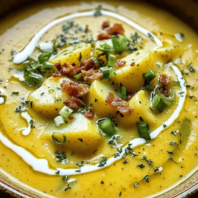To make Cajun Potato Soup, gather these fresh ingredients: - 4 large russet potatoes, peeled and diced - 1 medium onion, finely chopped - 2 cloves garlic, minced - 1 bell pepper (any color), chopped - 2 stalks celery, diced - 4 cups vegetable broth - 1 cup heavy cream (or coconut cream for a dairy-free option) - 2 tablespoons Cajun seasoning - 1 teaspoon smoked paprika - 1 tablespoon olive oil - Salt and pepper to taste - ¼ cup green onions, sliced (for garnish) - ¼ cup crispy bacon bits (optional, for topping) Cajun seasoning and smoked paprika are essential. They give the soup its warm and spicy flavor. If you like it spicy, add a bit more seasoning. For toppings, green onions add a fresh crunch. Bacon bits give a nice salty bite, but they are optional. Check out the full recipe for step-by-step instructions and tips. Enjoy your cooking! 1. Sauté the aromatics: Start by heating the olive oil in a large pot over medium heat. Add the chopped onion, minced garlic, chopped bell pepper, and diced celery. Cook for about 5 minutes. You want the veggies to be soft and smell great. Stir them often to avoid burning. 2. Adding potatoes and broth: Next, stir in the diced russet potatoes, vegetable broth, Cajun seasoning, and smoked paprika. Turn up the heat and bring the mix to a boil. Once boiling, lower the heat and let it simmer for about 20 minutes. You want the potatoes to be tender enough to pierce with a fork. 3. Blending for creaminess: After the potatoes are tender, grab your immersion blender. Blend the soup right in the pot until it’s smooth. If you don’t have an immersion blender, pour half of the soup into a traditional blender. Blend it well and return it to the pot. This gives you that creamy texture everyone loves. 1. Stirring in the cream: Now, it’s time to add the heavy cream. This makes your soup rich and velvety. Stir it in and heat the soup for another 5 minutes. Taste it and add salt and pepper as needed. If you want more spice, adjust the Cajun seasoning. 2. Serving suggestions: Serve the soup in wide bowls for a nice touch. Top each serving with sliced green onions and crispy bacon bits if you like. For a perfect pairing, consider serving crusty bread on the side. It’s great for dipping! For the full recipe, check out the detailed list above! To make your Cajun potato soup just right, focus on the texture. You want it creamy but not too thick. Here are some tips: - Use an immersion blender: This helps you keep some potato chunks for texture while making it creamy. - Adjust the broth: If your soup is too thick, add more vegetable broth to reach the desired consistency. To balance the spices, start with the Cajun seasoning. It packs a punch! Here’s how to enhance the flavor: - Taste as you cook: Add seasoning gradually and taste along the way. This helps you find the perfect heat level. - Add a splash of vinegar: A little acidity can brighten flavors and enhance the spice. When serving your soup, think about sides and presentation to wow your guests. Here are a few ideas: - Perfect sides: Pair the soup with crusty bread or a fresh salad. A simple green salad adds a nice crunch. - Garnish for flair: Top the soup with green onions and crispy bacon bits. They add color and texture. For presentation, use wide bowls. This gives an elegant look. Drizzle some cream on top and sprinkle more green onions for a pop of color. {{image_2}} You can easily change the spice level of your Cajun potato soup. If you like it mild, use less Cajun seasoning. Start with one tablespoon and taste as you go. For a spicy kick, add more seasoning or a pinch of cayenne pepper. You can also add some hot sauce to boost the heat. For a dairy-free option, use coconut cream instead of heavy cream. The coconut adds a subtle sweetness and a rich texture. It works well with the spices and still keeps the soup creamy. Feel free to mix in other vegetables to change the flavor. Carrots, corn, or even spinach can add a nice twist. You can also use sweet potatoes instead of russet potatoes for a sweeter taste. If you want to switch up the broth, try chicken broth for a heartier flavor. You can also use cream alternatives, like almond or oat milk, if you prefer. These swaps keep your soup fresh and exciting while still tasting amazing. For the full recipe, check out the details shared previously. Enjoy exploring these variations! To store leftover Cajun Potato Soup, let it cool first. Pour the soup into an airtight container. Seal it well to keep out air. Place it in the fridge. Leftover soup will stay fresh for about 3 to 4 days. If you want to enjoy it later, make sure to check for any signs of spoilage before eating. For freezing, use a freezer-safe container. Leave some space at the top, as soup expands when frozen. Label the container with the date. The soup can last in the freezer for up to 3 months. When you're ready to eat, move the container to the fridge to thaw overnight. For a quick option, you can thaw it in the microwave. Reheat it on the stove over low heat until it's warm. Stir occasionally to get an even heat. Add some extra cream if it seems too thick after freezing. Enjoy your comforting bowl of Cajun Potato Soup! What can I serve with Cajun Potato Soup? You can serve the soup with crusty bread or cornbread. A side salad also pairs well. Add some spicy sausage for a heartier meal. For a fun twist, try pairing it with a classic gumbo. Can I make this soup vegetarian or vegan? Yes! To make it vegetarian, use vegetable broth and skip the bacon. For a vegan version, replace heavy cream with coconut cream. Make sure your Cajun seasoning is vegan too, as some blends may contain animal products. How long does Cajun Potato Soup last in the fridge? Cajun Potato Soup lasts about 3 to 4 days in the fridge. Store it in an airtight container for the best results. Always reheat it thoroughly before serving. How to scale the recipe for larger servings? If you want to make more soup, double or triple the ingredients. Keep the same cooking times but check the potatoes for doneness. A larger pot can help prevent spills. Can I use instant potatoes instead of fresh? Yes, you can use instant potatoes. They will cook faster, so add them after sautéing the aromatics. Follow the package instructions for the right water amounts. What if I don't have Cajun seasoning? If you don’t have Cajun seasoning, mix paprika, garlic powder, and cayenne pepper. This blend can mimic the flavors well. Adjust the spice levels to match your taste preferences. For the complete preparation guide, check out the [Full Recipe]. Cajun Potato Soup blends bright flavors and easy steps. You learned about key ingredients, from potatoes to spices. I walked you through preparation, blending for creaminess, and final touches. The tips enhance your cooking and serving experience. You discovered variations for any taste and helpful storage methods for leftovers. In closing, this soup is more than just comfort food; it’s a creative dish for all. Enjoy making it your own!